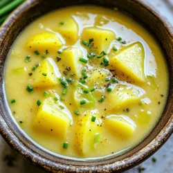 - 4 large Yukon Gold potatoes, peeled and diced - 3 leeks, cleaned and sliced (white and light green parts only) - 1 medium onion, chopped - 3 cloves garlic, minced - 4 cups low-sodium vegetable broth - 1 cup heavy cream or coconut milk for a dairy-free option - 2 tablespoons olive oil - 1 teaspoon dried thyme - Salt and pepper to taste - Fresh chives, chopped for garnish Gather these ingredients to create a warm and creamy soup. Yukon Gold potatoes work best for their smooth texture. Leeks add a gentle onion flavor that blends well. The onion and garlic enhance the taste even more. Use low-sodium vegetable broth to keep the soup light and healthy. You can choose heavy cream for richness or coconut milk for a dairy-free twist. Olive oil helps sauté the veggies, making them soft and fragrant. Adding thyme brings out a lovely herb flavor. Don't forget salt and pepper. They are key to making all the flavors pop. Fresh chives not only add color but a fresh touch when you serve the soup. Enjoy this simple yet rich dish that warms the soul! First, heat 2 tablespoons of olive oil in a large skillet over medium heat. This oil helps bring flavor to the soup. Add 1 medium chopped onion and 3 sliced leeks. Sauté these for about 5 to 7 minutes. You want them soft and fragrant. Then, add 3 minced garlic cloves. Sauté for another minute, until the garlic smells nice. Next, transfer the sautéed vegetables to your slow cooker. Then, add 4 large diced Yukon Gold potatoes. Sprinkle in 1 teaspoon of dried thyme, and season with salt and pepper to taste. Pour in 4 cups of low-sodium vegetable broth. Make sure all the potatoes and leeks are covered. Stir everything well. Now, cover the slow cooker and set it to cook. You can choose low for 6 to 7 hours or high for 3 to 4 hours. Check the potatoes for tenderness before moving on. They should be soft enough to blend easily. Once the potatoes are tender, grab an immersion blender. Blend the soup until it’s smooth and creamy. If you like some chunks, blend only half of it. This gives a nice texture to your soup. Finally, mix in 1 cup of heavy cream or coconut milk. Stir well to combine. Taste the soup and adjust the seasoning, adding more salt and pepper if needed. Let it rest in the slow cooker for another 10 minutes. This helps the flavors meld together. Serve it hot, and don’t forget to garnish with fresh chopped chives! To get a great texture, an immersion blender is a must. It lets you blend the soup right in the slow cooker. This saves time and keeps things simple. When blending, aim for a smooth and creamy finish. However, if you like some chunks, blend only half. Leave some potato pieces for a heartier bite. Boost the soup's flavor with herbs and spices. Fresh thyme adds a lovely taste. You can also try rosemary or dill for a twist. Want to make it richer? Add crispy bacon or sharp cheddar cheese. Both give the soup a savory touch that’s hard to resist. If you want a dairy-free option, coconut milk works perfectly. It adds creaminess without dairy. You can also use almond milk or cashew cream. Each option gives you a different flavor but keeps the soup rich and smooth. {{image_2}} You can make this soup heartier by adding protein. Chicken is a great choice. Simply cook diced chicken in the skillet before adding it to the slow cooker. Sausage also works well. Use Italian sausage for a nice kick. Cook it first, then slice it and add it to the mix. Both options bring extra flavor and nutrition to the dish. For a vegan twist, swap out the heavy cream with coconut milk. Use vegetable broth as your base. Instead of butter, use olive oil to sauté the veggies. You can also replace the cream with cashew cream. Just soak raw cashews in water, blend them, and stir into the soup. This keeps it creamy and rich without animal products. You can boost nutrition and flavor by adding seasonal veggies. In spring, toss in fresh peas or asparagus. In summer, zucchini or corn are tasty choices. Fall calls for butternut squash or carrots. These veggies not only add color but also provide different textures and tastes. Just chop them up and add them to the slow cooker with the potatoes. Store leftovers in the fridge. Let the soup cool before putting it in a container. Use an airtight container to keep it fresh. This soup lasts about 3 to 5 days in the fridge. If you want to keep it longer, consider freezing. For best results, cool the soup first before freezing. Use freezer-safe containers or bags. Leave space for the soup to expand as it freezes. The soup can last for up to 3 months in the freezer. To thaw, move the soup to the fridge overnight. You can also use the microwave for quicker thawing. Reheat the soup on the stove for best results. Use low to medium heat and stir often. You can also use the microwave, but stir every minute for even heating. Add a splash of broth or cream if the soup seems thick. This helps restore its creamy texture. Enjoy it warm, garnished with fresh chives! Yes, you can use other potatoes. Some great choices are: - Russet potatoes - Red potatoes - Fingerling potatoes These types work well and add unique flavors and textures. However, Yukon Gold potatoes have a creamy taste that is hard to beat. The soup lasts about 4 to 5 days in the fridge. To store it, let it cool first. Then, transfer it to an airtight container. This keeps it fresh and safe to eat. You can definitely make this soup ahead of time. Just prepare it and let it cool. Store it in the fridge for later. When you’re ready, reheat it on the stove. Stir it well to mix the flavors again. For serving, add some fun garnishes like: - Fresh chives, chopped - Croutons for crunch - A drizzle of olive oil Pair the soup with a salad or crusty bread for a full meal. Enjoy! This blog post covers a delicious potato leek soup you can make easily. We discussed key ingredients, step-by-step cooking, and helpful tips. You can make this soup countless ways, from adding protein to making it vegan. It’s perfect for meal prep, too. In the end, create your version that fits your taste. Enjoy the warm, creamy goodness of this hearty soup!