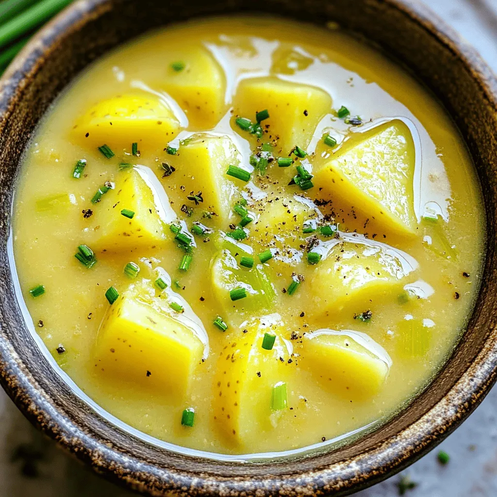 - 4 large Yukon Gold potatoes, peeled and diced - 3 leeks, cleaned and sliced (white and light green parts only) - 1 medium onion, chopped - 3 cloves garlic, minced - 4 cups low-sodium vegetable broth - 1 cup heavy cream or coconut milk for a dairy-free option - 2 tablespoons olive oil - 1 teaspoon dried thyme - Salt and pepper to taste - Fresh chives, chopped for garnish Gather these ingredients to create a warm and creamy soup. Yukon Gold potatoes work best for their smooth texture. Leeks add a gentle onion flavor that blends well. The onion and garlic enhance the taste even more. Use low-sodium vegetable broth to keep the soup light and healthy. You can choose heavy cream for richness or coconut milk for a dairy-free twist. Olive oil helps sauté the veggies, making them soft and fragrant. Adding thyme brings out a lovely herb flavor. Don't forget salt and pepper. They are key to making all the flavors pop. Fresh chives not only add color but a fresh touch when you serve the soup. Enjoy this simple yet rich dish that warms the soul! First, heat 2 tablespoons of olive oil in a large skillet over medium heat. This oil helps bring flavor to the soup. Add 1 medium chopped onion and 3 sliced leeks. Sauté these for about 5 to 7 minutes. You want them soft and fragrant. Then, add 3 minced garlic cloves. Sauté for another minute, until the garlic smells nice. Next, transfer the sautéed vegetables to your slow cooker. Then, add 4 large diced Yukon Gold potatoes. Sprinkle in 1 teaspoon of dried thyme, and season with salt and pepper to taste. Pour in 4 cups of low-sodium vegetable broth. Make sure all the potatoes and leeks are covered. Stir everything well. Now, cover the slow cooker and set it to cook. You can choose low for 6 to 7 hours or high for 3 to 4 hours. Check the potatoes for tenderness before moving on. They should be soft enough to blend easily. Once the potatoes are tender, grab an immersion blender. Blend the soup until it’s smooth and creamy. If you like some chunks, blend only half of it. This gives a nice texture to your soup. Finally, mix in 1 cup of heavy cream or coconut milk. Stir well to combine. Taste the soup and adjust the seasoning, adding more salt and pepper if needed. Let it rest in the slow cooker for another 10 minutes. This helps the flavors meld together. Serve it hot, and don’t forget to garnish with fresh chopped chives! To get a great texture, an immersion blender is a must. It lets you blend the soup right in the slow cooker. This saves time and keeps things simple. When blending, aim for a smooth and creamy finish. However, if you like some chunks, blend only half. Leave some potato pieces for a heartier bite. Boost the soup's flavor with herbs and spices. Fresh thyme adds a lovely taste. You can also try rosemary or dill for a twist. Want to make it richer? Add crispy bacon or sharp cheddar cheese. Both give the soup a savory touch that’s hard to resist. If you want a dairy-free option, coconut milk works perfectly. It adds creaminess without dairy. You can also use almond milk or cashew cream. Each option gives you a different flavor but keeps the soup rich and smooth. {{image_2}} You can make this soup heartier by adding protein. Chicken is a great choice. Simply cook diced chicken in the skillet before adding it to the slow cooker. Sausage also works well. Use Italian sausage for a nice kick. Cook it first, then slice it and add it to the mix. Both options bring extra flavor and nutrition to the dish. For a vegan twist, swap out the heavy cream with coconut milk. Use vegetable broth as your base. Instead of butter, use olive oil to sauté the veggies. You can also replace the cream with cashew cream. Just soak raw cashews in water, blend them, and stir into the soup. This keeps it creamy and rich without animal products. You can boost nutrition and flavor by adding seasonal veggies. In spring, toss in fresh peas or asparagus. In summer, zucchini or corn are tasty choices. Fall calls for butternut squash or carrots. These veggies not only add color but also provide different textures and tastes. Just chop them up and add them to the slow cooker with the potatoes. Store leftovers in the fridge. Let the soup cool before putting it in a container. Use an airtight container to keep it fresh. This soup lasts about 3 to 5 days in the fridge. If you want to keep it longer, consider freezing. For best results, cool the soup first before freezing. Use freezer-safe containers or bags. Leave space for the soup to expand as it freezes. The soup can last for up to 3 months in the freezer. To thaw, move the soup to the fridge overnight. You can also use the microwave for quicker thawing. Reheat the soup on the stove for best results. Use low to medium heat and stir often. You can also use the microwave, but stir every minute for even heating. Add a splash of broth or cream if the soup seems thick. This helps restore its creamy texture. Enjoy it warm, garnished with fresh chives! Yes, you can use other potatoes. Some great choices are: - Russet potatoes - Red potatoes - Fingerling potatoes These types work well and add unique flavors and textures. However, Yukon Gold potatoes have a creamy taste that is hard to beat. The soup lasts about 4 to 5 days in the fridge. To store it, let it cool first. Then, transfer it to an airtight container. This keeps it fresh and safe to eat. You can definitely make this soup ahead of time. Just prepare it and let it cool. Store it in the fridge for later. When you’re ready, reheat it on the stove. Stir it well to mix the flavors again. For serving, add some fun garnishes like: - Fresh chives, chopped - Croutons for crunch - A drizzle of olive oil Pair the soup with a salad or crusty bread for a full meal. Enjoy! This blog post covers a delicious potato leek soup you can make easily. We discussed key ingredients, step-by-step cooking, and helpful tips. You can make this soup countless ways, from adding protein to making it vegan. It’s perfect for meal prep, too. In the end, create your version that fits your taste. Enjoy the warm, creamy goodness of this hearty soup!