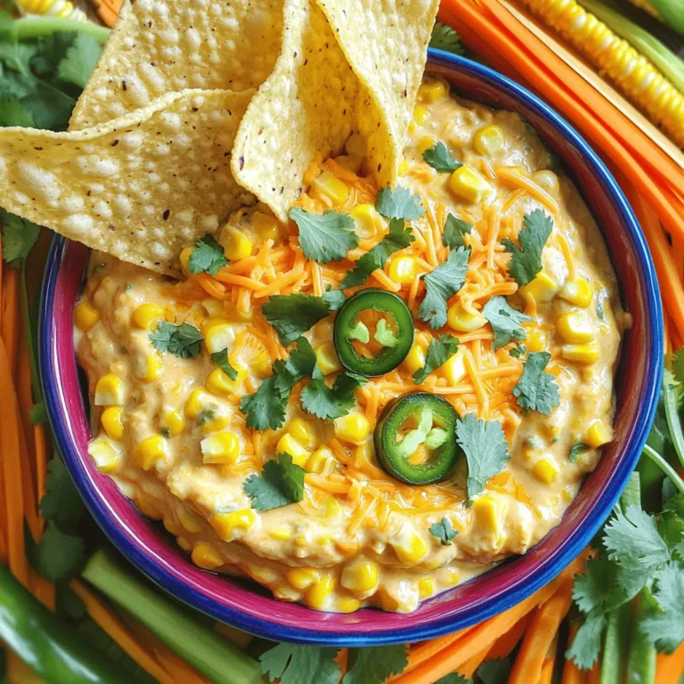 - 1 cup corn kernels (fresh, frozen, or canned) - 1 cup cream cheese, softened - 1/2 cup sour cream - 1/2 cup mayonnaise - 1 cup shredded cheddar cheese - 2-3 jalapeños, finely chopped (remove seeds for less heat) - 1/4 cup red bell pepper, diced - 1 teaspoon garlic powder - 1 teaspoon onion powder - 1 teaspoon lime juice - Salt and pepper to taste - Fresh cilantro, for garnish (optional) I love using corn in this dip. You can use fresh, frozen, or canned corn. Each type brings a unique taste. Fresh corn gives a sweet crunch. Frozen corn works great too. It’s picked at its peak, so it stays sweet. Canned corn is easy and ready to go. Just drain it before use. The creamy base makes this dip special. I always start with cream cheese. Make sure it’s softened; it mixes better. Then, I add sour cream and mayonnaise. This mix gives a rich, smooth texture. Cheddar cheese adds a nice bite. I use shredded cheddar for easy mixing. Jalapeños bring the heat. If you want less spice, remove the seeds. Red bell pepper adds color and sweetness. For seasonings, I use garlic powder and onion powder. They boost the flavor without extra work. A touch of lime juice adds a fresh zing. Don’t forget to taste it! Add salt and pepper to match your style. Lastly, fresh cilantro is optional. I love it for a fresh finish. It brightens the dish and adds color. Mixing the creamy base Start by taking a large mixing bowl. Add 1 cup of softened cream cheese, 1/2 cup of sour cream, and 1/2 cup of mayonnaise. Use a mixer or spatula to blend these until smooth and creamy. This is your dip's base, and it needs to be rich and fluffy. Incorporating vegetables and cheese Next, add 1 cup of corn kernels to the bowl. You can use fresh, frozen, or canned corn. Then, throw in 2-3 finely chopped jalapeños. If you want less heat, remove the seeds. Also, add 1/4 cup of diced red bell pepper and 1 cup of shredded cheddar cheese. Stir everything together until well mixed. Seasoning the dip Now it's time to add flavor. Sprinkle in 1 teaspoon of garlic powder, 1 teaspoon of onion powder, and 1 teaspoon of lime juice. Add salt and pepper to taste. Mix again until all the ingredients are combined. Taste and adjust the seasoning if needed. Plating the dip for presentation Transfer your creamy dip to a colorful serving dish. Use a spatula to smooth the top. This makes it look nice for your guests. Suggested accompaniments Serve the dip with tortilla chips or fresh veggie sticks. These make great dippers. You can also sprinkle some extra shredded cheese on top for added flair. Importance of letting flavors meld It's best to let the dip chill in the fridge. Cover it with plastic wrap and refrigerate for at least 30 minutes. This helps the flavors blend together well. How long to refrigerate You can refrigerate the dip for up to two days. Just keep it covered. This way, you can enjoy it later without losing any taste. Adjusting heat levels To control the heat in your dip, start by using fewer jalapeños. You can remove the seeds and membranes to lower the spice. Taste as you mix. If you want more heat, add diced jalapeños a little at a time until you reach your desired level. Ensuring creaminess Getting a smooth, creamy dip is key. Make sure your cream cheese is very soft before mixing. You can microwave it for a few seconds if it’s too firm. Stir in the sour cream and mayonnaise well. This helps create a base that feels rich and smooth. Creative serving ideas Serve your dip in a bright bowl. Place colorful tortilla chips or crisp veggie sticks around it. This makes the dish look fun and inviting. You can also layer the dip in a clear dish to show off the vibrant colors inside. Garnishing suggestions A sprinkle of fresh cilantro adds a nice touch. You can also add extra shredded cheese on top. This gives a nice finish and makes the dip look even more delicious. Storing leftovers If you have leftover dip, place it in an airtight container. It can stay in the fridge for about three days. Just give it a stir before serving again. The flavors will blend nicely over time. Meal prep strategies You can make this dip a day ahead. Just mix and store it in the fridge. Let it sit for at least 30 minutes before serving. This way, the flavors will deepen, and you’ll have one less thing to do when guests arrive. {{image_2}} You can switch up the flavor of your dip by adding different cheeses. Try using pepper jack cheese for a spicy kick, or mix in some feta for a tangy twist. You can also add spices or herbs. A pinch of smoked paprika or some fresh chives can enhance the taste. Experiment with what you have for a unique touch. You can decide how chunky or smooth you want your dip. For a chunky dip, leave some corn kernels whole for a nice bite. If you prefer a smooth dip, blend it longer until creamy. Using grilled or roasted corn adds a smoky flavor and a delightful texture. This simple change can make your dip stand out. If you want to make a vegetarian version, this dip is already meat-free! You can also make it lower in calories. Try using Greek yogurt instead of sour cream and reduce the cream cheese. This way, you keep the flavor while cutting down on calories. There are many ways to tailor this dip to fit your diet. You can store Creamy Jalapeño Corn Dip in the fridge for up to five days. Keep it in an airtight container to maintain freshness. Check for signs of spoilage, like an off smell or mold. If you see any change in color or texture, it’s best to throw it away. Yes, you can freeze the dip! Portion it into smaller containers for easy use later. Avoid freezing it for more than three months for best taste. To thaw, place it in the fridge overnight. If you’re in a hurry, you can also use the microwave. Stir it well before serving to restore its creamy texture. To make this dip spicier, add more jalapeños. You can also use other spicy ingredients. Try adding diced green chilies or hot sauce for extra heat. You can remove the seeds from jalapeños for less heat or keep them for more spice. Taste as you go to find your perfect level of heat. Yes, Creamy Jalapeño Corn Dip is gluten-free. Most ingredients are safe. However, always check labels for hidden gluten sources. Some brands of mayonnaise or sour cream may have gluten. If you use fresh corn and other basic ingredients, you should be fine. This dip is a great choice for gluten-sensitive guests. Yes, you can use low-fat options. For cream cheese, try using a light version. You can also substitute low-fat sour cream and mayonnaise. These options will still give you a creamy dip, but with fewer calories. Just keep in mind that the flavor may change slightly. Always adjust seasonings to your taste. This blog shared how to create a tasty Creamy Jalapeño Corn Dip. We covered key ingredients, preparation steps, serving ideas, and storage tips. You learned how to adjust heat levels and try variations for different diets. Remember, letting the flavors meld makes the dip even better. Enjoy experimenting with toppings and serving methods. This dip is perfect for any gathering, and it’s simple to make ahead. Embrace your creativity, and treat your taste buds to an amazing snack!