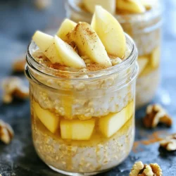 - 1 cup rolled oats - 1 ½ cups almond milk (or any milk of choice) - 1 medium apple, diced - 1 tablespoon maple syrup (adjust to taste) - 1 teaspoon cinnamon - ½ teaspoon nutmeg - ¼ cup Greek yogurt (optional for creaminess) - 2 tablespoons chopped walnuts (or pecans) - Pinch of salt - Extra apple slices and additional walnuts for topping You can use any milk you like. Almond milk works well, but cow's milk is great too. If you want a creamier texture, try adding Greek yogurt. If you prefer a dairy-free option, skip the yogurt. For sweeteners, maple syrup adds a nice touch, but honey or agave syrup can work too. Adjust the sweetness to your taste. Each serving contains about: - Calories: 300 - Protein: 8g - Carbs: 45g - Fiber: 6g - Fat: 10g This recipe is a tasty way to start your day. It's full of flavors and nutrients, making it a perfect breakfast option. Enjoy your delicious Apple Pie Overnight Oats! First, grab a large mixing bowl. Add 1 cup of rolled oats. Pour in 1 ½ cups of almond milk. If you like, you can use any milk you have. Next, take 1 medium apple and dice it. Toss the apples into the bowl. Add 1 tablespoon of maple syrup for sweetness. If you want it sweeter, you can add more later. Sprinkle in 1 teaspoon of cinnamon and ½ teaspoon of nutmeg for that warm, pie-like taste. If you like creamy oats, add ¼ cup of Greek yogurt. Finally, add a pinch of salt to balance the flavors. Stir everything well until it’s mixed nicely. After mixing, divide the oats into two to four mason jars. These jars make it easy to store and grab in the morning. Seal the jars tightly. Place them in the fridge. Let the oats chill overnight. This helps them soak up the milk and flavors. If you can’t wait overnight, let them sit for at least 4 hours. The oats will be soft and ready to enjoy. The next morning, take the jars out of the fridge. Give the oats a good stir. If you want them thinner, add a splash of almond milk. For a pretty touch, top each jar with extra diced apple and chopped walnuts. Sprinkle a little cinnamon on top for color. You can also drizzle more maple syrup if you like it sweeter. Serve them in clear jars to show off those lovely layers. For the best flavor, use fresh apples. They add crispness and sweetness. I like to use a mix of tart and sweet apples. This balance makes the dish exciting. For texture, let the oats soak overnight. This softens them and helps them absorb flavors. If you prefer a creamier texture, add Greek yogurt. It gives a nice richness to the oats. You can easily change this recipe to fit your taste. Want more protein? Add a scoop of your favorite protein powder. You can also swap out fruits. Try using pears or bananas instead of apples. If you want a nut-free option, use seeds like chia or flax instead of walnuts. You can even add a spoonful of nut butter for extra flavor and nutrition. One mistake is not measuring the oats and milk correctly. Too much liquid makes the oats runny. Too little makes them dry. Another mistake is not sealing the jars tightly. This can lead to a loss of flavor. Lastly, don’t skip the spices. Cinnamon and nutmeg are key to making it taste like apple pie! Enjoy your delicious breakfast! {{image_2}} You can easily make Apple Pie Overnight Oats vegan and gluten-free. Use almond milk or oat milk as your base. Replace Greek yogurt with a plant-based yogurt or skip it entirely. Choose gluten-free oats to keep it safe for those with gluten issues. This way, you keep the tasty flavor while staying true to your diet. Seasonal changes can make this dish even more fun! In fall, swap diced apples for canned pumpkin. Add pumpkin spice instead of cinnamon and nutmeg for that warm flavor. You can also toss in some raisins or pecans for an extra crunch. This variation is perfect for cozy autumn mornings. You can play with flavors to keep things exciting. For a caramel apple twist, drizzle caramel sauce over the top. Add a pinch of brown sugar for extra sweetness. For a pecan pie taste, mix in some chopped pecans and a touch of vanilla extract. Each bite will taste like a dessert, making your morning special. To keep your Apple Pie Overnight Oats fresh, use airtight containers. Glass mason jars work well. Make sure to seal them tightly. Store your jars in the fridge. Avoid adding toppings until you’re ready to eat. This keeps the oats from getting soggy. These oats last up to five days in the fridge. If stored properly, they remain tasty and safe to eat. You can enjoy them for breakfast or a snack. Just give them a good stir before eating. If they look dry, add a splash of almond milk. If you want to store them longer, freeze the oats. Divide the mixture into containers, leaving space for expansion. Seal the containers tightly and label them. They can last up to three months in the freezer. To eat, thaw in the fridge overnight. Then, stir and enjoy! Yes, you can make Apple Pie Overnight Oats in advance. They taste great after soaking overnight. In fact, they need at least four hours to soak up the flavors. You can prepare them on Sunday for easy breakfasts during the week. Just store them in the fridge in sealed jars. They will stay fresh for about three to five days. If you want to skip Greek yogurt, you have options. You can use regular yogurt for a similar taste. Dairy-free yogurt works too, like almond or coconut yogurt. For a creamier texture, try adding more almond milk or a mashed banana. This keeps the oats soft and tasty. To make more servings, simply multiply the ingredients. For example, if you want to serve four, use two cups of oats and three cups of almond milk. Keep the other ingredients in the same ratio. Mix all together in a larger bowl, then divide into jars. This way, you can enjoy your Apple Pie Overnight Oats with friends or family! In this blog post, we explored how to make Apple Pie Overnight Oats. We covered the ingredients you'll need, including measurements and substitutions, and detailed the step-by-step instructions for easy preparation. I shared tips for flavor and texture, along with variations like vegan options and seasonal twists. We also discussed storage best practices to keep your oats fresh. Embrace the joy of making this dish. Experiment with flavors and enjoy every bite!