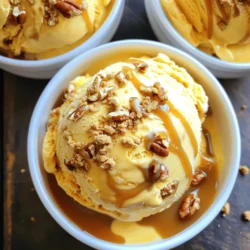 - 2 cups heavy cream - 1 cup sweetened condensed milk - 1 cup pumpkin puree - 1 teaspoon vanilla extract - 1 teaspoon ground cinnamon - 1/2 teaspoon ground nutmeg - 1/4 teaspoon ground ginger - 1/4 teaspoon salt - Optional garnishes: 1/2 cup crushed graham crackers, 1/4 cup chopped pecans To make No-Churn Pumpkin Pie Ice Cream, you need simple yet rich ingredients. The heavy cream gives a smooth texture. Sweetened condensed milk adds sweetness and creaminess. Pumpkin puree brings that classic fall flavor. Vanilla extract enhances the taste. Ground cinnamon, nutmeg, and ginger give warm spice notes. A pinch of salt balances the sweetness. If you want extra crunch and flavor, add crushed graham crackers and chopped pecans on top. These optional garnishes make the ice cream even more delightful. Gather these ingredients before you start. Trust me, having everything ready makes cooking fun and easy. Now, let’s get ready to make this dreamy fall treat! To start, grab a large mixing bowl. Pour in 2 cups of heavy cream. Use an electric mixer to whip it. Beat the cream for about 3-5 minutes. You want to see stiff peaks form. This means the cream holds its shape well. The stiff peaks give the ice cream a light and airy texture. Next, take another bowl. In this bowl, mix 1 cup of sweetened condensed milk with 1 cup of pumpkin puree. Add in 1 teaspoon of vanilla extract, 1 teaspoon of ground cinnamon, 1/2 teaspoon of ground nutmeg, 1/4 teaspoon of ground ginger, and 1/4 teaspoon of salt. Stir this mixture until it is smooth and well blended. This is where you get that classic pumpkin pie flavor. Now comes the fun part. Gently fold the whipped cream into the pumpkin mix. Do this in three additions. Be careful not to deflate the whipped cream. This keeps your ice cream fluffy and light. Fold until just combined and smooth. You want to retain that airy texture. Pour the mixed ingredients into a freezer-safe container. Smooth the top with a spatula to make it even. If you like, sprinkle crushed graham crackers and chopped pecans on top for extra flavor. Cover the container tightly with a lid or plastic wrap. Place it in the freezer. Let it freeze for at least 6 hours. For the best results, freeze it overnight. When you’re ready to serve, let it sit out for 5-10 minutes. This makes scooping easier. Enjoy your creamy, dreamy pumpkin pie ice cream! To keep your ice cream fluffy, the folding technique is key. After whipping the cream, you need to fold it into the pumpkin mix carefully. Use a spatula and scoop from the bottom up. This method helps trap air in the whipped cream. Avoid stirring too hard, as this will deflate the nice airy texture. Aim for a smooth blend without lumps. This step makes your ice cream light and creamy! Want to boost the flavor? Consider adding extra spices! A pinch of allspice or clove can add warmth. You might even try a splash of maple extract for a sweet twist. Mixing in some chopped dark chocolate can create a fun contrast with the pumpkin. Each addition gives you a chance to play with flavors. Taste as you go, and find what makes your taste buds dance! Serve your ice cream at the right temperature. Let it sit out for about 5-10 minutes before scooping. This short wait makes it easier to serve. For a beautiful presentation, use chilled bowls. Top each scoop with extra graham cracker crumbs or nuts. A drizzle of caramel sauce adds a lovely touch. These small details make your treat feel special and festive. {{image_2}} You can change up the flavor of your ice cream. Add in some chocolate chips for a sweet twist. They melt slightly and create a rich taste. You could also swirl in caramel for a decadent treat. Just drizzle it on top before freezing. These add-ins make your no-churn pumpkin pie ice cream even more fun. Want a dairy-free version? Use coconut cream instead of heavy cream. It gives a rich texture and flavor. For sweeteners, try maple syrup or agave. These options keep it sweet and tasty while making it suitable for different diets. Fall has so many flavors! You can make this ice cream unique by adding apple or maple. Mix in some applesauce for a fruity kick. This twist makes it feel festive and fresh. You could also try a little maple syrup for a warm, sweet taste. These changes let you enjoy the season in every scoop. You can store no-churn pumpkin pie ice cream in the freezer for up to two months. After that, it may lose its flavor and texture. For the best taste, eat it within a month. To soften your ice cream before serving, let it sit at room temperature for 5-10 minutes. This helps it become easier to scoop. You can also warm a spoon under hot water for a few seconds. This trick makes scooping smoother and quicker. Use an airtight container for storage. Glass or plastic containers work well. Make sure to cover the top with plastic wrap before sealing. This helps keep ice crystals from forming, keeping your ice cream creamy and fresh. Yes, you can. If you want a different flavor, use butternut squash puree. It has a similar taste and texture. You can also try sweet potato puree for a fun twist. Just make sure they are cooked and smooth. This keeps the ice cream creamy and tasty. It takes at least 6 hours to freeze the ice cream. For the best texture, freeze it overnight. This way, it becomes firm and easier to scoop. If you want a soft serve texture, freeze it for less time. You can check it after 4 hours if you’re in a hurry. Yes, you can switch out the heavy cream. Use coconut cream for a dairy-free option. Almond milk or oat milk can also work, but the ice cream will be less rich. For sweetened condensed milk, try using coconut sweetened condensed milk. It gives a nice flavor and keeps it creamy. This blog covered all you need for no-churn pumpkin pie ice cream. You learned the key ingredients, step-by-step instructions, and tips for the best texture and flavor. Variations and storage tips help you customize and keep your ice cream fresh. Remember, experimenting with flavors can make this treat even sweeter. Enjoy your ice cream any time, and share it with friends and family for a fun dessert that everyone will love!