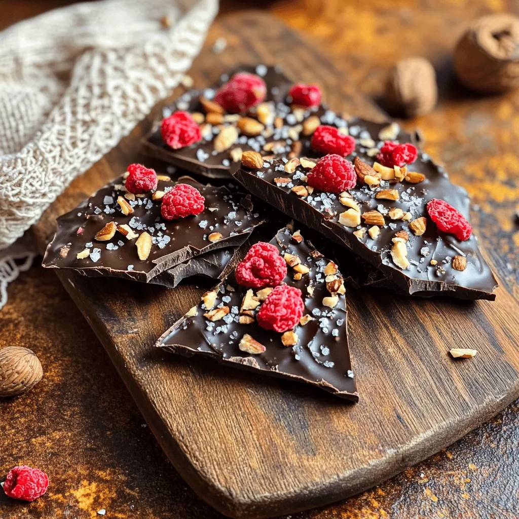 - Dark Chocolate: Use dark chocolate chips with at least 70% cocoa. This gives the bark a rich taste. Higher cocoa content makes it less sweet and more intense. You can find these at most grocery stores or specialty shops. - Freeze-Dried Raspberries: These berries add a burst of flavor and color. They are light and crunchy. You can buy them online or in health stores. Freeze-drying helps keep their nutrients intact. - Nuts: I love using chopped almonds or hazelnuts. They add great crunch and a nutty flavor. Feel free to mix them up based on your taste. - Optional Garnish: A sprinkle of sea salt flakes can really enhance the flavor. It adds a nice contrast to the sweetness of the chocolate and raspberries. Plus, it makes the bark look pretty! This simple snack recipe shines with these key ingredients. Each one plays a role in making your dark chocolate raspberry bark both tasty and beautiful. - How to line a baking sheet properly Start by grabbing a baking sheet. Cut a piece of parchment paper to fit. Make sure it covers the bottom fully. This helps in removing the bark later without any mess. - Melting techniques for dark chocolate Use a heatproof bowl for melting. You can use a double boiler, which is a pot with water and a bowl on top. Heat the water, and add chocolate to the bowl. Stir it as it melts. If using a microwave, heat the chocolate in 30-second bursts. Stir each time until it’s smooth. - Even spreading tips for the perfect bark Pour the melted chocolate onto the lined baking sheet. Use a spatula to spread it out evenly. Aim for about 1/4 inch thick. This thickness helps it set well and break easily. - How to evenly distribute freeze-dried raspberries Sprinkle the freeze-dried raspberries on the melted chocolate. Try to space them out evenly. This gives you a burst of flavor in every bite. - Incorporating nuts into the mixture Add the chopped nuts over the raspberries. Press them down gently. This helps them stick to the chocolate for a nice crunch. - Room temperature vs. refrigerator: best practices You can let the bark set at room temperature for about 1 hour. If you want it faster, place it in the fridge for 20 to 30 minutes. Both ways work great, but the fridge is quicker. - Ideal setting time for perfect texture Check the bark after the time is up. It should be firm but not too hard. This is the perfect time to break it into pieces. Enjoy your delicious dark chocolate raspberry bark! To make your dark chocolate raspberry bark smooth, avoid common melting mistakes. Never melt chocolate on high heat. Instead, use low heat or heat in short bursts. If you use the microwave, heat the chocolate in 30-second intervals. Stir after each interval until the chocolate is fully melted. This helps prevent burning. For a smooth spread, pour melted chocolate onto your lined baking sheet. Use a spatula to spread it evenly. Aim for about 1/4 inch thick. A thin layer helps the bark set faster and break easily. Jazz up your presentation with creative ideas. After you sprinkle the freeze-dried raspberries, consider adding a few whole ones on top. This adds color and makes the bark look pretty. You can also drizzle extra melted chocolate over the top for a fancy touch. For flavor pairings, try adding a pinch of sea salt. It enhances the sweetness of the chocolate and the tartness of the raspberries. You might also consider mixing in spices like cinnamon or a dash of chili powder for an extra kick. Dark chocolate offers great health benefits. It contains antioxidants that help protect your body. Eating dark chocolate in moderation may improve heart health and boost mood. Choose chocolate with 70% cocoa or higher for the best benefits. Raspberries bring their own nutritional advantages. They are low in calories and high in fiber. Raspberries are rich in vitamins and antioxidants too. Eating them can support your immune system and improve digestion. Enjoying this bark gives you a tasty treat with added health perks! {{image_2}} You can switch up the berries in this recipe. Strawberries and blackberries work well. Each berry adds its own taste. If you prefer, you can also use milk or white chocolate. This change makes the bark sweeter and creamier. Want some crunch? Add different nuts or seeds. Almonds give a nice bite, while sunflower seeds add a unique flavor. You can also mix in spices like cinnamon or chili powder. This twist gives your bark an exciting kick. If you follow a vegan diet, you can still enjoy this bark. Use dairy-free chocolate chips. For a gluten-free option, check the chocolate and nuts to ensure they are safe. If you're nut-free, use seeds instead. Sunflower or pumpkin seeds work great! Store your dark chocolate raspberry bark in an airtight container. This keeps it fresh and safe from moisture. Glass or plastic containers work well. If you use plastic, make sure it seals tightly. Keep the bark at room temperature away from direct sunlight. If it’s warm in your kitchen, the fridge is a good idea. However, be careful not to freeze it, as this can change the texture. When stored properly, your dark chocolate raspberry bark lasts about two weeks. After that, it may start to lose its taste and crunch. Look for signs of spoilage. If the chocolate develops a white coating, it’s called "bloom." This happens due to temperature changes. It’s safe to eat, but it won’t taste as good. Also, check for any off smells or changes in texture. If it feels soft or sticky, it’s best to toss it out. What is the best chocolate to use for bark? The best chocolate for bark is dark chocolate with 70% cocoa or higher. This chocolate has rich flavor and good texture. Look for high-quality brands for the best results. Can I use fresh raspberries instead of freeze-dried? Fresh raspberries are not ideal for this recipe. They contain water, which can make the chocolate soggy. Freeze-dried raspberries add a tart flavor without moisture. Use them for the best crunch and taste. How can I make this recipe in larger batches? To make a larger batch, simply double the ingredients. Use a bigger baking sheet to spread the chocolate. Make sure to adjust the melting time since more chocolate takes longer. What to do if the chocolate doesn’t set properly? If the chocolate doesn’t set, it may be too warm. Try placing it in the fridge for about 20-30 minutes. If it still doesn’t set, it could be due to moisture. Make sure all your tools are dry before starting. How to fix a crumbly bark? Crumbly bark often occurs when chocolate is overcooked or not mixed well. If this happens, melt the bark again gently and stir well. Pour it onto the sheet and let it set again. Where to find quality ingredients? You can find high-quality dark chocolate and freeze-dried raspberries at specialty grocery stores. Online retailers also carry many options. Look for brands that focus on quality and taste. Links to buy pre-made dark chocolate raspberry bark Many stores sell pre-made dark chocolate raspberry bark. Check local gourmet shops or online sites like Amazon. Always read reviews to ensure you buy a tasty product. You learned how to make tasty dark chocolate raspberry bark. We covered ingredients, steps, and tips for the best results. You can swap flavors, adjust for diets, and store it well. Enjoy your delicious creation and share it with others! Embrace your creativity in the kitchen. Now, it's time for you to make your own unique bark. Remember, practice makes perfect, so have fun!