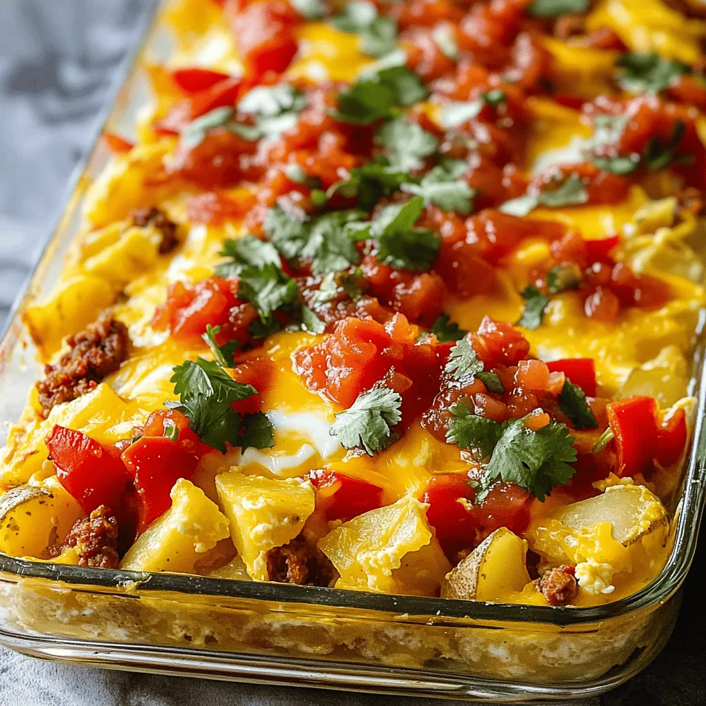 This Breakfast Burrito Casserole is a fun and tasty dish. It brings bold flavors and is easy to make. You can enjoy it for breakfast, brunch, or even dinner. With layers of eggs, meats, and veggies, this dish is sure to please everyone. Here is what you need for the casserole: - 6 large eggs - 1 cup milk - 1 teaspoon ground cumin - 1 teaspoon garlic powder - 1 teaspoon onion powder - Salt and pepper to taste - 1 cup cooked chorizo (or turkey sausage for a lighter option) - 2 cups cooked and diced potatoes (hash browns or roasted) - 1 cup black beans, drained and rinsed - 1 red bell pepper, diced - 1 cup shredded cheddar cheese - 1 cup salsa - Fresh cilantro for garnish (optional) These ingredients come together to create a hearty meal that warms the soul. To make this casserole even better, try these add-ins: - Spinach or kale for more greens - Jalapeños for heat - Avocado slices for creaminess - A mix of different cheeses for flavor depth Feel free to mix and match. The more you explore, the more you will find what you love! To start, preheat your oven to 350°F (175°C). This makes sure your casserole cooks evenly. Next, grab a 9x13-inch casserole dish. Grease it with cooking spray or a little oil. This step helps prevent sticking. Now, set the dish aside and get ready for the fun part—layering! Begin by layering your ingredients in the dish. First, spread the cooked chorizo evenly across the bottom. Chorizo gives a nice kick. Next, add the diced potatoes. Hash browns work great, but roasted potatoes add a nice flavor. Then, sprinkle the black beans and diced red bell pepper on top. These add color and texture. Finally, pour the egg mixture over all the layers. Make sure every inch is soaked. This helps bind everything together. Top it off with salsa and shredded cheddar cheese. Now, place your casserole in the preheated oven. Bake for 30-35 minutes. You will know it’s done when the eggs are fully set. The cheese should look golden and bubbly. Once it’s ready, take it out and let it cool for 5-10 minutes. This cooling time makes it easier to slice. If you want, garnish with fresh cilantro before serving. Enjoy your tasty breakfast burrito casserole! You can make this casserole your own. Choose your favorite meats or veggies. Try using turkey sausage instead of chorizo for a lighter dish. You can add spinach, kale, or mushrooms for extra greens. Swap out black beans for pinto beans if you like. Want a kick? Add jalapeños or hot sauce. Mix in different cheeses, like pepper jack or feta, for unique flavors. One mistake is not greasing the dish well. This can lead to sticking. Ensure your eggs are fully whisked for even texture. If you skip this, some parts may be dry. Don't overload your layers; keep it balanced. Too many ingredients can make it soggy. Lastly, always let it cool before cutting. This helps keep the pieces intact. The standard baking time is 30-35 minutes. If your oven runs hot, check it at 25 minutes. If you use a glass dish, it may cook faster. If you make a larger casserole, add 10-15 minutes to the time. You want the eggs set and cheese bubbly. Use a toothpick to test the center; it should come out clean. Adjust the time based on your oven's quirks for the best results. {{image_2}} You can make a tasty vegetarian breakfast burrito casserole. Just swap the chorizo for veggies. I love using mushrooms, spinach, and zucchini. These flavors blend well with the eggs and spices. You can also add more beans for protein. Black beans or pinto beans work great. This version is filling and healthy, perfect for all. If you like heat, try a spicy version. Add diced jalapeños or hot sauce to the egg mix. You can also choose spicy sausage instead of regular chorizo. This gives your casserole a nice kick. A bit of pepper jack cheese can enhance the spice, too. This variation is fun for those who enjoy bold flavors. For a gluten-free breakfast burrito casserole, use gluten-free tortillas. Layer them at the bottom of your dish. You can also ensure your sausage and beans are gluten-free. Most canned beans are safe, but check the label. This way, you can enjoy a delicious meal without worry. Gluten-free doesn’t mean less flavor! To store your breakfast burrito casserole, let it cool first. Cut it into squares for easier storage. Place the squares in an airtight container. This keeps them fresh for later. You can store leftovers in the fridge for up to three days. If you want to keep them longer, freezing is a good option. When you’re ready to eat your leftovers, preheat your oven to 350°F (175°C). Place a square of casserole in a baking dish. Cover it with foil to keep it moist. Heat for about 20 minutes or until warm. You can also use the microwave. Heat on high for 1-2 minutes. Check to ensure it's heated through before enjoying. To freeze your casserole, wrap each square in plastic wrap. Then place them in a freezer bag. This helps prevent freezer burn. You can freeze the casserole for up to three months. When ready to eat, thaw it overnight in the fridge. Then, reheat as described above. Enjoy the same great taste as when you first made it! Yes, you can make this casserole ahead of time. Prepare it the night before, then cover and chill in the fridge. This saves time in the morning. Just remember to bake it straight from the fridge. It may take a bit longer to cook, so check it often. You can use turkey sausage as a lighter option. Ground beef or chicken also works well. For a vegetarian choice, try using seasoned tofu or plant-based sausage. Each option brings its own flavor. This way, you can customize the dish to your taste. To avoid a soggy casserole, use cooked and cooled potatoes. Drain black beans well to remove extra moisture. Layer ingredients carefully; don't overcrowd. The egg mixture should soak in, not drown the layers. Bake it until the eggs are set and the cheese is golden. This keeps your casserole firm and tasty. In this blog post, I shared a full recipe for a delicious breakfast burrito casserole. You learned about key ingredients, step-by-step instructions, and how to customize your dish. I also provided tips to avoid common mistakes and ways to store leftovers. With variations like vegetarian or gluten-free options, there’s something for everyone. By trying this recipe, you can enjoy a tasty breakfast. Get creative and make it your own!
