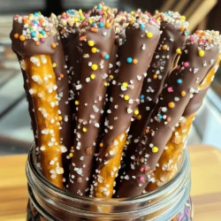 - 12 large pretzel rods - 1 cup semi-sweet chocolate chips - 1 tablespoon coconut oil The main ingredients for this treat are simple and easy to find. You need pretzel rods, chocolate chips, and coconut oil. Each ingredient plays a key role. The pretzel rods give a nice crunch. The chocolate adds sweetness. Coconut oil helps the chocolate melt smooth. - 1/2 cup crushed nuts (almonds, pecans, or walnuts) - 1/2 cup colorful sprinkles - 1/4 cup sea salt You can make your pretzel rods even more fun with toppings. Crushed nuts add crunch and flavor. Colorful sprinkles make them look festive. A sprinkle of sea salt gives a sweet and salty taste. Feel free to mix and match these toppings! You can serve chocolate-covered pretzel rods in many ways. Place them in a jar for a cute display. Wrap them in clear bags with a bow for gifts. They also pair well with drinks. Try serving with milk, hot chocolate, or coffee. Enjoy them at parties or as a fun snack! To start, you need to melt the chocolate. Here’s how: - Get a microwave-safe bowl. - Add 1 cup of semi-sweet chocolate chips and 1 tablespoon of coconut oil. - Heat in the microwave for 30 seconds. - Stir well, then heat for another 30 seconds. - Keep doing this until the chocolate is smooth and melted. Next, prepare the baking sheet. - Line it with parchment paper. - This helps prevent sticking and makes cleanup easy. Now for the fun part: dipping the pretzel rods. - Take one pretzel rod at a time. - Dip it into the melted chocolate. - Make sure to coat it at least halfway. - Hold the rod over the bowl and let excess chocolate drip back in. To avoid too much chocolate, gently shake the rod. - This helps remove extra chocolate. - You want a nice, even coat. Next, let’s talk about toppings. - You can use crushed nuts, colorful sprinkles, or both! - Sprinkle these toppings right after dipping the chocolate. Timing is key. - Add toppings while the chocolate is still wet. - This ensures they stick well. Try different combinations for fun flavors! To get a smooth chocolate coating, always mix in a little coconut oil. This helps the chocolate stay shiny and glide on the pretzels easily. Melt the chocolate in short bursts. Use a microwave and heat it for 30 seconds at a time. Stir after each round. This way, you avoid burning the chocolate, and it stays silky. If you want to customize the sweetness, try using different types of chocolate. Dark chocolate gives a rich taste, while milk chocolate is sweeter. You can even mix them for a unique flavor! Using different colors of sprinkles can make your pretzel rods pop! Choose vibrant colors to match your party theme or holiday. You can also layer sprinkles for a fun effect. For creative topping combinations, think outside the box. Try crushed cookies, toffee bits, or even coconut flakes. Each topping adds a new taste and texture. Mix salty and sweet for a fun twist. Showcasing your pretzel rods is key to impressing guests. Arrange them in a tall, decorative jar. This not only looks great but also makes it easy for everyone to grab one. For festive packaging, wrap each rod in clear cellophane. Tie them with a colorful ribbon for a cute gift. You can also use small boxes or bags for a more personal touch. These ideas make your treats stand out! {{image_2}} You can make your chocolate-covered pretzel rods even better by using flavored chocolate. Try white chocolate for a sweet twist. Dark chocolate gives a rich taste. You can also add a few drops of extracts. Vanilla adds warmth. Mint brings a fresh kick. Get creative with toppings for holidays. Use red and green sprinkles for Christmas. For Halloween, use orange and black. You can also try fun ideas like s'mores. Just add mini marshmallows and crushed graham crackers. Drizzle caramel on top for an extra treat. If you want a change, you can swap pretzel rods for other snacks. Try pretzel sticks or even chocolate-covered biscuits. For gluten-free options, look for gluten-free pretzel rods or use rice cakes. This way, everyone can enjoy this tasty treat! To store chocolate-covered pretzel rods, place them in an airtight container. This keeps them fresh and tasty. You can store them at room temperature for up to a week. Keep them away from heat and direct sunlight. If you want to keep them longer, the fridge is a good option. Just remember that the chocolate may get a bit sticky in the fridge. These pretzel rods make great gifts! You can wrap them in clear cellophane bags. Tie the bags with colorful ribbons to add a nice touch. For themed gifts, consider using holiday-themed bags or boxes. You can also arrange the rods in a cute jar. Decorate the jar with stickers or labels for a personal feel. You can freeze chocolate-covered pretzel rods, too! First, place them in a single layer on a baking sheet. Freeze them for about an hour. Once frozen, put them in a freezer-safe bag or container. Make sure to remove as much air as possible. To defrost, take them out and leave them at room temperature. This helps them stay crunchy and fresh. How long do chocolate-covered pretzel rods last? Chocolate-covered pretzel rods can last up to one week. Store them in an airtight container. Keep them at room temperature for the best taste. Can I use milk chocolate instead of semi-sweet? Yes, you can use milk chocolate. It will make the pretzel rods sweeter. This change can also give a creamier taste that many enjoy. What to do if the chocolate won't melt? If your chocolate won't melt, check the heat. Use low power in the microwave. Stir often to avoid burning. If it is too thick, add a little more coconut oil. How to fix a messy coating? If your coating is messy, let the chocolate cool slightly. Dip the pretzel rod again for a smoother finish. You can also use a spoon to help coat it evenly. Best brands of pre-made chocolate-covered pretzel rods Look for brands like Snyder’s of Hanover or Rold Gold. These brands offer tasty options that are easy to find in stores. Recommendations for online and local purchasing options You can buy chocolate-covered pretzel rods online at Amazon or Walmart. For local options, check candy shops or specialty stores. They often have unique flavors and fun toppings. In this post, we explored making chocolate-covered pretzel rods with simple ingredients and fun toppings. You learned step-by-step instructions, helpful tips, and creative variations. These treats are great for sharing or gifting. Whether you want plain chocolate or festive flavors, your options are endless. Enjoy bringing these sweet and salty snacks to life. Get ready to impress your friends and family with your new skills!