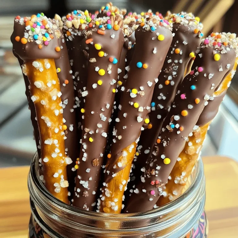 - 12 large pretzel rods - 1 cup semi-sweet chocolate chips - 1 tablespoon coconut oil The main ingredients for this treat are simple and easy to find. You need pretzel rods, chocolate chips, and coconut oil. Each ingredient plays a key role. The pretzel rods give a nice crunch. The chocolate adds sweetness. Coconut oil helps the chocolate melt smooth. - 1/2 cup crushed nuts (almonds, pecans, or walnuts) - 1/2 cup colorful sprinkles - 1/4 cup sea salt You can make your pretzel rods even more fun with toppings. Crushed nuts add crunch and flavor. Colorful sprinkles make them look festive. A sprinkle of sea salt gives a sweet and salty taste. Feel free to mix and match these toppings! You can serve chocolate-covered pretzel rods in many ways. Place them in a jar for a cute display. Wrap them in clear bags with a bow for gifts. They also pair well with drinks. Try serving with milk, hot chocolate, or coffee. Enjoy them at parties or as a fun snack! To start, you need to melt the chocolate. Here’s how: - Get a microwave-safe bowl. - Add 1 cup of semi-sweet chocolate chips and 1 tablespoon of coconut oil. - Heat in the microwave for 30 seconds. - Stir well, then heat for another 30 seconds. - Keep doing this until the chocolate is smooth and melted. Next, prepare the baking sheet. - Line it with parchment paper. - This helps prevent sticking and makes cleanup easy. Now for the fun part: dipping the pretzel rods. - Take one pretzel rod at a time. - Dip it into the melted chocolate. - Make sure to coat it at least halfway. - Hold the rod over the bowl and let excess chocolate drip back in. To avoid too much chocolate, gently shake the rod. - This helps remove extra chocolate. - You want a nice, even coat. Next, let’s talk about toppings. - You can use crushed nuts, colorful sprinkles, or both! - Sprinkle these toppings right after dipping the chocolate. Timing is key. - Add toppings while the chocolate is still wet. - This ensures they stick well. Try different combinations for fun flavors! To get a smooth chocolate coating, always mix in a little coconut oil. This helps the chocolate stay shiny and glide on the pretzels easily. Melt the chocolate in short bursts. Use a microwave and heat it for 30 seconds at a time. Stir after each round. This way, you avoid burning the chocolate, and it stays silky. If you want to customize the sweetness, try using different types of chocolate. Dark chocolate gives a rich taste, while milk chocolate is sweeter. You can even mix them for a unique flavor! Using different colors of sprinkles can make your pretzel rods pop! Choose vibrant colors to match your party theme or holiday. You can also layer sprinkles for a fun effect. For creative topping combinations, think outside the box. Try crushed cookies, toffee bits, or even coconut flakes. Each topping adds a new taste and texture. Mix salty and sweet for a fun twist. Showcasing your pretzel rods is key to impressing guests. Arrange them in a tall, decorative jar. This not only looks great but also makes it easy for everyone to grab one. For festive packaging, wrap each rod in clear cellophane. Tie them with a colorful ribbon for a cute gift. You can also use small boxes or bags for a more personal touch. These ideas make your treats stand out! {{image_2}} You can make your chocolate-covered pretzel rods even better by using flavored chocolate. Try white chocolate for a sweet twist. Dark chocolate gives a rich taste. You can also add a few drops of extracts. Vanilla adds warmth. Mint brings a fresh kick. Get creative with toppings for holidays. Use red and green sprinkles for Christmas. For Halloween, use orange and black. You can also try fun ideas like s'mores. Just add mini marshmallows and crushed graham crackers. Drizzle caramel on top for an extra treat. If you want a change, you can swap pretzel rods for other snacks. Try pretzel sticks or even chocolate-covered biscuits. For gluten-free options, look for gluten-free pretzel rods or use rice cakes. This way, everyone can enjoy this tasty treat! To store chocolate-covered pretzel rods, place them in an airtight container. This keeps them fresh and tasty. You can store them at room temperature for up to a week. Keep them away from heat and direct sunlight. If you want to keep them longer, the fridge is a good option. Just remember that the chocolate may get a bit sticky in the fridge. These pretzel rods make great gifts! You can wrap them in clear cellophane bags. Tie the bags with colorful ribbons to add a nice touch. For themed gifts, consider using holiday-themed bags or boxes. You can also arrange the rods in a cute jar. Decorate the jar with stickers or labels for a personal feel. You can freeze chocolate-covered pretzel rods, too! First, place them in a single layer on a baking sheet. Freeze them for about an hour. Once frozen, put them in a freezer-safe bag or container. Make sure to remove as much air as possible. To defrost, take them out and leave them at room temperature. This helps them stay crunchy and fresh. How long do chocolate-covered pretzel rods last? Chocolate-covered pretzel rods can last up to one week. Store them in an airtight container. Keep them at room temperature for the best taste. Can I use milk chocolate instead of semi-sweet? Yes, you can use milk chocolate. It will make the pretzel rods sweeter. This change can also give a creamier taste that many enjoy. What to do if the chocolate won't melt? If your chocolate won't melt, check the heat. Use low power in the microwave. Stir often to avoid burning. If it is too thick, add a little more coconut oil. How to fix a messy coating? If your coating is messy, let the chocolate cool slightly. Dip the pretzel rod again for a smoother finish. You can also use a spoon to help coat it evenly. Best brands of pre-made chocolate-covered pretzel rods Look for brands like Snyder’s of Hanover or Rold Gold. These brands offer tasty options that are easy to find in stores. Recommendations for online and local purchasing options You can buy chocolate-covered pretzel rods online at Amazon or Walmart. For local options, check candy shops or specialty stores. They often have unique flavors and fun toppings. In this post, we explored making chocolate-covered pretzel rods with simple ingredients and fun toppings. You learned step-by-step instructions, helpful tips, and creative variations. These treats are great for sharing or gifting. Whether you want plain chocolate or festive flavors, your options are endless. Enjoy bringing these sweet and salty snacks to life. Get ready to impress your friends and family with your new skills!