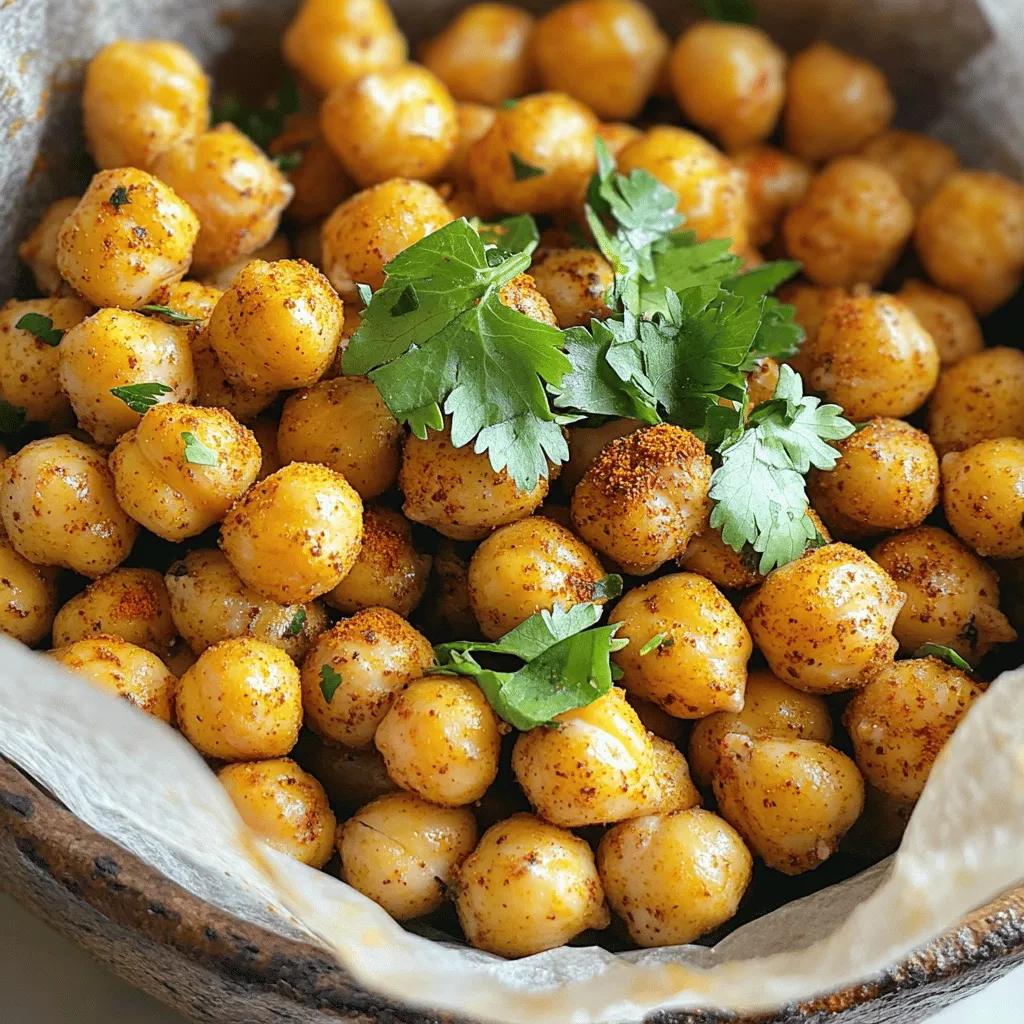 - 1 can (15 oz) chickpeas, drained and rinsed - 2 tablespoons olive oil - 1 tablespoon curry powder - 1 teaspoon garlic powder - 1/2 teaspoon cumin - 1/2 teaspoon smoked paprika - Salt and pepper, to taste Chickpeas are the star of this recipe. They are packed with protein and fiber. You can use canned chickpeas for ease. Rinse them well to remove extra salt. Olive oil adds healthy fat and helps the spices stick. It also helps the chickpeas get crispy. The spices bring the flavor to life: - Curry powder gives warmth. - Garlic powder adds a savory touch. - Cumin brings earthiness. - Smoked paprika adds a hint of smokiness. - Fresh cilantro, chopped - Additional seasonings (salt and pepper) Garnishing with fresh cilantro adds a bright flavor. It also makes the dish look colorful. You can add more salt and pepper based on your taste. This way, you can customize your snack! 1. Preheating the Oven Start by preheating your oven to 400°F (200°C). This step helps the chickpeas cook evenly. 2. Drying the Chickpeas Take the drained and rinsed chickpeas and spread them on a clean kitchen towel. Pat them dry gently. Removing excess moisture is key for crispiness. If they stay wet, they won’t crisp up well. 1. Mixing the Oil and Spices In a mixing bowl, combine 2 tablespoons of olive oil with 1 tablespoon of curry powder, 1 teaspoon of garlic powder, 1/2 teaspoon of cumin, and 1/2 teaspoon of smoked paprika. Add salt and pepper to taste. Stir well until the mixture is smooth. 2. Coating the Chickpeas Add the dried chickpeas to the bowl. Toss them in the spice mixture until they are fully coated. Make sure every chickpea gets some flavor. 1. Baking Time and Temperature Line a baking sheet with parchment paper. Spread the seasoned chickpeas in a single layer on the sheet. Roast them in the preheated oven for 25 to 30 minutes. Stir them halfway through to ensure they brown evenly. 2. Final Cooling Steps When the chickpeas turn golden brown and crispy, take them out of the oven. Let them cool for a few minutes. They will continue to crisp up as they cool. Garnish with fresh cilantro before serving for a pop of color and flavor. - Patting Chickpeas Dry: Dry your chickpeas well. After rinsing, lay them on a towel. Use another towel to pat them until they feel dry. Removing moisture is key for crispiness. If they stay wet, they will steam and not crisp up. - Spacing on the Baking Sheet: Spread the chickpeas out on your baking sheet. Avoid crowding them. Each chickpea needs space to roast evenly. If they are too close, they will not get that nice crunch. - Suggested Additional Spices: Feel free to add other spices. Consider chili powder for heat or turmeric for color. You can also try Italian herbs or lemon zest for a fresh taste. Experimentation keeps the snack exciting. - How to Adjust Spice Levels: To change the spice level, add more or less of the curry powder. If you like it milder, use less. For more heat, add cayenne pepper or crushed red pepper flakes. Always taste your mixture before cooking. {{image_2}} You can change the flavor of your curry roasted chickpeas in fun ways. Here are two ideas: - Spicy Sriracha Roasted Chickpeas: Add 1-2 tablespoons of Sriracha to your oil and spice mix. This will make your chickpeas hot and spicy. The heat from Sriracha pairs nicely with the curry flavor. - Sweet and Savory Maple Curry Chickpeas: Mix in 1 tablespoon of maple syrup with the oil and spices. The maple adds a sweet touch that balances the curry. This makes a tasty twist that you will love. If you have dietary needs, you can still enjoy this snack: - Gluten-Free Options: All the ingredients in this recipe are gluten-free. Just make sure to check your spice labels. Some brands may add gluten. - Vegan Alternatives: This recipe is already vegan. The chickpeas and spices offer great flavor without any animal products. Enjoy this snack guilt-free! To keep your curry roasted chickpeas fresh, use an airtight container. Glass containers work well, but plastic ones are fine too. You want to keep out air and moisture. For best taste and crunch, eat them within 3 to 5 days. When it's time to enjoy leftovers, you can reheat them in the oven. Preheat your oven to 350°F (175°C). Spread the chickpeas on a baking sheet. Heat for about 10-15 minutes. This method helps to keep them crunchy. You can also use an air fryer for a few minutes. This option gives them a nice crispness again. Enjoy! To make crispy roasted chickpeas, you need to reduce moisture. Start by draining and rinsing your chickpeas. Then, spread them on a towel and pat them dry. This step helps get rid of extra water. The drier the chickpeas, the crispier they will get. After drying, mix them with olive oil and spices. Spread them on a baking sheet in one layer. Bake until golden brown and crunchy. Yes, you can use dried chickpeas. First, soak them in water overnight. This helps them soften. After soaking, drain the water and cook them until tender. You can boil them or use a pressure cooker. Once cooked, let them cool. Then, follow the same steps as with canned chickpeas. Add olive oil and spices before roasting. Curry roasted chickpeas work great as a snack. You can serve them with yogurt dip for a tasty treat. They also pair well with salads, adding crunch and flavor. Try using them as a topping on soups or grain bowls. For a fun twist, mix them into popcorn for a spicy snack! You now know how to make delicious roasted chickpeas. We explored key ingredients like chickpeas, olive oil, and spices. You learned simple steps for preparation, cooking, and roasting. With tips for crispiness and flavor, you can adjust the recipe to your taste. We also discussed variations, dietary needs, and how to store leftovers. Roasted chickpeas are fun, tasty, and full of nutrition. Enjoy making them your way!