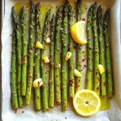 To make Lemon Garlic Roasted Asparagus, you will need a few simple ingredients. Here’s what you'll need: - 1 bunch of fresh asparagus, trimmed - 3 tablespoons olive oil - 3 cloves garlic, minced - Zest and juice of 1 lemon - 1 teaspoon salt - 1/2 teaspoon black pepper - 1/2 teaspoon red pepper flakes (optional) - Grated Parmesan cheese (for serving, optional) - Lemon slices (for garnish) These ingredients come together to create a bright and zesty dish. Fresh asparagus gives a crisp texture, while garlic adds depth. The lemon brings a lovely tang that brightens the flavors. You can use red pepper flakes if you like some heat. Parmesan cheese is a great option for a savory finish. Lemon slices on top will make your dish look beautiful and fresh. - First, preheat your oven to 425°F (220°C). This hot oven helps the asparagus roast well. - Next, rinse the asparagus under cold water. This step removes dirt and grit. - Trim the tough ends of the asparagus. You can snap them off easily. Place the trimmed asparagus on a baking sheet lined with parchment paper. - In a small bowl, combine 3 tablespoons of olive oil, 3 minced garlic cloves, the zest of one lemon, and the juice of that lemon. - Add 1 teaspoon of salt, 1/2 teaspoon of black pepper, and the optional 1/2 teaspoon of red pepper flakes. The flakes add a nice kick. - Mix all the ingredients well. This mixture will add flavor to the asparagus. - Pour the lemon garlic mixture over the asparagus. Make sure all the spears get coated. - Toss the asparagus gently with your hands. This helps distribute the marinade evenly. - Arrange the asparagus in a single layer on the baking sheet. This allows for even roasting. - Roast in the preheated oven for 15 to 20 minutes. They should be tender and a little crispy on the tips. - Once done, remove the baking sheet from the oven. Let them cool for a minute before serving. To get the best texture, you want your asparagus to be tender but still crisp. Make sure to choose thin stalks for quick cooking. Thicker stalks can take longer and may become tough. When you roast at 425°F, the high heat helps the asparagus become slightly crispy on the tips. Spread them out on your baking sheet. This allows hot air to circulate and cook them evenly. If they are too crowded, they will steam instead of roast. While lemon and garlic are stars, you can add more flavor. Try fresh herbs like thyme or rosemary. These herbs pair well with the zest of the lemon. You can also use balsamic vinegar for a sweet touch. If you like heat, add more red pepper flakes or a dash of cayenne. Mixing in some chopped sun-dried tomatoes adds a nice kick too. Get creative! Lemon Garlic Roasted Asparagus works well with many meals. It pairs nicely with grilled chicken or fish. You can also serve it alongside pasta for a fresh twist. For a pretty presentation, place the asparagus on a white plate. Top it with grated Parmesan and lemon slices. This adds color and makes it look fancy. Enjoy this dish warm for the best flavor! {{image_2}} You can change up the flavor of your lemon garlic roasted asparagus by trying different herbs and spices. Here are some great options: - Thyme: Adds a nice earthy note. - Rosemary: Gives a strong, woody flavor. - Oregano: Offers a warm, slightly sweet taste. - Cumin: Adds a hint of warmth and earthiness. Mix and match these seasonings to find what you love best. Don't be afraid to experiment! Want to make this dish heartier? You can add protein to turn it into a full meal. Here are a few ideas: - Chicken Breast: Season and roast with the asparagus for a complete dish. - Shrimp: Toss shrimp in the lemon garlic mix and roast them together. - Tofu: Marinate cubed tofu in the same mixture and roast it alongside the asparagus. These options will make your meal more filling and satisfying. You can adjust this recipe based on what is in season. Here’s how to switch things up: - Spring: Add fresh peas or baby carrots for a colorful mix. - Summer: Toss in cherry tomatoes or zucchini for extra flavor. - Fall: Try adding butternut squash or sweet potatoes for warmth. Using seasonal ingredients keeps your meals fresh and exciting. It also supports local farmers! Store any leftover asparagus in a sealed container. Refrigerate it within two hours of cooking. This helps keep it fresh. Use the leftovers within three days for the best taste. To reheat asparagus, use the oven or a skillet. Preheat the oven to 350°F (175°C). Place the asparagus on a baking sheet and heat for about 10 minutes. This method keeps the flavor and texture. If using a skillet, add a splash of olive oil and heat over medium. Cook for a few minutes until warm. You can freeze asparagus, but it needs prep first. Blanch the asparagus in boiling water for two minutes. Then, place it in an ice bath to stop cooking. Drain and dry the asparagus completely. Pack it in freezer bags, removing as much air as possible. Label the bags and freeze for up to three months. For this recipe, I recommend using fresh green asparagus. Look for bright green stalks with firm tips. Avoid any with yellowing or soft spots. Thin stalks cook faster and are more tender, while thicker ones may take a bit longer. Yes, you can use other oils if you prefer. Avocado oil works great for roasting. It has a high smoke point and a mild flavor. Grapeseed oil is another option. It also complements the lemon and garlic well. You’ll know the asparagus is done when it turns bright green and is tender. The tips should be slightly crispy but not burnt. A fork should easily pierce the stalks. Check around 15 minutes for a perfect roast. Yes, you can prep the asparagus ahead. Trim and coat the asparagus in the lemon garlic mix. Store it in the fridge for up to 2 hours. Roast it just before serving for the best flavor and texture. For the complete Lemon Garlic Roasted Asparagus recipe, please check the earlier sections. It includes detailed steps and tips to make this dish a hit! Lemon Garlic Roasted Asparagus is simple and tasty. We covered all the ingredients and steps needed for a perfect dish. With tips on flavor and serving, you can impress anyone. Remember to store and reheat leftovers properly for the best flavor. Feel free to try new spices or add protein to make it a meal. Fresh asparagus is the star, so choose wisely. Enjoy your cooking and the delightful flavors of this recipe!