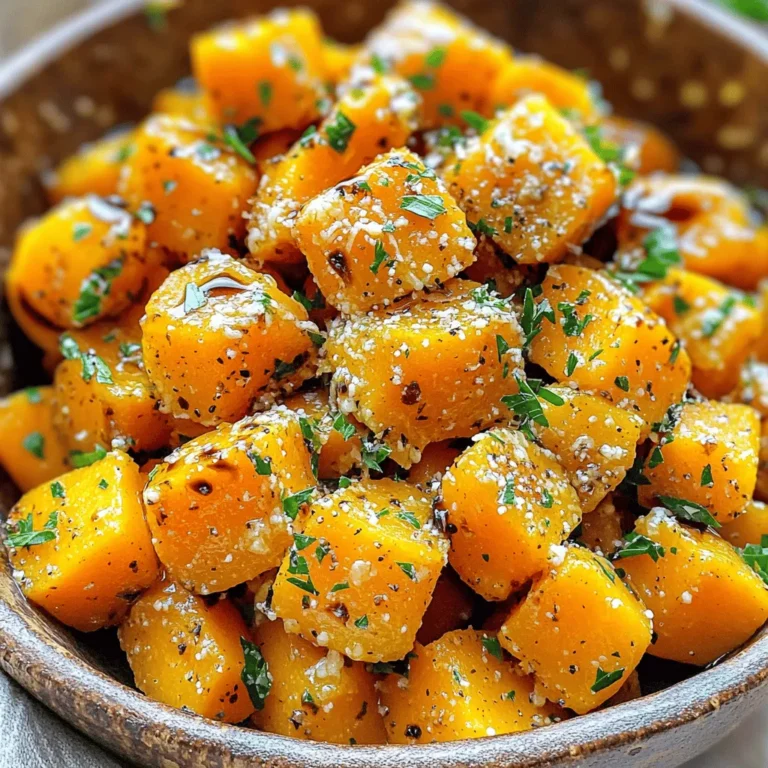 - 1 medium butternut squash, peeled and cubed - 4 cloves of garlic, minced - 2 tablespoons olive oil - 1 cup grated Parmesan cheese - 1 teaspoon dried thyme - 1 teaspoon salt - 1/2 teaspoon black pepper - 1 tablespoon balsamic glaze (optional, for drizzling) - Fresh parsley, chopped (for garnish) To make roasted garlic Parmesan butternut squash, you need a few simple ingredients. First, the star of the dish is the butternut squash. Choose a medium squash, peel it, and cut it into cubes. This makes it easy to roast and enjoy. Next, fresh garlic adds a robust flavor. You will want to mince four cloves to release their sweetness. Olive oil helps the squash roast nicely while giving it a rich taste. You will need two tablespoons for this dish. Grated Parmesan cheese is key for a cheesy finish. Use about one cup to sprinkle on top of the squash. Dried thyme adds a nice herbal note. Just one teaspoon will do. You also need salt and black pepper to enhance the flavors. Use one teaspoon of salt and half a teaspoon of pepper. For a special touch, you can drizzle balsamic glaze on the finished dish. This adds a sweet and tangy contrast. Lastly, fresh parsley will brighten the dish. Chop some to use as a garnish. Gather these ingredients, and you are ready to create a cozy, tasty dish. - Preheat the oven to 400°F (200°C). - In a big bowl, mix the cubed butternut squash with minced garlic, olive oil, thyme, salt, and pepper. Toss it well to coat every piece of squash. - Spread the seasoned squash in a single layer on a baking sheet. Make sure they are not crowded. - Roast in the oven for 25-30 minutes. Flip the squash halfway through. This helps them cook evenly and get nice and golden. - Take the baking sheet out and sprinkle the grated Parmesan cheese over the squash. - Return it to the oven for another 5-7 minutes. This will melt the cheese and make it lightly brown. - If you like, drizzle balsamic glaze over the squash for extra flavor. - Finish by garnishing with chopped fresh parsley before serving. To ensure even roasting, cut the butternut squash into similar-sized cubes. This helps them cook at the same rate. The ideal roasting time for tenderness is about 25 to 30 minutes. Flip the squash halfway through to get a nice brown color on all sides. You can boost the flavor with extra seasonings like smoked paprika or a pinch of cayenne pepper for heat. To achieve a crispy cheese topping, add the Parmesan cheese for the last 5 to 7 minutes of roasting. This gives it time to melt and brown perfectly. For the best visual appeal, serve the roasted squash in a large bowl. You can also plate it individually to impress your guests. Garnish with fresh parsley and an extra sprinkle of Parmesan. A drizzle of balsamic glaze adds a beautiful touch and enhances the flavor. {{image_2}} You can change the cheese if you want. Try using nutritional yeast for a cheesy flavor without dairy. This swap works well if you're vegan or lactose intolerant. You can also use pecorino cheese for a sharper taste. For herbs, consider fresh rosemary or sage instead of thyme. These herbs add a nice twist. You can even try a pinch of cayenne for some heat. Each swap gives the dish a new flavor. If you need a vegan option, replace Parmesan with a nut-based cheese. You can also skip the cheese altogether and add more spices. This keeps the flavor strong without dairy. For gluten-free diets, this recipe is already safe! Just make sure your balsamic glaze is gluten-free, as some brands may contain gluten. In fall or winter, you can use other squashes like acorn or kabocha. Each type adds its unique flavor and texture. You can also mix in seasonal vegetables, like Brussels sprouts or carrots. Roasting these together brings out their sweetness. This makes a colorful and tasty dish that changes with the seasons. To keep your roasted garlic Parmesan butternut squash fresh, store it in an airtight container. Make sure it cools down first. This way, it won’t steam and get soggy. In the fridge, it lasts about 3 to 5 days. If you want the best taste, eat it sooner rather than later. When you reheat the squash, use the oven or a skillet. The oven helps keep it crispy. Heat it at 350°F (175°C) for about 10 to 15 minutes. For a skillet, add a bit of olive oil and warm it over medium heat. You can also use the squash in soups or mix it into pasta dishes for a tasty twist. If you want to freeze the roasted squash, let it cool completely. Place it in a freezer-safe bag, and remove as much air as you can. It will keep for about 3 months in the freezer. When you’re ready to use it, thaw it overnight in the fridge. Reheat it in the oven to get that nice texture back. How do I peel and cube a butternut squash? First, wash the squash well. Then, cut off both ends. Use a sharp knife to carefully peel the skin. After peeling, cut the squash in half lengthwise. Scoop out the seeds with a spoon. Finally, slice the squash into long strips and then cube them into bite-sized pieces. Can I use frozen butternut squash for this recipe? Yes, you can use frozen butternut squash. Make sure to thaw it first and drain excess water. This will help your dish stay flavorful and not watery. Can I air fry butternut squash instead of roasting? Definitely! Air frying butternut squash can give it a nice crispy texture. Set your air fryer to 400°F. Cook for about 15-20 minutes, shaking the basket halfway through. What temperature is best for roasting vegetables? A good temperature for roasting vegetables is 400°F. This heat allows the veggies to caramelize and get tender without burning. What can I serve with roasted garlic Parmesan butternut squash? You can serve this dish with grilled chicken, fish, or a fresh salad. It also pairs well with grains like quinoa or rice. Is it a good side dish for special occasions? Yes, this dish makes a great side for special occasions. Its rich flavors and beautiful color make any meal feel festive. This blog post covered how to make roasted garlic Parmesan butternut squash. You learned about the ingredients, step-by-step instructions, and helpful tips. I also shared variations, storage info, and answered common questions. Roasting butternut squash is simple and tasty. You can adapt it to fit your diet and use leftovers creatively. Enjoy bringing this delicious dish to your table!