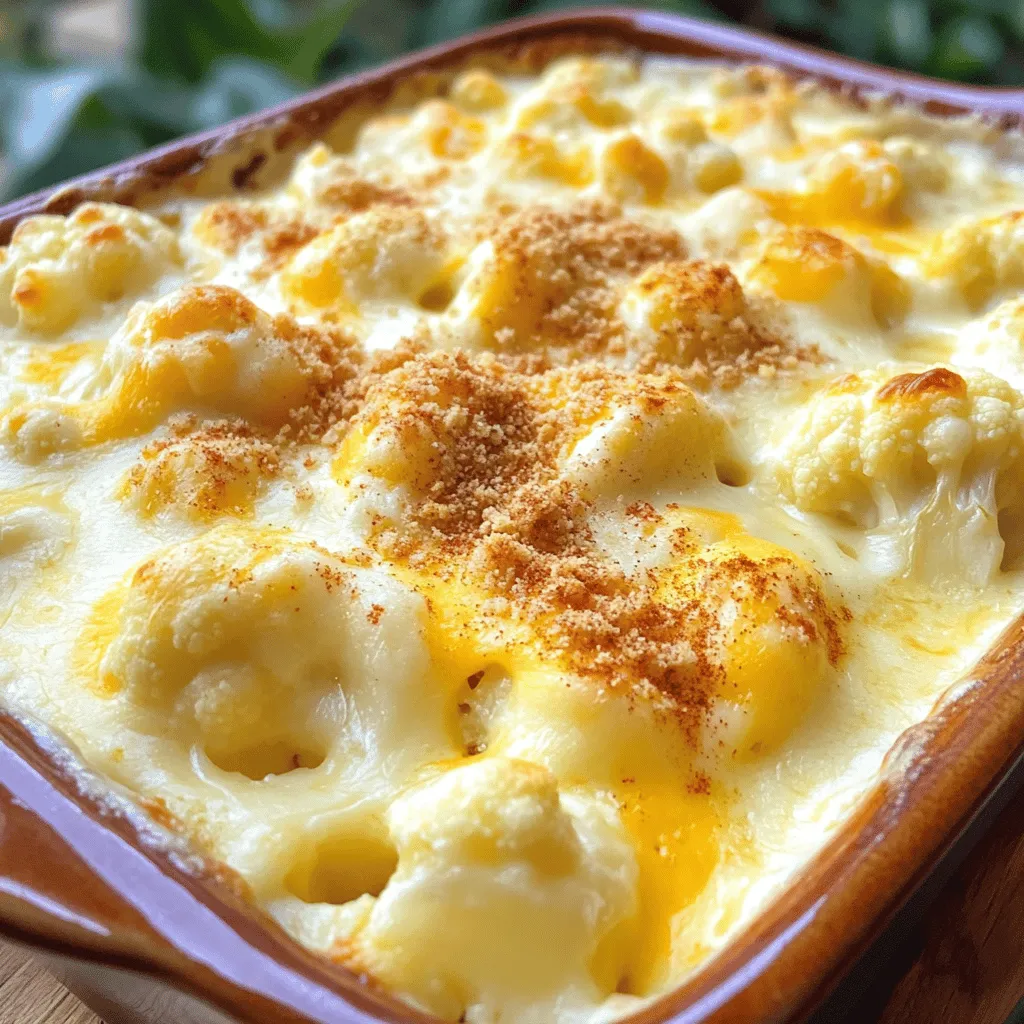 To make Cheesy Cauliflower Au Gratin, you need a few key items: - 1 large head of cauliflower, cut into florets - 2 cups grated sharp cheddar cheese - 1 cup grated Gruyère cheese - 3 tablespoons unsalted butter - 3 tablespoons all-purpose flour - 2 cups whole milk These ingredients create a creamy and rich dish. The cauliflower brings a nice crunch, while the cheeses melt beautifully, giving you that gooey texture everyone loves. Next, add some flavor with these seasonings: - 1 teaspoon garlic powder - 1 teaspoon onion powder - Salt and pepper to taste These spices enhance the dish without overpowering the main flavors. They add a warm, savory touch that complements the cheeses well. For an extra crunch and flair, consider these optional toppings: - 1/4 cup breadcrumbs - 1/2 teaspoon paprika (for garnish) Breadcrumbs add a crispy layer on top, and paprika gives a pop of color. You can mix it up based on what you have or prefer. - Start by cutting the large head of cauliflower into florets. - Bring a pot of salted water to a boil. - Blanch the florets for 3-4 minutes until slightly tender. - Drain the cauliflower and set it aside. - In a saucepan, melt 3 tablespoons of unsalted butter over medium heat. - Whisk in 3 tablespoons of all-purpose flour. Cook for 1-2 minutes to form a roux. - Gradually add 2 cups of whole milk while whisking. Keep stirring until it thickens. - After about 5-7 minutes, stir in 1 teaspoon of garlic powder, 1 teaspoon of onion powder, and salt and pepper to taste. - Remove from heat and mix in 1 1/2 cups of grated sharp cheddar cheese and all of the grated Gruyère cheese. Stir until smooth and melted. - Place the blanched cauliflower in a greased 9x13 inch baking dish. - Pour the cheese sauce evenly over the cauliflower. - Sprinkle the remaining cheddar cheese on top. - If you want a crunchy topping, add 1/4 cup of breadcrumbs. - Finish it off with a dusting of paprika for color. - Bake in your preheated oven at 375°F (190°C) for 25-30 minutes. Look for a golden and bubbly top. - Allow it to cool for a few minutes before serving. This helps the cheese set slightly. To avoid lumps in your cheese sauce, whisk the roux well. Start with melted butter and flour. Stir until smooth before adding milk. Gradually pour in the milk while whisking. This keeps the sauce creamy. For the right thickness, cook the sauce until it bubbles. This takes about 5-7 minutes. You want it to coat the back of a spoon. You can use different cheeses for fun flavors. Sharp cheddar brings a tangy taste. Gruyère adds a nutty richness. Mixing cheeses can make your dish unique. Try adding herbs like thyme or rosemary for extra flavor. A pinch of cayenne or nutmeg can also spice things up. Don't be afraid to play with flavors based on your taste. Choose the right breadcrumbs to get that crunch. Panko breadcrumbs work best. They are lighter and crispier than regular ones. For added crispness, broil the dish for a few minutes at the end. Keep an eye on it to avoid burning. A golden crust makes the dish look inviting and tasty. {{image_2}} You can make Cheesy Cauliflower Au Gratin healthier with simple swaps. - Use low-fat cheese or milk to cut calories. - Add more vegetables like spinach or broccoli for extra nutrients. These options keep the dish tasty while boosting its health benefits. You can enjoy creamy flavors without the guilt. Mix things up with fun flavors in your dish. - For a spicy kick, add jalapeños to the cheese sauce. - For a Mediterranean twist, mix in olives and feta cheese. These changes create new taste experiences while staying true to the dish. You can explore different flavor profiles every time you make it! Cheesy Cauliflower Au Gratin works well with many meals. - Pair it with proteins like grilled chicken or baked fish. - It shines as a side dish or can be a main course. No matter how you serve it, this dish will impress your guests and family. It's a versatile choice that fits many occasions! Store leftover Cheesy Cauliflower Au Gratin in the fridge for up to three days. Use an airtight container to keep it fresh. Glass containers work well as they do not retain odors. If you want to save space, stack smaller portions in separate containers. You can freeze Cheesy Cauliflower Au Gratin for up to two months. Cool the dish completely before freezing. Wrap it tightly with plastic wrap and then aluminum foil. This helps prevent freezer burn. To reheat, remove the wrapping and place it in the oven at 350°F (175°C) until warmed through. For the best texture, reheat in the oven rather than the microwave. Cover the dish with foil to keep it moist. Remove the foil for the last 10 minutes to crisp the top. If it seems soggy, bake for a few extra minutes. This will help restore its delicious texture. Yes, you can prepare this dish a day before. Blanch the cauliflower and make the cheese sauce as directed. Then, layer the cauliflower and sauce in a baking dish. Cover it tightly with plastic wrap or foil. Keep it in the fridge overnight. When you're ready to bake, remove it from the fridge. Let it sit for about 30 minutes to reach room temperature. Then, bake as usual. This will save you time and still give you a creamy, cheesy dish. If you can’t find Gruyère, don't worry! You can use other cheeses. Good options include Swiss cheese or a mix of mozzarella and cheddar. These cheeses melt well and will still give you that creamy texture. For a sharper flavor, try aged white cheddar. Each option will give the dish a unique taste while keeping it delicious. Yes, Cheesy Cauliflower Au Gratin can be made gluten-free. Instead of all-purpose flour, use a gluten-free flour blend or cornstarch for the roux. This will help thicken the cheese sauce without gluten. Always check the labels on your cheese and other ingredients to ensure they are gluten-free. Enjoy this dish without worry! This blog post covers how to make Cheesy Cauliflower Au Gratin. You learned about the main ingredients like cauliflower, cheese, and milk. I explained step-by-step instructions, tips for the best cheese sauce, and ways to add flavor. You can even try healthy or fun variations. In closing, this dish is flexible and tasty. It can fit any meal and please any palate. Enjoy creating your own delicious version!