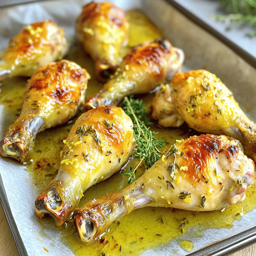 - 8 chicken drumsticks - 3 tablespoons olive oil - 2 lemons (zested and juiced) - 4 cloves garlic, minced - 1 tablespoon fresh thyme leaves (or 1 teaspoon dried thyme) - 1 teaspoon salt - 1/2 teaspoon black pepper - 1 teaspoon paprika These main ingredients create a fresh and zesty flavor. The chicken drumsticks are juicy and tender. The olive oil helps the skin crisp up nicely. The lemon adds brightness, while garlic gives depth. - 1 teaspoon honey (optional for a touch of sweetness) - Fresh thyme sprigs for garnish Honey adds a slight sweetness. It balances the tartness of the lemon. The fresh thyme sprigs serve as a lovely touch when serving. They enhance the dish's visual appeal and flavor. - Fresh thyme is key to this recipe. It pairs perfectly with chicken. - Paprika adds color and a mild smoky taste. - Salt and black pepper enhance all the flavors. These herbs and spices create a well-rounded dish. They bring out the best in the chicken. You can play with other herbs, like rosemary or oregano, for variety. Start by gathering your ingredients. You will need 8 chicken drumsticks, olive oil, lemons, garlic, thyme, salt, pepper, paprika, and honey if you want added sweetness. Preheat your oven to 425°F (220°C). Line a baking sheet with parchment paper. This makes cleanup easy. In a large bowl, mix 3 tablespoons of olive oil, the zest and juice of 2 lemons, 4 minced garlic cloves, 1 tablespoon of fresh thyme, 1 teaspoon of salt, 1/2 teaspoon of black pepper, and 1 teaspoon of paprika. Stir this mixture well to create a flavorful marinade. Add the chicken drumsticks to the marinade bowl. Use your hands or tongs to coat each drumstick well. It is important that every piece gets covered to absorb all the flavors. Let the drumsticks sit in the marinade for at least 30 minutes. For more flavor, you can marinate them overnight in the fridge. This step makes a big difference in taste. After marinating, arrange the drumsticks on your baking sheet in a single layer. Make sure they are not touching. This helps them cook evenly. Roast the chicken in the preheated oven for 35 to 40 minutes. You want them to be golden brown and crispy. The internal temperature should reach 165°F (75°C) to be safe to eat. Halfway through cooking, flip the drumsticks for even browning. Once done, take them out and let them rest for 5 minutes. Before serving, garnish with fresh thyme sprigs for a nice touch. Enjoy your tasty lemon thyme roasted chicken drumsticks! To get that perfect crispy skin, start with dry drumsticks. Pat them with paper towels before marinating. The marinade adds flavor but can make the skin soggy if it’s too wet. Roast the chicken in a hot oven, around 425°F (220°C). This high heat helps the skin crisp up nicely. Flip the drumsticks halfway through to get even browning. You can use your grill for this recipe. Just marinate the drumsticks as you would for baking. Preheat your grill to medium-high heat. Cook the drumsticks for about 25-30 minutes, turning them often. This gives them a smoky flavor. Baking is a great option too. It’s easier to keep an eye on the chicken and get that golden finish. Want to switch things up? Add different herbs like rosemary or oregano. You can also mix in spices like cumin or cayenne for heat. For a sweet twist, try adding brown sugar with the honey. If you love citrus, add orange juice or zest to the marinade. These small changes can take your lemon thyme roasted chicken to a new level! {{image_2}} I love serving Lemon Thyme Roasted Chicken Drumsticks with simple sides that balance the flavor. Some great options include: - Roasted vegetables: Carrots, zucchini, and bell peppers roast well. - Mashed potatoes: Creamy potatoes add comfort to the meal. - Rice: Lemon or herb rice works nicely with the chicken. - Coleslaw: A crunchy slaw adds a fresh touch. - Green salad: Mixed greens with a light vinaigrette keep it light. Drinks can enhance your meal. For this dish, I recommend: - Lemonade: This drink echoes the lemon flavor in the chicken. - White wine: A crisp Sauvignon Blanc pairs well with thyme and lemon. - Sparkling water: A refreshing choice, try it with a slice of lemon. - Iced tea: A light herbal tea brings out the dish's flavors. Garnishes bring your dish to life. Here are my favorites: - Fresh thyme sprigs: They add color and hint at the flavor inside. - Lemon wedges: Serve them on the side for a burst of freshness. - Chopped parsley: A sprinkle of green adds a nice contrast. - Zest: A bit of lemon zest on top adds a bright touch. After enjoying your lemon thyme roasted chicken drumsticks, store any leftovers properly. Place the cooled drumsticks in an airtight container. This keeps them fresh for up to three days in the fridge. If you want to save them longer, try freezing. To reheat your chicken drumsticks, the oven is the best choice. Preheat your oven to 350°F (175°C). Place the drumsticks on a baking sheet. Cover them with foil to keep them moist. Heat for about 15-20 minutes, or until they are warm. You can also use a microwave, but the skin won't be crispy. If you want to freeze your drumsticks, make sure they are completely cool. Wrap each drumstick tightly in plastic wrap. Then, place them in a freezer bag or container. Write the date on the bag. They can stay in the freezer for up to three months. To use, thaw them in the fridge overnight before reheating. You should marinate chicken drumsticks for at least 30 minutes. This helps the flavors soak in. If you have time, leave them in the fridge overnight. Longer marination gives a deeper taste. Yes, you can use other cuts like thighs or breasts. Just adjust the cooking time. Thighs may need a bit longer, while breasts cook faster. Ensure all chicken pieces are at a safe temperature of 165°F (75°C). The best way is to check the internal temperature using a meat thermometer. Insert it in the thickest part of the chicken. It should read at least 165°F (75°C). If you don’t have a thermometer, cut into the thickest part. The juices should run clear, not pink. This post covered how to make lemon thyme roasted chicken drumsticks. We looked at key ingredients, step-by-step cooking, and tips for nice skin. I shared serving ideas and how to store leftovers too. Cooking can be simple and fun. With these steps, you can create a tasty meal. Trust me, your friends and family will love this dish. Enjoy your cooking journey!