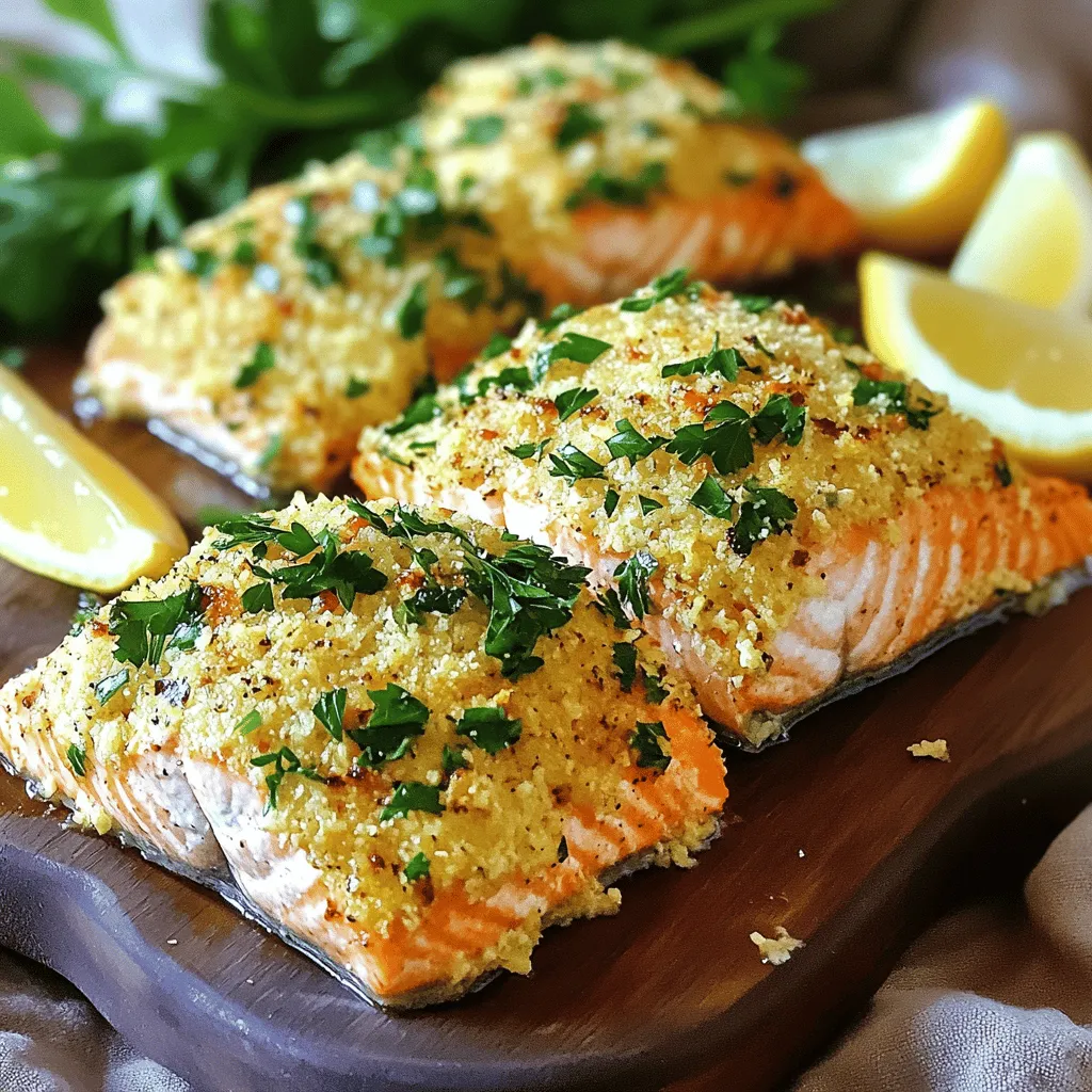 - 4 salmon fillets (about 6 oz each) - 1/2 cup grated Parmesan cheese - 1/2 cup panko breadcrumbs - 1 tablespoon fresh parsley, chopped - 1 teaspoon garlic powder - 1 teaspoon onion powder - 1 teaspoon smoked paprika - Salt and pepper to taste - 2 tablespoons olive oil - Lemon wedges for serving The secret to great crispy Parmesan crusted salmon lies in these key ingredients. First, I use salmon fillets for their rich flavor and healthy fats. Grated Parmesan cheese adds a bold taste and a wonderful crunch. Panko breadcrumbs bring extra crispiness. Seasonings play an important role too. Fresh parsley brightens the dish with color and freshness. Garlic powder and onion powder add depth. Smoked paprika gives a nice, smoky flavor that complements the salmon. Don't forget salt and pepper. They enhance all the flavors. Olive oil helps the crust stick and adds healthy fats. Lastly, lemon wedges add a zesty touch when serving. This combination makes for a delicious and satisfying meal. - Preheat your air fryer to 400°F (200°C). This helps the salmon cook evenly. - In a bowl, mix together: - 1/2 cup grated Parmesan cheese - 1/2 cup panko breadcrumbs - 1 tablespoon fresh parsley, chopped - 1 teaspoon garlic powder - 1 teaspoon onion powder - 1 teaspoon smoked paprika - Salt and pepper to taste - Pat the salmon fillets dry with paper towels. This helps the coating stick better. - Drizzle about 2 tablespoons of olive oil over each fillet. Make sure to coat both sides lightly. - Take the Parmesan mixture and press it onto the top of each salmon fillet. Make sure each piece is well covered. - Arrange the coated fillets in the air fryer basket. Do not overcrowd them; leave space for air to circulate. - Cook the salmon for 8-10 minutes. Check for doneness when the crust is golden and crispy. The salmon should flake easily with a fork. To get that crispy crust, start by preheating your air fryer to 400°F (200°C). Preheating helps the salmon cook evenly and form a golden crust. If you skip this step, the crust may not turn out as crispy. Avoid overcrowding the basket. Leave space between the salmon fillets. This allows hot air to circulate and crisp up every piece. If your air fryer is small, cook in batches. For a great presentation, plate the salmon on a rustic wooden board or a simple white plate. Drizzle a little olive oil on top. A sprinkle of fresh parsley adds color. Serve with lemon wedges for a zesty touch. Pair your salmon with side dishes like roasted veggies or a fresh salad. These options balance the rich flavors of the salmon. Store any leftovers in an airtight container. Keep them in the fridge for up to 3 days. If you want to freeze them, wrap each fillet tightly in plastic wrap, then place them in a freezer bag. They can last up to 2 months. To reheat, use your air fryer again. Set it to 350°F (175°C) and cook for about 5 minutes. This keeps the crust crispy. If you use a microwave, the crust may become soggy. {{image_2}} You can change the taste of your crispy Parmesan crusted salmon by adding herbs or spices. Try mixing in dill, basil, or even crushed red pepper for a kick. Each herb will give your dish a new twist. You can also explore alternative crust options. Instead of panko, you might use crushed cornflakes or almond flour for a different texture. Each choice offers a unique crunch to your salmon. If you need gluten-free adaptations, switch panko with gluten-free breadcrumbs. This small change keeps the dish tasty and safe for those with gluten issues. For low-carb options, skip the breadcrumbs entirely. Instead, use a mix of Parmesan and crushed nuts. This will still give you a crispy crust without the carbs. If you want to bake your salmon, preheat the oven to 400°F (200°C). Place the coated fillets on a baking sheet lined with parchment paper. Bake for 12-15 minutes. The salmon will come out flaky and moist. Grilling is another great option. Heat your grill to medium-high. Grill the salmon for about 6-8 minutes per side. This gives you a smoky flavor that enhances the crust. To keep your crispy Parmesan crusted salmon fresh, store it in the fridge. Use an airtight container. Make sure the salmon cools completely before sealing it. This helps keep it crisp for later. You can also freeze cooked salmon. Wrap each fillet tightly in plastic wrap. Then place it in a freezer bag. Be sure to remove as much air as possible. Cooked salmon lasts about three days in the fridge. If you freeze it, it can last up to three months. For best taste, try to eat it sooner rather than later. The flavor and texture are best when fresh. To enjoy your salmon again, reheat it carefully. The air fryer is best for this. Set it to 350°F (175°C). Heat the salmon for about five minutes. This keeps the crust crispy and the fish moist. You can also use an oven. Preheat it to 350°F and bake for about 10 minutes. Avoid using the microwave, as it can make the salmon soggy. Yes, you can use frozen salmon. Just make sure to thaw it first. Place it in the fridge overnight or run it under cold water. This helps the fish cook evenly. If you cook it from frozen, increase the cooking time by a few minutes. You can serve this salmon with many tasty sides. Here are some great options: - Steamed broccoli - Roasted asparagus - Garlic mashed potatoes - Quinoa salad - Mixed greens with vinaigrette These sides complement the salmon well and add color to your plate. Check the salmon with a fork. When it flakes easily, it's done. You can also use a meat thermometer. The internal temperature should reach 145°F (63°C). If you see a nice golden crust, that is a good sign too! Yes, you can prepare the salmon ahead of time. Coat it with the Parmesan mixture and store it in the fridge for up to 2 hours before cooking. This makes it easy to pop in the air fryer when you're ready to eat. Store any leftover salmon in an airtight container. Keep it in the fridge for up to 3 days. If you want to store it longer, you can freeze it for up to 2 months. Absolutely! You can try this recipe with tilapia, trout, or cod. Just adjust the cooking time based on the thickness of the fish. Each fish will bring its own flavor to the dish. Yes, this salmon recipe is healthy! Salmon is rich in omega-3 fatty acids. The air fryer uses less oil than frying, making it a great choice. Pair it with fresh veggies for a balanced meal. You can try using other cheeses like mozzarella or cheddar. Just keep in mind that the flavor and texture may change. For a dairy-free option, use a nut-based cheese or skip the cheese entirely. You can create a delicious, Parmesan-crusted salmon with just a few ingredients. Remember to prepare your air fryer first, and always pat your fish dry. Focus on avoiding overcrowding for a perfect crust. Feel free to try different herbs and spices to match your taste. Store any leftovers properly to maintain flavor and texture. With the right techniques, you’ll enjoy healthy and tasty meals. Try these tips, and impress your family and friends! Cooking can be fun and rewarding.