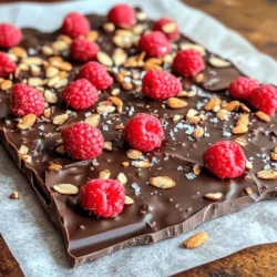 - 200g dark chocolate (70% cocoa or higher) - 1 cup fresh raspberries - 1/4 cup chopped nuts (almonds or pistachios work well) - 1 tablespoon coconut oil (for a softer bark) - Sea salt for sprinkling - Microwave-safe bowl - Baking sheet - Parchment paper - Spatula When making dark chocolate raspberry bark, you need a few key items. Dark chocolate is the star of the show. Choose a chocolate with at least 70% cocoa for a rich flavor. Fresh raspberries add a juicy burst of flavor. They also bring a beautiful color. Chopped nuts give the bark a satisfying crunch. Almonds and pistachios are great choices. For a softer texture, consider adding coconut oil. It helps the chocolate melt nicely. A sprinkle of sea salt at the end balances the sweet and tart flavors perfectly. Now, let's not forget the tools. You will need a microwave-safe bowl to melt the chocolate. A baking sheet is essential for spreading the chocolate out. Parchment paper will keep the chocolate from sticking. Finally, a spatula is a must for spreading and finishing touches. Gather these ingredients and tools, and you'll be ready to make this tasty treat! - Start by lining your baking sheet with parchment paper. - Make sure it covers the entire surface. This step helps prevent the bark from sticking later. - Place dark chocolate in a microwave-safe bowl. - Heat in 30-second intervals. Stir well after each interval. - Watch closely to avoid overheating. You want it smooth and glossy. - Pour the melted chocolate onto the lined baking sheet. - Use a spatula to spread it evenly to about 1/4 inch thick. - Gently scatter fresh raspberries over the chocolate. Press them down a bit to make them stick. - Evenly sprinkle chopped nuts on top for a nice crunch. - Lightly sprinkle sea salt over the bark. This adds a tasty contrast to the sweetness. - Place the baking sheet in the fridge for 30 minutes. This helps the bark harden completely. - Once set, break the bark into pieces. Store in an airtight container in the fridge until you are ready to enjoy. To get the best texture, start with quality chocolate. Look for dark chocolate with at least 70% cocoa. Higher cocoa content gives the bark a rich flavor. The chocolate should melt smoothly. If you want a softer bark, add coconut oil. This will keep it from being too hard. Just one tablespoon works wonders for texture. Storing your bark correctly keeps it fresh. Use an airtight container to prevent moisture. Glass jars or plastic containers both work well. Make sure the bark is cool before storing. It’s best to keep it in the fridge. This helps it stay firm and tasty. When it’s time to serve, get creative! Pair the bark with fresh fruits like strawberries or bananas. The sweet fruit balances the rich chocolate. For a fun touch, serve it with nuts or granola on the side. You can also place the bark on a nice plate for a pretty look. Adding a sprinkle of sea salt makes it even more appealing. {{image_2}} You can switch nuts in this recipe. Almonds give a nice crunch. They pair well with dark chocolate and raspberries. Pistachios add a fun color and flavor. They also add a bit of saltiness. If you want to try other nuts, consider walnuts or hazelnuts. Both work well with chocolate and add their unique taste. Just chop them up before adding. Dried fruits can add sweetness and chewiness. Try using dried cranberries or cherries. They match well with the tart raspberries. You can also use coconut flakes for a tropical twist. Spices can really boost the flavor. A pinch of cinnamon or cayenne pepper can add warmth. Experiment with different spices to find your favorite mix. Dark chocolate loves many fruits. You can try adding sliced strawberries or orange zest. They bring a bright flavor to the bark. If you want a sweet twist, drizzle white chocolate on top. This adds a lovely contrast to the rich dark chocolate. Have fun mixing and matching flavors to find your ideal bark! Dark chocolate raspberry bark can last up to two weeks in the refrigerator. Keep it in an airtight container to keep it fresh. If you want to store it longer, you can freeze it. Wrap the bark tightly in plastic wrap, then place it in a freezer bag. It can last up to three months in the freezer. Check for any changes in texture or appearance. If the bark develops a white film, it may have bloomed. This happens when fat or sugar rises to the surface. While it’s still safe to eat, the bark might not taste as good. Also, watch out for any off smells or changes in color. If you notice any of these signs, it’s best to toss it. If your dark chocolate raspberry bark gets too hard, you can soften it. Place the pieces in a microwave-safe bowl. Heat in short bursts of 5-10 seconds, stirring in between. This helps to evenly soften the bark without melting it completely. You can also let it sit at room temperature for a few minutes before serving. Making dark chocolate raspberry bark is quick and easy. The prep time is about 15 minutes. You will need an extra 30 minutes for it to harden in the refrigerator. So, the total time is 45 minutes. This means you can enjoy your tasty treat in less than an hour! Yes, you can use other types of chocolate! Milk chocolate will make the bark sweeter. It might not have the rich taste of dark chocolate. White chocolate is another option. It adds a creamy flavor but lacks the health benefits of dark chocolate. Choose what you enjoy most! Dark chocolate raspberry bark has some healthy perks. Dark chocolate has antioxidants that help your heart. Raspberries are low in calories and high in fiber. They also add vitamins. Nuts give you healthy fats. Just remember, while it has benefits, it’s still a treat. Enjoy it in moderation! You learned about making dark chocolate raspberry bark with key ingredients and tools. We discussed optional ingredients, step-by-step instructions, and some fun variations. I shared tips on getting the right texture and how to store your treat. This bark is simple and tasty. You can impress friends and enjoy a sweet snack. Don't be afraid to try new flavors or toppings. With a bit of creativity, this treat can be your own masterpiece. Enjoy making and sharing this easy dessert!