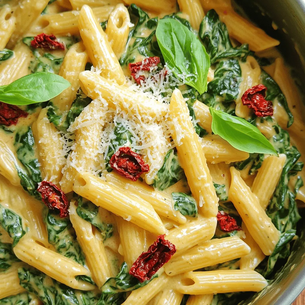 - 12 oz (340g) pasta (penne or fusilli) - 1 cup sun-dried tomatoes, packed in oil, roughly chopped - 4 cups fresh spinach - 1 cup heavy cream - 1 cup vegetable broth - 1/2 cup grated Parmesan cheese - 2 cloves garlic, minced - 1 teaspoon Italian seasoning - Salt and pepper to taste - 2 tablespoons olive oil - Fresh basil leaves for garnish (optional) When I make One-Pot Creamy Spinach Sun-Dried Tomato Pasta, I gather all my ingredients first. This way, I can enjoy the cooking process without looking for items. The pasta is the star, and I like penne or fusilli for this dish. They hold the sauce well, making every bite tasty. Sun-dried tomatoes add a rich flavor. I use the kind packed in oil for extra taste. Fresh spinach is a must. It wilts down nicely and adds color. Heavy cream makes the sauce creamy, while vegetable broth adds depth. I always include garlic to boost the taste. It makes the dish smell amazing as it cooks. Italian seasoning brings warmth and flavor. Salt and pepper round out the taste. To finish, I sprinkle grated Parmesan cheese on top. It melts into the dish, adding a nice touch. If I want to make it look pretty, I add fresh basil leaves as a garnish. Each ingredient plays a vital role in creating a flavorful and satisfying meal. Start by heating 2 tablespoons of olive oil in a large pot over medium heat. Once the oil is warm, add 2 cloves of minced garlic. Sauté the garlic for about 1 minute, until it becomes fragrant. This step adds a rich flavor to your pasta. Next, pour in 1 cup of vegetable broth and 1 cup of heavy cream. Stir these together well. The cream will make the sauce rich and smooth. Now it's time to add the pasta. You can use 12 oz of your favorite pasta, like penne or fusilli. Add this to the pot along with 1 cup of roughly chopped sun-dried tomatoes, 1 teaspoon of Italian seasoning, and salt and pepper to taste. Bring this mixture to a gentle boil. Once boiling, reduce the heat to low and cover the pot. Cook for about 10-12 minutes. Stir occasionally, until the pasta is al dente and has absorbed most of the liquid. After the pasta is cooked, stir in 4 cups of fresh spinach and 1/2 cup of grated Parmesan cheese. Mix until the spinach wilts and everything looks creamy. Taste your dish and adjust the seasoning if needed. To get the best texture, cook your pasta al dente. This means it should be firm when you bite into it. It will soak up the sauce and flavor while still being chewy. If you want a creamier dish, just add a bit more heavy cream. This will give you a richer taste. You can boost the flavor with herbs or spices. Consider adding fresh basil, thyme, or a pinch of red pepper flakes. They can make your dish pop! Using different cheese can also change the taste. Try adding mozzarella or feta for a fun twist. One-pot meals save you time. You cook everything in one pot, so there’s less mess. To make cleanup even easier, soak the pot right after serving. This helps loosen any stuck bits. Plus, you get more time to enjoy your meal! {{image_2}} You can make this dish even better by adding more veggies. Bell peppers add a nice crunch and color. Mushrooms bring a lovely, earthy flavor. You can even switch things up with seasonal produce. Fresh zucchini or asparagus work great in spring. In fall, try using roasted butternut squash. The choices are endless! Want to boost the protein? You can add chicken, shrimp, or tofu. If you choose chicken, cook it in the pot first, then add garlic. Shrimp cooks quickly, so add it when the pasta is almost done. For tofu, press it to remove excess water, then sauté it until golden. Adjust cooking times based on what you add. This makes every bite filling and tasty! If you want a vegan dish, just swap out the cream and cheese. Use coconut cream or cashew cream for richness. Nutritional yeast gives a cheesy flavor without dairy. Make sure to adjust the recipe to fit these changes. This way, everyone can enjoy creamy spinach sun-dried tomato pasta! To keep your One-Pot Creamy Spinach Sun-Dried Tomato Pasta fresh, let it cool first. Place it in a container with a tight lid. Glass or BPA-free plastic containers work best. This keeps the dish safe and tasty. Make sure to store it in the fridge right away. When you're ready to enjoy leftovers, do it right. To keep the creaminess, use low heat. The stovetop is best for this. Add a splash of broth or cream to help. Stir gently until warm. If you use a microwave, heat in short bursts. Stir in between to avoid hot spots. This dish stays fresh for about 3 to 4 days in the fridge. If it looks dry or has an off smell, it's time to toss it. Trust your senses! Mold or an unusual color means it's spoiled. Enjoy your creamy pasta while it's still at its best! Yes, you can use gluten-free pasta! Look for brands made from rice, corn, or quinoa. These types often cook well and keep a nice texture. Just follow the package directions for cooking times. Keep in mind that gluten-free pasta may absorb more liquid, so you might need to add a bit more broth or cream. To check if your pasta is cooked, taste a piece. Al dente pasta should be firm, but not hard. It should have a slight bite to it. Watch for the pasta to swell and expand, and it should have a smooth surface. If it feels mushy, it’s overcooked. Aim for that perfect balance! Yes, you can prepare some parts ahead! You can chop the sun-dried tomatoes and garlic, and wash the spinach in advance. If you want to make the full dish, cook it, but keep the spinach separate until you reheat. This way, it stays bright and fresh. When you are ready, just warm it all up on the stovetop and stir in the spinach! This recipe offers a tasty pasta dish with sun-dried tomatoes, fresh spinach, and creamy sauce. You can customize it with veggies or proteins, making it versatile. Remember, one-pot meals save time and clean-up. Store leftovers properly for freshness. Enjoy this dish any time, whether quick or for gathering friends. Cooking should be fun and easy, and this recipe shows how simple it can be. Dive in and make it your own!