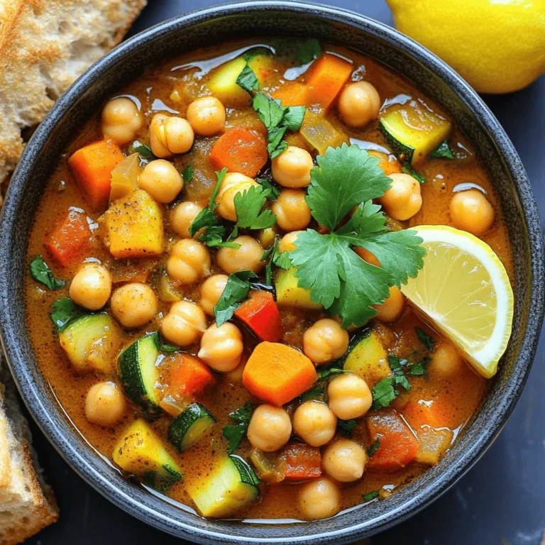 - 2 cups canned chickpeas, rinsed and drained - 1 large onion, diced - 3 cloves garlic, minced - 2 carrots, diced - 1 zucchini, diced - 1 red bell pepper, diced - 1 can (14 oz) diced tomatoes - 2 cups vegetable broth - 1 tablespoon olive oil - 2 teaspoons ground cumin - 2 teaspoons ground coriander - 1 teaspoon ground cinnamon - 1 teaspoon smoked paprika - 1/2 teaspoon cayenne pepper (adjust to taste) - Salt and pepper to taste - Fresh cilantro or parsley, for garnish - Lemon wedges, for serving Chickpeas are packed with protein and fiber. They help keep you full. Onions contain compounds that may help fight inflammation and improve heart health. Garlic adds flavor and boosts your immune system. Carrots are rich in beta-carotene, which is good for your eyes. Zucchini is low in calories and high in vitamins. Red bell peppers provide vitamin C and antioxidants. Diced tomatoes are a great source of vitamins A and C. Vegetable broth adds depth and flavor without extra calories. Olive oil provides healthy fats and may lower heart disease risk. Spices like cumin, coriander, and paprika add flavor and may aid digestion. Cayenne pepper can boost your metabolism. Fresh herbs like cilantro or parsley add flavor and nutrients. Lemon juice enhances taste and provides vitamin C. If you don’t have chickpeas, you can use white beans or lentils. No onion? Try shallots or leeks for a milder taste. Garlic powder can replace fresh garlic in a pinch. Use sweet potatoes instead of carrots for a different flavor. Bell peppers can be swapped with green peppers or even eggplant. If you're out of vegetable broth, water works too, but less flavor. Use coconut oil instead of olive oil for a different taste. If you don’t like cumin, try curry powder for a new twist. Fresh herbs can be replaced with dried herbs if needed. Lime juice can substitute for lemon juice for a zesty kick. To start, gather all your ingredients. You will need chickpeas, onion, garlic, carrots, zucchini, red bell pepper, diced tomatoes, vegetable broth, and spices. - 2 cups canned chickpeas, rinsed and drained - 1 large onion, diced - 3 cloves garlic, minced - 2 carrots, diced - 1 zucchini, diced - 1 red bell pepper, diced - 1 can (14 oz) diced tomatoes - 2 cups vegetable broth - 1 tablespoon olive oil - 2 teaspoons ground cumin - 2 teaspoons ground coriander - 1 teaspoon ground cinnamon - 1 teaspoon smoked paprika - 1/2 teaspoon cayenne pepper (adjust to taste) - Salt and pepper to taste - Fresh cilantro or parsley, for garnish - Lemon wedges, for serving Once you have everything ready, chop your veggies. Dice the onion, carrots, zucchini, and red bell pepper. Mince the garlic. This prep makes cooking faster and easier. Heat the olive oil in a large pot over medium heat. Add the diced onion. Sauté it until it turns translucent, about 5 minutes. Then, stir in the minced garlic. Cook for one more minute until it smells great. Next, add the diced carrots, red bell pepper, and zucchini to the pot. Cook these for about 5 to 7 minutes. Stir often until the veggies begin to soften. Now, sprinkle in the ground cumin, coriander, cinnamon, smoked paprika, cayenne pepper, salt, and pepper. Stir well to coat the veggies with spices. This step brings out the rich flavors. Cook for 2 more minutes. Pour in the diced tomatoes and their juices along with the vegetable broth. Bring this mixture to a boil. When boiling, add the chickpeas. Then, reduce the heat to low. Let the stew simmer for 20 to 25 minutes. This helps all the flavors blend together nicely. Keep an eye on the heat while the stew simmers. If it starts to boil too hard, lower the heat. Taste the stew after it simmers. Adjust the seasoning if needed. If the stew is too thick, pour in extra vegetable broth until it looks right. Serve the stew hot. Garnish it with fresh cilantro or parsley. Add lemon wedges on the side for a fresh kick. Enjoy your tasty Moroccan chickpea stew! To boost flavor, use fresh spices. Ground spices can lose their power over time. Toasting whole spices in a dry pan can add depth. Add a splash of lemon juice at the end for brightness. If you want more texture, try adding a handful of spinach or kale just before serving. This adds color and nutrients. You can also use roasted vegetables for a richer taste. One common mistake is not sautéing the onions long enough. They should be soft and slightly golden. Adding too many spices at once can overwhelm the dish. Instead, add spices gradually and taste as you go. If you find your stew too thick, don’t panic. Just stir in extra vegetable broth to reach your desired consistency. Lastly, don’t forget to adjust seasoning at the end. Serve the stew hot in deep bowls. A sprinkle of fresh cilantro or parsley on top adds color and flavor. Lemon wedges on the side bring a nice zing. Pair the stew with warm crusty bread or fluffy couscous. This combo makes for a satisfying meal. For a fun twist, serve it with a dollop of yogurt or a sprinkle of feta cheese. {{image_2}} You can make this stew vegetarian or vegan easily. The base is already plant-based. Use vegetable broth instead of chicken broth. You can add more vegetables like sweet potatoes or eggplant. These additions boost flavor and nutrition. If you want more protein, add lentils or quinoa. These swaps keep the dish filling and tasty. Feel free to swap ingredients for new tastes. For a creamier stew, add coconut milk instead of broth. If you like greens, toss in some spinach or kale. You can also switch the chickpeas for other beans like black beans or kidney beans. Each change brings a new flavor and texture to the dish. Adjusting spice levels is easy. If you prefer a milder stew, skip the cayenne pepper. You can also replace it with bell pepper for sweetness. On the other hand, if you love heat, add more cayenne or some fresh chili peppers. Cooking is all about your taste, so make it your own! After you enjoy your Moroccan chickpea stew, store leftovers in an airtight container. Let the stew cool to room temperature first. This helps keep the flavors fresh and prevents sogginess. Place the container in the fridge. It will stay good for 3 to 5 days. If you want to keep it longer, freezing is a great option. When you are ready to eat the stew again, reheat it on the stove. Pour the stew into a pot over low heat. Stir it often to warm it evenly. If the stew is too thick, add a splash of vegetable broth or water. You can also heat it in the microwave. Use a microwave-safe bowl and cover it loosely. Heat for 1 to 2 minutes, stirring halfway through. To freeze the stew, let it cool completely. Then, transfer it to a freezer-safe container. Leave some space at the top for expansion. Seal it tightly and label it with the date. You can freeze it for up to 3 months. When you want to eat it, thaw it overnight in the fridge. Then, reheat it on the stove or in the microwave. Enjoy the same great taste! You can serve Moroccan Chickpea Stew with warm crusty bread. It pairs well with fluffy couscous, too. You might also try it with a side salad for freshness. A simple cucumber salad adds a nice crunch. For a heartier meal, consider serving it with rice or quinoa. Yes, you can make this stew in a slow cooker. Start by sautéing the onion and garlic in a pan. Then add all ingredients to the slow cooker. Cook on low for 6-8 hours or high for 3-4 hours. This method allows flavors to deepen and blend nicely. To make the stew spicier, add more cayenne pepper. You can also include chopped jalapeños or hot sauce. If you want it milder, reduce or skip the cayenne. Adding a dollop of yogurt can cool the spices, too. Adjust to your taste for the best results. Yes, this stew is naturally gluten-free. All the ingredients listed do not contain gluten. Just make sure to check the labels if you use canned goods. This dish is perfect for those with gluten sensitivity. Enjoy it without worry! In this article, we explored the key ingredients and their benefits for Moroccan Chickpea Stew. I shared step-by-step cooking methods and essential tips to enhance flavor and avoid common mistakes. You learned about variations, ways to store leftovers, and answers to frequently asked questions. Remember, you can make simple swaps and adjustments to suit your taste. Enjoy this dish now and in the future!