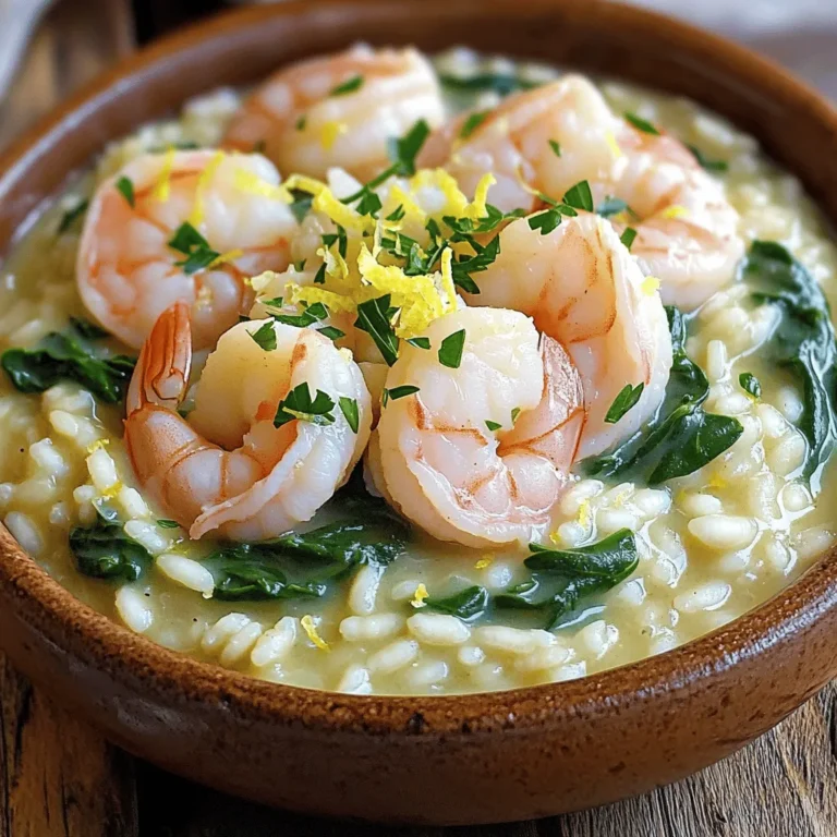To make this dish, gather these key ingredients: - 1 cup Arborio rice - 1 lb shrimp, peeled and deveined - 4 cups low-sodium vegetable broth - 1 small onion, finely chopped - 3 cloves garlic, minced - 1 cup fresh spinach, chopped - 1/2 cup heavy cream - 1/2 cup grated Parmesan cheese - 2 tablespoons olive oil - 1 tablespoon lemon juice - Zest of 1 lemon - Salt and pepper to taste - Fresh parsley, chopped for garnish These ingredients create a rich, creamy texture and a bright flavor in your risotto. If you don’t have an ingredient, here are some easy swaps: - Use chicken or seafood broth instead of vegetable broth. - Swap shrimp for cooked chicken or scallops if you prefer. - Try using half-and-half in place of heavy cream for a lighter option. - For a dairy-free version, use coconut cream and nutritional yeast instead of cheese. These substitutions still keep the dish delightful and tasty. Fresh ingredients often taste best. Fresh shrimp gives a sweeter flavor. Fresh spinach wilts nicely into the risotto. However, frozen shrimp works well too. Just thaw it before cooking. For the rice, Arborio is key. It gives risotto its creamy texture. Always choose the best quality you can find. This makes your dish shine with flavor. Using fresh or frozen ingredients can fit your needs. Enjoy the cooking process and taste the love in each bite! Start by heating the vegetable broth in a medium saucepan over low heat. Keep it warm while you cook. This way, the rice will absorb it better. In a large pan, pour in olive oil and heat it over medium heat. Add the finely chopped onion. Sauté for about 3-4 minutes until it turns soft and translucent. Then, stir in the minced garlic. Cook for 1-2 minutes until you smell its aroma. Now, add 1 cup of Arborio rice to the pan. Stir it well to coat the rice with oil. Toast the rice for about 2 minutes. You want it to look slightly clear around the edges. Begin adding the warm vegetable broth, one ladle at a time. Stir constantly and let the rice absorb the liquid before adding more. This takes about 18-20 minutes. The rice should be creamy and al dente when done. Once the rice is ready, stir in 1/2 cup of heavy cream, 1/2 cup of grated Parmesan cheese, 1 tablespoon of lemon juice, and the zest of 1 lemon. Mix everything well until it is creamy and rich. In a separate skillet, heat a bit of oil over medium-high heat. Add the shrimp and cook for about 2-3 minutes per side. They should turn pink and opaque. Season them with salt and pepper to taste. Fold the cooked shrimp and 1 cup of chopped spinach into the risotto. The heat will wilt the spinach nicely. Taste and adjust the seasoning with more salt, pepper, or lemon juice if needed. Remove from heat and garnish with fresh parsley before serving. Enjoy this creamy lemon garlic shrimp risotto! To make creamy risotto, use Arborio rice. This rice releases starch as it cooks, making a rich texture. Always heat your broth before adding it to the rice. This helps the rice cook evenly. Stir the rice often while you add the broth. This keeps the grains separate and allows for better absorption. Add the heavy cream and Parmesan cheese only when the rice is al dente. This will ensure the risotto stays creamy and does not dry out. Mix well after adding these ingredients to create a smooth finish. Cooking shrimp takes just a few minutes. Heat your skillet to medium-high before adding shrimp. Cook for 2-3 minutes on each side. You know they are done when they turn pink and opaque. Overcooking will make shrimp tough, so watch them closely. If they curl tightly, they are likely overcooked. Remove shrimp from heat as soon as they are done. You can always toss them back in the risotto at the end. This keeps them tender and juicy. Serve your risotto warm and fresh. Garnish with chopped parsley for a pop of color. A sprinkle of lemon zest adds a nice touch too. Pair your risotto with a crisp green salad to balance the meal. A light white wine, like Sauvignon Blanc, complements the lemon flavor well. For extra nutrition, consider adding a side of roasted vegetables. They bring more color and flavor to your plate. Enjoy your meal with family and friends for a delightful dining experience! {{image_2}} You can boost the health factor of your risotto by adding fresh veggies. Spinach is a great start, but you can also try: - Peas - Asparagus - Bell peppers Adding these not only makes your dish colorful but also adds vitamins. Just toss them in when you add the spinach. They will cook quickly and keep their crunch. If you prefer chicken or scallops, they work well in this dish. For chicken, use boneless thighs or breasts. Cook them in the skillet until golden brown and safe to eat. This adds a nice twist to the classic shrimp risotto. For scallops, sear them for about 2-3 minutes on each side until they turn golden. Both proteins soak up the lemon flavor nicely. You can make your risotto even tastier with herbs and spices. Fresh herbs like basil or thyme add a burst of flavor. You can sprinkle them in just before serving. Also, consider adding a pinch of red pepper flakes for some heat. This small touch can make a big difference in flavor. Each variation keeps the dish exciting and allows you to adapt it to your taste! To store leftover risotto, let it cool first. Place it in an airtight container. Make sure to seal the lid tightly. Store the risotto in the fridge for up to three days. If you want to keep it longer, freezing is a great option. When ready to eat, take the risotto out of the fridge. Add a splash of broth or water to keep it moist. Heat it in a saucepan over low heat. Stir often until it’s warm. You can also use the microwave. Heat in short bursts, stirring in between. This helps avoid overcooking. To freeze risotto, place it in a freezer-safe container. Leave some space at the top, as the rice expands. Label the container with the date. You can freeze it for up to three months. When ready to use, thaw it in the fridge overnight. Then follow the reheating instructions for a tasty meal. Yes, you can. If you want a meatless dish, skip the shrimp. You can add more vegetables, like mushrooms or asparagus. These will give flavor and texture. You can also use plant-based proteins, like chickpeas or tofu, for a protein boost. Arborio rice is key for creamy risotto. However, you can use Carnaroli or Vialone Nano rice, as they have similar starch content. If you can't find them, consider using sushi rice. It also has a sticky texture, but it may not be as creamy as Arborio. Risotto is done when the rice is al dente, meaning it should still have a slight bite. It should also look creamy, not too dry or too soupy. Stir it often and taste a bit to check the texture. You'll know it's perfect when it feels smooth and tender. Yes, this recipe is great for meal prep! You can make it ahead and store it in the fridge. Just keep it in an airtight container. When you're ready to eat, reheat it on the stove with a splash of broth or water. This will help restore its creaminess. In this article, I covered how to make creamy lemon garlic shrimp risotto. I shared essential ingredients, helpful tips, and step-by-step instructions. You learned about storage and various substitutions to suit your taste. Remember, perfect risotto is all about patience and care. Keep practicing, and you'll impress anyone with your tasty dish. Enjoy your cooking journey!