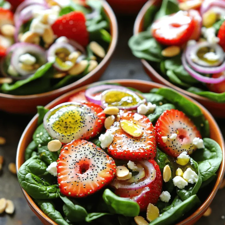 - 4 cups fresh baby spinach leaves - 2 cups strawberries, hulled and sliced - 1/2 cup sliced almonds, toasted - 1/4 cup red onion, thinly sliced - 1/4 cup feta cheese, crumbled - 1/4 cup poppy seeds - 1/3 cup olive oil - 1/4 cup apple cider vinegar - 2 tablespoons honey - Salt and pepper to taste This salad is a perfect mix of greens and fruits. Baby spinach makes a fresh base. Strawberries add sweet and juicy flavor. Toasted almonds give a nice crunch. Red onion adds a hint of sharpness. Feta cheese brings creaminess and tang. Poppy seeds add a bit of texture and flair. For the dressing, we need olive oil, apple cider vinegar, and honey. This mix brings balance to the salad. Salt and pepper help enhance all the flavors. This salad is healthy and light. Spinach is full of vitamins A and C. Strawberries are rich in antioxidants. Almonds provide healthy fats and protein. Feta cheese adds calcium. You can change a few things. If you don’t have spinach, use kale or arugula. Swap strawberries for blueberries or raspberries if you like. No feta? Try goat cheese or even a nut-free option. You can use sunflower seeds instead of almonds too. For the dressing, any vinegar works, like balsamic. Honey can be replaced with maple syrup for a vegan option. - Step 1: Prepare the Salad Base Start with a large bowl. Add 4 cups of fresh baby spinach leaves. This gives you a crisp and healthy base. - Step 2: Layer Additional Ingredients Next, layer on 2 cups of hulled and sliced strawberries. Then, add 1/2 cup of sliced almonds, toasted. These add great crunch. Follow with 1/4 cup of thinly sliced red onion for a touch of sharp flavor. - Step 3: Make the Dressing In a small bowl, whisk together 1/3 cup of olive oil, 1/4 cup of apple cider vinegar, and 2 tablespoons of honey. Add salt and pepper to taste. Whisk until it’s smooth and combined. - Step 4: Combine and Serve Drizzle the dressing over the salad just before serving. Gently toss the salad to coat all the ingredients. Taste it and adjust the seasoning if needed. - Use fresh spinach for the best taste. - Toast almonds until golden for extra flavor. - Make the dressing just before serving to keep it fresh. - Toss gently to avoid bruising the spinach. - Don’t skip washing the spinach. Dirt can ruin the salad. - Avoid over-dressing the salad; it can make it soggy. - Use fresh strawberries. Old ones can spoil the taste. - Don’t forget to taste before serving; adjust seasoning as needed. - Presentation Tips: Serve the salad in clear bowls. This lets the colors shine. Add extra sliced strawberries on top. A sprinkle of poppy seeds adds a nice touch. - Serving Suggestions for Different Occasions: This salad works well for picnics or dinner parties. It’s light and fresh. You can pair it with grilled chicken or fish for a meal. You can prep the salad in advance. Wash and dry the spinach early. Slice the strawberries and onions ahead too. Keep the dressing separate until serving. This keeps everything fresh and crunchy. Use fresh baby spinach for the best taste. If you can, buy strawberries that are ripe and bright. Store leftovers in an airtight container in the fridge. Eat them within two days for the best flavor. {{image_2}} You can switch out spinach for kale or arugula. These greens add a different taste. Use walnuts instead of almonds for a richer flavor. If you don’t like feta, goat cheese works too. For a nut-free option, skip the nuts entirely. Add fresh herbs like mint or basil for a burst of flavor. You can also include sliced avocado for creaminess. If you want more sweetness, toss in some blueberries or raspberries. A splash of orange juice in the dressing brightens the salad. In spring, use fresh peas for crunch. In summer, add diced peaches or nectarines for sweetness. In fall, roasted butternut squash brings warmth. During winter, pomegranate seeds add color and a tart kick. Each season offers a chance to try new flavors. To store leftovers of your Strawberry Spinach Poppy Seed Salad, first, place it in an airtight container. This helps keep the salad fresh. Layer the ingredients carefully. Keep the dressing separate until you are ready to eat again. This prevents sogginess and keeps the salad crisp. You do not need to heat this salad. It is best served cold. If you prefer, you can let it sit at room temperature for a few minutes. This brings out the flavors. Just remember, do not microwave it. That would wilt the spinach and ruin the texture. The salad stays fresh for about 2 days in the fridge. After that, the spinach may lose its crispness. The strawberries can also become mushy. Always check for any off smells or changes in color before eating. If it looks or smells bad, it’s best to throw it away. A good salad dressing balances flavors. It should be tasty and fresh. Use a mix of oil and acid. Olive oil and apple cider vinegar work well. Sweetness from honey adds depth. Season with salt and pepper. Whisk until smooth for best results. Yes, you can! This salad is great with other fruits. Try blueberries, raspberries, or peaches. Each fruit adds its own flavor. Just make sure to slice them small. Fresh fruits enhance the taste and look of your salad. Absolutely! This strawberry spinach poppy seed salad is gluten-free. None of the ingredients contain gluten. It’s a safe choice for those with gluten sensitivities. Enjoy it without worry, and share with friends! To keep spinach fresh, store it in the fridge. Place it in a loose bag or container. Keep it dry to avoid wilting. Use a paper towel to absorb moisture. Check it often and use it within a week for best taste. You can prepare some parts ahead. Wash and slice the strawberries and onions. Store them in the fridge. However, dress the salad just before serving. This keeps the spinach crisp and fresh. Enjoy your delicious creation! This blog post shares a fresh spinach salad recipe, packed with strawberries and feta. You learned how to prepare the salad, make a tasty dressing, and serve it beautifully. I also shared tips on ingredient substitutions and storage ideas. Remember, a great salad can be tailored to your taste and occasions. Try this recipe and make it your own. Eat healthy and enjoy each bite!