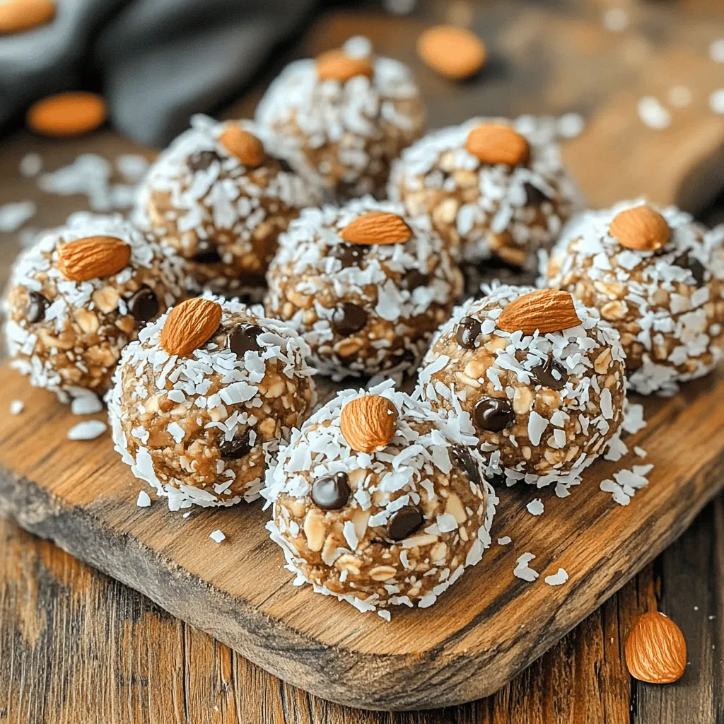 To make Almond Joy Energy Bites, you need the following ingredients: - 1 cup rolled oats - 1/2 cup almond butter - 1/4 cup honey or maple syrup - 1/2 cup shredded coconut - 1/4 cup dark chocolate chips (dairy-free if preferred) - 1/4 cup whole almonds, roughly chopped - 1 teaspoon vanilla extract - 1/4 teaspoon sea salt You can use either honey or maple syrup in this recipe. Honey brings a thick, rich flavor. It also has natural antibacterial properties. Maple syrup is a great vegan choice. It adds a unique sweetness. Both options work well, so choose what you like best. Let's talk about the healthy parts of this recipe. Oats provide fiber, which helps digestion. They keep you full longer. Almonds add protein and healthy fats. They support heart health and energy. Coconut has good fats, too. It may boost your metabolism and give you quick energy. These ingredients make Almond Joy Energy Bites not just tasty, but also good for you! To start, gather all your ingredients. You will need rolled oats, almond butter, honey or maple syrup, shredded coconut, dark chocolate chips, chopped almonds, vanilla extract, and sea salt. In a large mixing bowl, combine the rolled oats, almond butter, and honey or maple syrup. Mix these three ingredients well until they come together smoothly. Next, add the shredded coconut, dark chocolate chips, chopped almonds, vanilla extract, and sea salt. Stir until everything is fully mixed. The blend should feel sticky and thick, which is just right. When mixing, use a sturdy spoon or spatula. If you have difficulty, try using your hands. This way, you can feel the texture better. Make sure no dry ingredients are left at the bottom. If your mixture feels too dry, add a bit more almond butter or honey. If it’s too wet, add a touch more oats. Now, it’s time to shape your energy bites. Take small amounts of the mixture and roll them into balls about 1 inch in diameter. If the mix is sticky, chill it in the fridge for 10-15 minutes. This helps the mixture firm up and makes rolling easier. Once shaped, place the bites on a parchment-lined baking sheet. Let them set in the refrigerator for at least 30 minutes. This helps them hold their shape. After they firm up, store them in an airtight container in the fridge for up to one week. Enjoy these tasty bites any time you need a quick snack! To avoid sticky hands, wet your palms with water. A little moisture helps the mix slide off your hands. If the mix is too sticky, chill it for 10-15 minutes. This makes shaping easier and keeps your hands clean. When melting chocolate, use a microwave or a double boiler. If using a microwave, heat in short bursts. Stir often to prevent burning. For a smooth drizzle, add a teaspoon of coconut oil. This keeps the chocolate creamy and easy to pour. You can boost flavor by adding a pinch of cinnamon or a dash of sea salt. Try mixing in dried fruits like cherries or cranberries for a fruity kick. For crunch, toss in some chopped walnuts or pecans. These simple additions can take your bites to the next level. {{image_2}} If you have nut allergies, no worries! You can swap almond butter for sunbutter. Sunbutter comes from sunflower seeds. It gives a similar creamy texture. For added crunch, try pumpkin seeds instead of almonds. This keeps the bites safe and tasty. To make these bites vegan, switch honey for maple syrup. This keeps the sweetness and is plant-based. Make sure to use dairy-free chocolate chips if you want chocolate. These small swaps ensure everyone can enjoy these bites. Want to mix things up? You can add flavors like mint or peanut butter. For mint, use a few drops of mint extract. For peanut butter, replace almond butter with your favorite brand. Try pumpkin spice for a fall twist by adding a teaspoon of pumpkin spice blend. Each variation gives a fun new taste to these energy bites! Store your Almond Joy Energy Bites in an airtight container. This keeps them fresh and tasty. Place a piece of parchment paper between layers if you stack them. This way, they won’t stick together. You can keep these energy bites in the fridge for up to one week. They make a great snack ready to grab. If you want to keep them longer, freezing is a good option. To freeze, place the bites on a baking sheet. Make sure they are not touching. Freeze them for about an hour. Then, transfer them to a freezer-safe bag or container. They can last for up to three months in the freezer. Just thaw them in the fridge before you eat. Yes, you can make these bites ahead of time. They taste great and stay fresh. I often make a batch at the start of the week. Store them in an airtight container in the fridge. They will last up to one week. You can also freeze them for longer storage. Just remember to let them thaw before eating. If you don’t have almond butter, try using peanut butter or sun butter. Both work well in this recipe. Each choice adds its own flavor. Peanut butter gives a classic taste, while sun butter is nut-free. You can also use cashew butter for a creamy texture. Choose what fits your diet best. Yes, these energy bites are quite healthy! They mix whole grains, healthy fats, and natural sweetness. Rolled oats provide fiber and energy. Almonds add protein and healthy fats. Shredded coconut gives flavor and texture. Plus, dark chocolate chips add a small treat. Enjoying these bites in moderation can fit well into a balanced diet. Almond Joy Energy Bites combine oats, almonds, and coconut for a tasty treat. We discussed key ingredients, steps to prepare them, and tips for success. You can also try nut-free or vegan versions. Store them correctly for lasting freshness. These bites are simple, healthy, and great for snacks. With these tips, you can create your own delicious energy bites and enjoy every moment of making them!