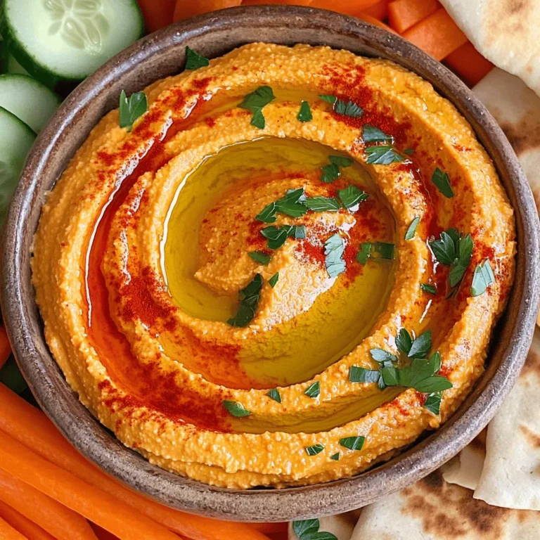 To make roasted red pepper hummus, gather these simple ingredients: - 1 can (15 oz) chickpeas, drained and rinsed - 1 large roasted red pepper, peeled and chopped - 3 tablespoons tahini - 2 tablespoons lemon juice - 2 cloves garlic, minced - 2 tablespoons olive oil - 1 teaspoon ground cumin - Salt to taste - 1-2 tablespoons water (for desired consistency) - Paprika and fresh parsley for garnish This hummus is not just tasty; it packs in great nutrients. Each serving has about: - Calories: 160 - Protein: 6g - Carbs: 20g - Fat: 7g - Fiber: 5g This makes it a healthy snack or appetizer option! You can switch out some ingredients if you want. Here are a few ideas: - Use fresh red bell peppers instead of roasted ones for a crunchier texture. - Swap tahini for sunflower seed butter if you need a nut-free option. - Lemon juice can be replaced with lime juice for a different zing. - If you like heat, add a pinch of cayenne or chili powder. These swaps can help you customize your hummus to fit your taste! To start, gather all your ingredients. You will need: - 1 can (15 oz) chickpeas, drained and rinsed - 1 large roasted red pepper, peeled and chopped - 3 tablespoons tahini - 2 tablespoons lemon juice - 2 cloves garlic, minced - 2 tablespoons olive oil - 1 teaspoon ground cumin - Salt to taste - 1-2 tablespoons water (for desired consistency) - Paprika and fresh parsley for garnish Make sure to rinse the chickpeas well. This helps to get rid of any canned taste. Chop the roasted red pepper into small pieces. This step makes it easier to blend. Next, put all the prepared ingredients into your food processor. Add the chickpeas, roasted red pepper, tahini, lemon juice, garlic, olive oil, cumin, and a pinch of salt. Now, blend the mixture until it is smooth. Stop and scrape down the sides of the bowl as needed. If your hummus is thick, add water one tablespoon at a time. Blend again until you reach your desired creaminess. Taste the hummus. If you want more flavor, add more salt or lemon juice. Once your hummus is smooth and tasty, it’s time to serve. Transfer the hummus to a nice bowl. Drizzle some olive oil on top. This adds a lovely shine. Finally, sprinkle paprika and chopped parsley for color and flavor. For a great presentation, serve your hummus with pita bread, carrot sticks, and cucumber slices. This makes a fun and colorful appetizer platter. Enjoy your delicious roasted red pepper hummus! To get smooth hummus, use a food processor. This tool makes it easy to blend. Blend the mix until it feels creamy. If it’s too thick, add water slowly. This helps reach the right texture. Scrape down the sides of the bowl while blending. This ensures all ingredients mix well. To boost flavor, add more lemon juice or garlic. You can try smoked paprika for a twist. A pinch of cayenne pepper adds heat. Fresh herbs like cilantro can brighten the taste. Taste your hummus as you mix. Adjust the salt for your liking. A good food processor is key for this recipe. Make sure it has enough power to blend. A spatula helps scrape down the sides. Use measuring cups and spoons for accuracy. A serving bowl makes it pretty for guests. {{image_2}} You can change the taste of roasted red pepper hummus by adding different flavors. Try adding herbs like basil or cilantro for a fresh twist. You could also mix in spices like smoked paprika or curry powder for a warm flavor. Another great option is to add sun-dried tomatoes for a tangy kick. Each of these ingredients will give your hummus a unique and exciting taste. If you love spice, there are easy ways to add heat. A pinch of cayenne pepper or red pepper flakes can warm things up. For a bolder flavor, try adding jalapeños or harissa paste. Start with a small amount and taste as you go. You can always add more heat, but it’s hard to take it away. Roasted red pepper hummus is versatile and pairs well with many foods. Serve it with pita bread for a classic snack. Fresh vegetables like carrot sticks, cucumber slices, and bell pepper strips make for a colorful platter. You can also use it as a spread on sandwiches or wraps. For a fun twist, try it in a grain bowl topped with roasted veggies. To store leftover hummus, place it in an airtight container. Make sure to cover the top with a thin layer of olive oil. This keeps it fresh and prevents it from drying out. You can keep it in the fridge for up to five days. Just remember to give it a good stir before serving again. You can freeze hummus for longer storage. Use a freezer-safe container, leaving some space at the top. The hummus will expand when it freezes. Seal the container tightly and mark the date. It stays good for up to three months in the freezer. When you want to eat it, thaw it in the fridge overnight. Stir well after thawing to restore its creamy texture. Roasted red pepper hummus lasts about five days in the fridge. If you freeze it, it can last up to three months. Check for changes in color or smell before eating. If it looks or smells off, it’s best to throw it out. Enjoy your delicious hummus while it’s fresh! Yes, you can use dried chickpeas. First, soak them overnight in water. After soaking, cook them until soft, about 1 to 2 hours. This method gives you fresher taste and texture. Just make sure they are fully cooked before blending. This recipe is already vegan! It contains no animal products. Just ensure your tahini does not have any added dairy. All other ingredients, like chickpeas and olive oil, are plant-based. Roasted red pepper hummus goes well with many dishes. Here are some ideas: - Pita bread - Veggie sticks like carrots and cucumbers - Grilled meats or fish - Salads for added creaminess - Wraps and sandwiches for extra flavor Try these options for a tasty meal or snack! In this post, we explored the key ingredients for making a delicious dish. We covered how to prepare, blend, and serve for the best results. I shared tips for getting the right texture and flavor, plus ideas for variations. We also discussed how to store leftovers properly. Remember, cooking is fun and creative, so don’t be afraid to experiment with flavors. Enjoy making this dish your own!