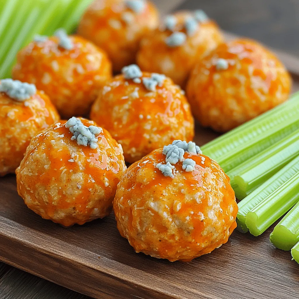 To make crispy buffalo chicken meatballs, you'll need these simple ingredients: - 1 pound ground chicken - 1/2 cup breadcrumbs - 1/4 cup finely chopped green onions - 1/4 cup grated Parmesan cheese - 1 large egg - 2 cloves garlic, minced - 1 teaspoon onion powder - 1 teaspoon smoked paprika - 1 teaspoon salt - 1/2 teaspoon black pepper - 1/2 cup buffalo sauce (plus extra for tossing) - 1/4 cup blue cheese crumbles for topping (optional) - Fresh celery sticks for serving This recipe makes about 20 meatballs. It serves 4 people. Each person can enjoy 5 meatballs. Each serving has roughly: - Calories: 350 - Protein: 30g - Fat: 18g - Carbohydrates: 20g - Fiber: 1g - Sodium: 800mg This dish packs flavor while keeping the balance of protein and carbs. Enjoy these tasty meatballs as a snack or a meal! First, set your oven to 400°F (200°C). This temperature helps the meatballs get crispy. Next, line a baking sheet with parchment paper. This makes cleaning up much easier later. In a bowl, mix the following ingredients: - 1 pound ground chicken - 1/2 cup breadcrumbs - 1/4 cup finely chopped green onions - 1/4 cup grated Parmesan cheese - 1 large egg - 2 cloves garlic, minced - 1 teaspoon onion powder - 1 teaspoon smoked paprika - 1 teaspoon salt - 1/2 teaspoon black pepper Stir everything well until it all blends together. Now, use your hands to form meatballs. Make them about 1 to 1.5 inches wide. You should get around 20 meatballs. Place the meatballs on the lined baking sheet. Make sure to space them out. This helps them cook evenly. Bake for 20-25 minutes. They should turn golden brown and be fully cooked. After baking, move the meatballs to a bowl. Pour extra buffalo sauce over them and toss gently to coat. Enjoy these crispy buffalo chicken meatballs warm! To get crispy meatballs, use breadcrumbs. They help hold the meatballs together. I like to add grated Parmesan cheese for extra flavor. Make sure to mix the ingredients well. This helps keep the meatballs moist inside. Space the meatballs on the baking sheet. This allows hot air to flow around them. If they touch, they may not cook evenly. I like to flip them halfway through baking. This gives them a nice, golden color on all sides. Store leftover meatballs in an airtight container. They will stay fresh in the fridge for up to three days. To reheat, place them in the oven at 350°F (175°C) for about 10 minutes. This keeps them crispy. You can also freeze them for longer storage. Just make sure to separate them with parchment paper before freezing. {{image_2}} You can choose between spicy or mild buffalo sauce for your meatballs. If you like heat, go for the spicy sauce. It gives the meatballs a nice kick. If you prefer a milder taste, choose the mild version. You can even mix both sauces. This way, you can adjust the heat level to fit your taste. Feel free to experiment until you find your favorite blend. You can easily swap some ingredients based on what you have at home. For the ground chicken, you can use ground turkey. It works well and is lighter. If you don't have breadcrumbs, crushed crackers or oats can be good substitutes. You can also use any cheese you like instead of Parmesan. Finally, if you want a dairy-free option, leave out the blue cheese crumbles. You can cook these meatballs in different ways. Baking is easy, but you can also use an air fryer. If you want crispy meatballs, air frying is the way to go. Set your air fryer to 375°F (190°C) and cook for about 12-15 minutes. You’ll get a lovely crunch while keeping them juicy inside. Another option is to pan-fry them in a skillet for a golden crust. Just remember to cook them thoroughly. These meatballs shine when served with the right dips. Try blue cheese dressing for a classic touch. Ranch dressing also works well for those who prefer a milder flavor. You can even mix buffalo sauce with sour cream for a creamy kick. Just set out small bowls for guests to dip away! Pair your meatballs with crunchy celery sticks. They add a fresh bite and balance the spice. You could also serve them with carrot sticks for a colorful plate. For a heartier side, try a simple garden salad or loaded nachos. These options will complement the flavors and make your meal more fun! Presentation adds to the meal's enjoyment. Arrange the meatballs on a large platter. Drizzle some extra buffalo sauce over them for a pop of color. Scatter blue cheese crumbles on top for a fancy touch. Don't forget to add the celery sticks around the meatballs for a vibrant look! Yes, you can use ground turkey. It works well and gives a lighter flavor. Both meats are similar in texture and cook time. If you choose turkey, keep the seasoning the same. This helps maintain the same great taste. You can use a few options to replace eggs. Try using 1/4 cup of applesauce or mashed banana. You can also use ground flaxseed mixed with water. To do this, mix 1 tablespoon of flaxseed with 3 tablespoons of water and let it sit for a few minutes. This mix helps bind your meatballs. The best way to reheat meatballs is in the oven. Preheat your oven to 350°F (175°C). Place the meatballs on a baking sheet. Heat for about 10-15 minutes, or until hot. You can also microwave them for a quick option. Just place them on a plate and heat for 1-2 minutes, covered with a damp paper towel. This blog post covered all you need to know about making tasty meatballs. We looked at ingredients, cooking steps, and some helpful tips. You learned about variations and ways to serve them for the best flavor. Cooking can be fun and easy with the right guide. Enjoy making and sharing your meatballs with friends and family!