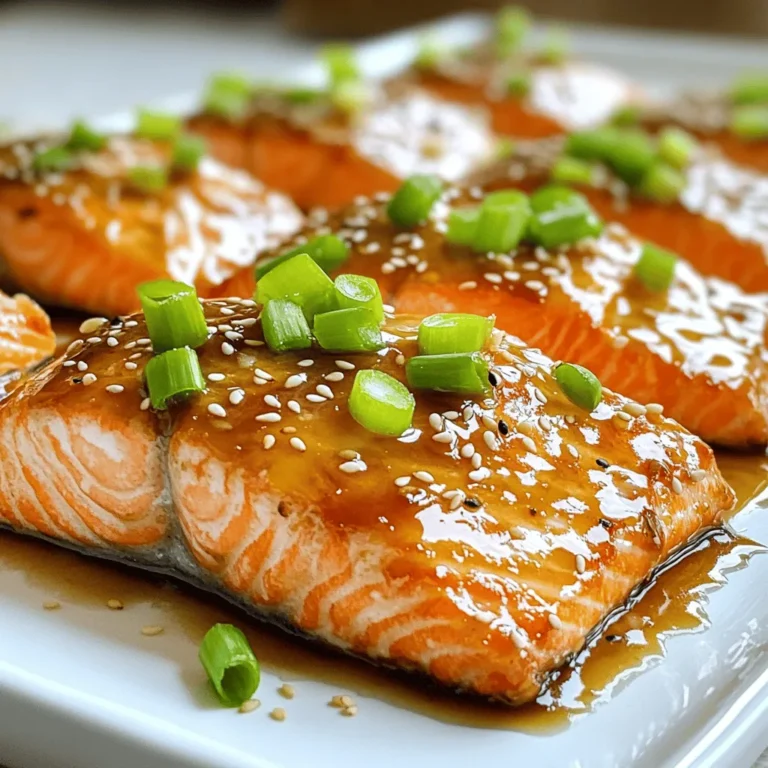 For this honey soy glazed salmon, you need some key items. Here’s your main ingredients list: - 4 salmon fillets (about 6 oz each) - 1/4 cup soy sauce (low sodium preferred) - 1/4 cup honey - 2 tablespoons sesame oil - 2 garlic cloves, minced - 1 tablespoon fresh ginger, minced - 1 tablespoon rice vinegar - 1 teaspoon cornstarch mixed with 1 tablespoon water (for thickening) - 2 green onions, sliced (for garnish) - Sesame seeds (for garnish) These ingredients make a delicious marinade. The salmon fillets shine with flavor from the soy sauce and honey. Mixing garlic and ginger adds a nice kick. The sesame oil gives a nutty taste, while rice vinegar adds a touch of tang. When you gather your ingredients, pick fresh salmon. Look for bright color and firm texture. This will make your dish even better. Feel free to adjust the marinade to fit your taste. You can add more honey for sweetness or more ginger for spice. Enjoy the process of cooking with these vibrant flavors! To start, gather your ingredients. In a medium bowl, combine the soy sauce, honey, sesame oil, minced garlic, minced ginger, and rice vinegar. Use a whisk to mix them well. You want a smooth and even mixture. This will be the marinade that adds flavor to your salmon. Next, take the salmon fillets and place them in a shallow dish. Pour the marinade over the fillets. Make sure each piece is well coated. Cover the dish and put it in the fridge for at least 30 minutes. For extra flavor, marinate for up to 2 hours. The marinating time is key. It allows the flavors to soak into the salmon. If you are short on time, 30 minutes is enough. However, longer marination makes the taste richer and deeper. Now it’s time to bake the salmon. Preheat your oven to 400°F (200°C). It’s important to do this before you start baking. This way, your salmon cooks evenly. Line a baking sheet with parchment paper for easy cleanup. Arrange the marinated salmon fillets skin-side down on the sheet. Don’t forget to save the leftover marinade for the glaze later. Bake the salmon for about 12 to 15 minutes. You will know it’s done when it flakes easily with a fork. Keep an eye on it to avoid overcooking. While your salmon bakes, let’s make the glaze. Pour the reserved marinade into a small saucepan. Heat it over medium heat until it starts to simmer. This step brings out the flavors even more. Add the cornstarch mixed with water to the saucepan. Stir constantly for about 2 to 3 minutes. This will thicken the sauce and make it perfect for drizzling. Once your salmon is done baking, drizzle the thickened glaze over the fillets. For a nice touch, garnish with sliced green onions and sesame seeds. This adds color and a bit of crunch. Enjoy your honey soy glazed salmon with your favorite sides! When choosing salmon, look for bright, shiny skin. Fresh salmon has a clean smell, not fishy. The flesh should be firm and spring back when pressed. Check for vibrant color, as this shows quality. To support ocean health, choose salmon from sustainable sources. Look for labels like "wild-caught" or "certified sustainable." These choices help protect fish populations. To boost flavor, let your salmon soak in the marinade for at least 30 minutes. For a richer taste, marinate for up to 2 hours. You can also change up the ingredients. Try adding orange juice for sweetness or chili paste for heat. These small changes can make your dish unique. You can bake or grill salmon, depending on your taste. Baking is simple and gives even cooking. Grilling adds a nice smoky flavor. If your salmon is thicker, cook it longer. A good rule is 4 to 6 minutes per half-inch of thickness. Always check for flakiness to see if it’s done. {{image_2}} To make your honey soy glazed salmon even tastier, you can add new flavors. One great way is to include citrus. A splash of lemon or lime juice brightens the dish. The acidity cuts through the sweetness, giving a fresh taste. Just squeeze some juice into the marinade or drizzle it on top before serving. You can also play with herbs. Adding fresh cilantro or parsley gives the salmon a nice, green touch. These herbs bring a new layer of flavor. Just sprinkle some chopped herbs over the salmon after cooking for a burst of color and taste. If you want a low-carb version, you can make some easy swaps. Use a sugar-free honey substitute or a low-carb sweetener. This keeps the same great taste while cutting down on carbs. For gluten-free options, replace regular soy sauce with tamari. Tamari is made without wheat and tastes similar. It works perfectly in the marinade, so you won't lose any flavor. Pairing sides with honey soy glazed salmon can elevate your meal. Here are some great options: - Steamed rice: It soaks up the extra sauce well. - Quinoa: A healthy, nutty side that adds protein. - Broccoli: Steamed or roasted, it adds color and crunch. - Green salad: A simple salad with mixed greens keeps it light. These sides balance the sweet and savory of the salmon, making your meal even better. Enjoy mixing and matching! After enjoying your honey soy glazed salmon, store leftovers in a sealed container. Glass or plastic containers work well. Make sure the salmon is cool before you cover it. This helps keep the fish fresh. You can keep it in the fridge for up to three days. For the best taste, eat it sooner. To reheat, I recommend using an oven or a stovetop. Preheat your oven to 350°F (175°C). Place the salmon on a baking sheet. Cover it with foil to keep it moist. Heat for about 10 minutes. If you use the stovetop, warm it in a pan over low heat. This method helps keep the salmon juicy and flavorful. If you want to save the salmon for later, freezing is a good option. Wrap each fillet tightly in plastic wrap. Then place them in a freezer bag. Try to remove as much air as possible. This keeps freezer burn away. You can freeze the salmon for up to three months. When you're ready to eat it, defrost in the fridge overnight. This method keeps the texture nice and tender. I recommend marinating the salmon for at least 30 minutes. This allows the flavors to soak in well. For a stronger taste, marinate it for up to 2 hours. Just be careful not to exceed this time, as the fish can become too soft. Yes, you can use frozen salmon! Make sure to thaw it properly. Place it in the fridge overnight or run it under cold water for quicker thawing. Once thawed, follow the same marinating steps. I love serving this salmon with steamed rice or quinoa. A fresh salad or roasted vegetables also pairs well. For drinks, try a crisp white wine or green tea to balance the flavors. You can tell the salmon is done when it flakes easily with a fork. The inside should be a light pink color. If you have a food thermometer, aim for 145°F (63°C) for safe eating. In this post, we covered how to make honey soy glazed salmon. We discussed ingredients, prepping the marinade, and baking tips. You learned about different cooking methods and garnishing. I shared advice on selecting fresh salmon and varying flavors. Remember to store leftovers properly to keep them fresh. Enjoy experimenting with this dish, and feel free to adapt it to your taste. With these tips, you can create a delicious meal every time. Happy cooking!