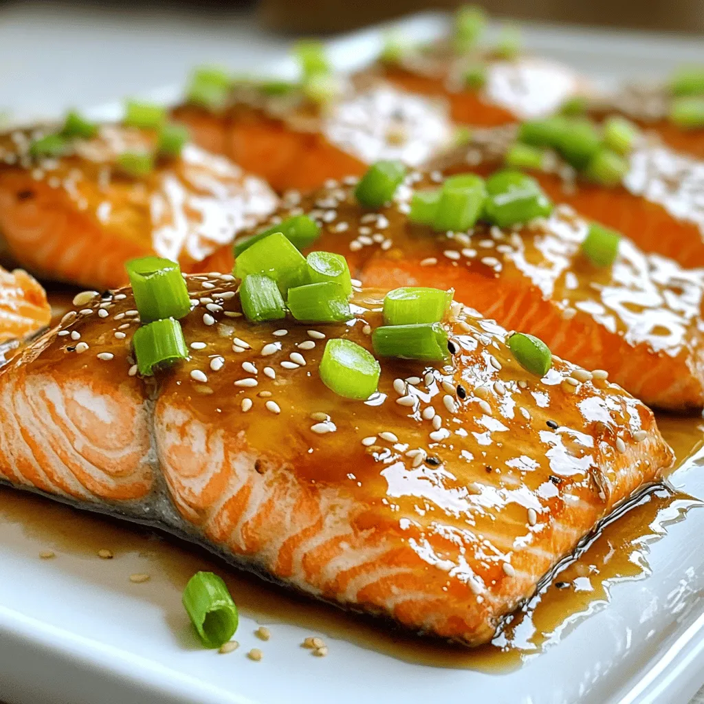 For this honey soy glazed salmon, you need some key items. Here’s your main ingredients list: - 4 salmon fillets (about 6 oz each) - 1/4 cup soy sauce (low sodium preferred) - 1/4 cup honey - 2 tablespoons sesame oil - 2 garlic cloves, minced - 1 tablespoon fresh ginger, minced - 1 tablespoon rice vinegar - 1 teaspoon cornstarch mixed with 1 tablespoon water (for thickening) - 2 green onions, sliced (for garnish) - Sesame seeds (for garnish) These ingredients make a delicious marinade. The salmon fillets shine with flavor from the soy sauce and honey. Mixing garlic and ginger adds a nice kick. The sesame oil gives a nutty taste, while rice vinegar adds a touch of tang. When you gather your ingredients, pick fresh salmon. Look for bright color and firm texture. This will make your dish even better. Feel free to adjust the marinade to fit your taste. You can add more honey for sweetness or more ginger for spice. Enjoy the process of cooking with these vibrant flavors! To start, gather your ingredients. In a medium bowl, combine the soy sauce, honey, sesame oil, minced garlic, minced ginger, and rice vinegar. Use a whisk to mix them well. You want a smooth and even mixture. This will be the marinade that adds flavor to your salmon. Next, take the salmon fillets and place them in a shallow dish. Pour the marinade over the fillets. Make sure each piece is well coated. Cover the dish and put it in the fridge for at least 30 minutes. For extra flavor, marinate for up to 2 hours. The marinating time is key. It allows the flavors to soak into the salmon. If you are short on time, 30 minutes is enough. However, longer marination makes the taste richer and deeper. Now it’s time to bake the salmon. Preheat your oven to 400°F (200°C). It’s important to do this before you start baking. This way, your salmon cooks evenly. Line a baking sheet with parchment paper for easy cleanup. Arrange the marinated salmon fillets skin-side down on the sheet. Don’t forget to save the leftover marinade for the glaze later. Bake the salmon for about 12 to 15 minutes. You will know it’s done when it flakes easily with a fork. Keep an eye on it to avoid overcooking. While your salmon bakes, let’s make the glaze. Pour the reserved marinade into a small saucepan. Heat it over medium heat until it starts to simmer. This step brings out the flavors even more. Add the cornstarch mixed with water to the saucepan. Stir constantly for about 2 to 3 minutes. This will thicken the sauce and make it perfect for drizzling. Once your salmon is done baking, drizzle the thickened glaze over the fillets. For a nice touch, garnish with sliced green onions and sesame seeds. This adds color and a bit of crunch. Enjoy your honey soy glazed salmon with your favorite sides! When choosing salmon, look for bright, shiny skin. Fresh salmon has a clean smell, not fishy. The flesh should be firm and spring back when pressed. Check for vibrant color, as this shows quality. To support ocean health, choose salmon from sustainable sources. Look for labels like "wild-caught" or "certified sustainable." These choices help protect fish populations. To boost flavor, let your salmon soak in the marinade for at least 30 minutes. For a richer taste, marinate for up to 2 hours. You can also change up the ingredients. Try adding orange juice for sweetness or chili paste for heat. These small changes can make your dish unique. You can bake or grill salmon, depending on your taste. Baking is simple and gives even cooking. Grilling adds a nice smoky flavor. If your salmon is thicker, cook it longer. A good rule is 4 to 6 minutes per half-inch of thickness. Always check for flakiness to see if it’s done. {{image_2}} To make your honey soy glazed salmon even tastier, you can add new flavors. One great way is to include citrus. A splash of lemon or lime juice brightens the dish. The acidity cuts through the sweetness, giving a fresh taste. Just squeeze some juice into the marinade or drizzle it on top before serving. You can also play with herbs. Adding fresh cilantro or parsley gives the salmon a nice, green touch. These herbs bring a new layer of flavor. Just sprinkle some chopped herbs over the salmon after cooking for a burst of color and taste. If you want a low-carb version, you can make some easy swaps. Use a sugar-free honey substitute or a low-carb sweetener. This keeps the same great taste while cutting down on carbs. For gluten-free options, replace regular soy sauce with tamari. Tamari is made without wheat and tastes similar. It works perfectly in the marinade, so you won't lose any flavor. Pairing sides with honey soy glazed salmon can elevate your meal. Here are some great options: - Steamed rice: It soaks up the extra sauce well. - Quinoa: A healthy, nutty side that adds protein. - Broccoli: Steamed or roasted, it adds color and crunch. - Green salad: A simple salad with mixed greens keeps it light. These sides balance the sweet and savory of the salmon, making your meal even better. Enjoy mixing and matching! After enjoying your honey soy glazed salmon, store leftovers in a sealed container. Glass or plastic containers work well. Make sure the salmon is cool before you cover it. This helps keep the fish fresh. You can keep it in the fridge for up to three days. For the best taste, eat it sooner. To reheat, I recommend using an oven or a stovetop. Preheat your oven to 350°F (175°C). Place the salmon on a baking sheet. Cover it with foil to keep it moist. Heat for about 10 minutes. If you use the stovetop, warm it in a pan over low heat. This method helps keep the salmon juicy and flavorful. If you want to save the salmon for later, freezing is a good option. Wrap each fillet tightly in plastic wrap. Then place them in a freezer bag. Try to remove as much air as possible. This keeps freezer burn away. You can freeze the salmon for up to three months. When you're ready to eat it, defrost in the fridge overnight. This method keeps the texture nice and tender. I recommend marinating the salmon for at least 30 minutes. This allows the flavors to soak in well. For a stronger taste, marinate it for up to 2 hours. Just be careful not to exceed this time, as the fish can become too soft. Yes, you can use frozen salmon! Make sure to thaw it properly. Place it in the fridge overnight or run it under cold water for quicker thawing. Once thawed, follow the same marinating steps. I love serving this salmon with steamed rice or quinoa. A fresh salad or roasted vegetables also pairs well. For drinks, try a crisp white wine or green tea to balance the flavors. You can tell the salmon is done when it flakes easily with a fork. The inside should be a light pink color. If you have a food thermometer, aim for 145°F (63°C) for safe eating. In this post, we covered how to make honey soy glazed salmon. We discussed ingredients, prepping the marinade, and baking tips. You learned about different cooking methods and garnishing. I shared advice on selecting fresh salmon and varying flavors. Remember to store leftovers properly to keep them fresh. Enjoy experimenting with this dish, and feel free to adapt it to your taste. With these tips, you can create a delicious meal every time. Happy cooking!