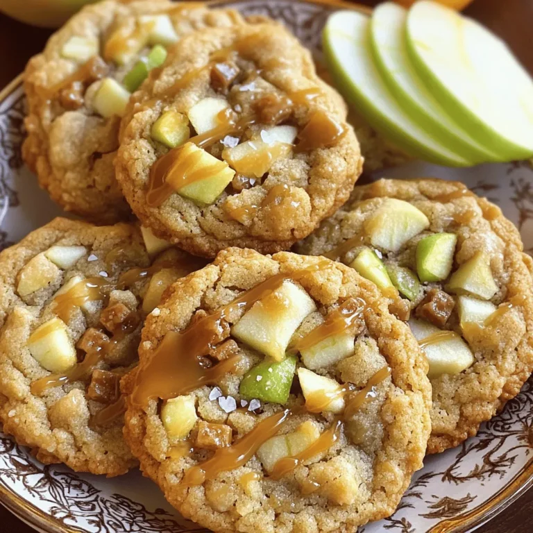 To make Caramel Apple Toffee Cookies, you need a few simple items. Here’s the list: - 1 cup unsalted butter, softened - 3/4 cup brown sugar, packed - 1/2 cup granulated sugar - 1 large egg - 1 teaspoon vanilla extract - 2 cups all-purpose flour - 1 teaspoon baking soda - 1/2 teaspoon salt - 1 cup diced apples (preferably Granny Smith) - 1 cup toffee bits - 1/2 cup caramel sauce (store-bought or homemade) - Optional: Sea salt for sprinkling Each ingredient plays a key role in the flavor and texture of the cookies. The unsalted butter gives them a rich taste, while the brown and granulated sugars add sweetness and chewiness. The egg binds everything together. The apples add a fresh crunch, and the toffee bits provide delightful bursts of flavor. Don't forget the caramel sauce for that gooey goodness. If you like a hint of salt, sprinkle some sea salt on top before baking. It balances the sweetness perfectly. - Preheat your oven to 350°F (175°C). - Line two baking sheets with parchment paper. - In a large bowl, cream together the softened butter, brown sugar, and granulated sugar. Mix until light and fluffy, about 2-3 minutes. - Add one large egg and one teaspoon of vanilla extract. Mix until they are well combined. - In a separate bowl, whisk together two cups of all-purpose flour, one teaspoon of baking soda, and half a teaspoon of salt. Gradually add this dry mix to the wet ingredients. Stir until just combined. - Gently fold in one cup of diced apples and one cup of toffee bits. Make sure they are evenly spread in the dough. - Use a spoon to drop rounded tablespoons of dough onto the prepared baking sheets. Space them about 2 inches apart. - With the back of a spoon, make a small indentation in the center of each cookie. - Drizzle a small amount of caramel sauce into each indentation. If you like, sprinkle a pinch of sea salt on top. - Bake for 10-12 minutes or until the edges are lightly golden. The centers may look slightly underbaked but will firm up as they cool. - Let the cookies cool on the baking sheets for 5 minutes. Then transfer them to wire racks to cool completely. To get the right texture, start with softened butter. This helps cream it well with sugar. Mix until the blend is light and fluffy. It should take about 2-3 minutes. You want a nice, smooth dough. To avoid over-baking, keep an eye on the cookies. Bake them for 10-12 minutes. The edges should be golden, while the centers look soft. They will firm up as they cool. Trust me, it’s better to under-bake slightly than to over-bake. When serving, arrange the cookies on a nice plate. Drizzle some caramel sauce over the top for extra flair. You can also add a few apple slices on the side. This brings a fresh touch and matches the theme. For a fun twist, sprinkle some sea salt on top. The salt balances the sweetness of the cookies. It adds a great flavor contrast. You can even use crushed toffee bits as a topping. If you want to try different fruits, use pears or peaches. They add a sweet touch. For a unique flavor, you can also add dried cranberries or cherries. For gluten-free cookies, swap the all-purpose flour. You can use a gluten-free blend instead. If you're dairy-free, use coconut oil in place of butter. These swaps let everyone enjoy the treat! {{image_2}} You can change the taste of these cookies easily. Adding nuts gives them a nice crunch. Chopped walnuts or pecans work well. You can also add chocolate chips for a hint of sweetness. The mix of chocolate and caramel is divine! Different types of apples can change the flavor too. While Granny Smith apples are tart, you can use Fuji or Honeycrisp for a sweeter bite. Each apple adds a unique twist to the cookie. You can make these cookies fit any season. Try pumpkin spice caramel apple cookies in fall. Just add pumpkin spice to the dough. The warm spices will fill your kitchen with a cozy scent. For holiday fun, add festive sprinkles or colored sugar on top. You can even switch the caramel for peppermint bark during winter. These tweaks bring joy to your holiday treats. If you want a vegan option, swap the egg for a flax egg. Mix one tablespoon of flaxseed meal with three tablespoons of water. Let it sit for five minutes to thicken. Use vegan butter and dairy-free caramel sauce too. For low-sugar or keto-friendly alternatives, replace sugar with a sugar substitute. You can also use almond flour instead of all-purpose flour. This makes the cookies lower in carbs while still tasting great! To keep your caramel apple toffee cookies fresh, use airtight containers. Glass or plastic containers work well. You can stack cookies in layers with parchment paper between them. This prevents them from sticking. Store them at room temperature for best flavor. If your kitchen is warm, consider refrigeration. However, cookies can become a bit hard in the fridge. If this happens, let them sit out to soften. You can freeze cookie dough for later use. First, scoop the dough into balls. Place them on a baking sheet and freeze until firm. Then, transfer the frozen dough balls into a freezer bag. Label the bag with the date. When you want to bake, thaw the dough in the fridge overnight. You can also bake from frozen! Just add an extra minute or two to the baking time. These cookies stay fresh for about a week at room temperature. If stored properly, they can last up to two weeks in the fridge. For frozen cookies, you can enjoy them for up to three months. Just remember to check for any signs of freezer burn before baking. Yes, you can use different apples! The best choices for baking are Granny Smith, Honeycrisp, or Fuji. Granny Smith apples add a nice tartness that balances the sweet cookie. Honeycrisp apples bring a juicy sweetness, while Fuji apples are sweet and crisp. Experiment with your favorites and see what you like best! If you cannot find toffee bits, try using chopped chocolate-covered toffee bars. You can also use chocolate chips mixed with crushed nuts for a similar flavor. Another option is caramel pieces, which add a chewy texture and sweetness. Get creative and find a mix that suits your taste! Making caramel sauce at home is easy! Here’s a quick recipe: - Ingredients: - 1 cup granulated sugar - 6 tablespoons unsalted butter, cut into pieces - 1/2 cup heavy cream - Instructions: 1. In a saucepan, heat the sugar over medium heat. Stir constantly until it melts into a golden liquid. 2. Add the butter and stir until melted. 3. Slowly pour in the cream while stirring. Be careful, as it will bubble! 4. Cook for about 1 minute more, then remove from heat. 5. Let it cool before using. Enjoy your homemade caramel sauce! This blog post shared a detailed guide to making delicious caramel apple cookies. We covered ingredients, baking steps, and tips to ensure great texture. I also shared variations for flavors and dietary needs. Remember, baking should be fun! Experiment with your favorite toppings and enjoy the process. With these ideas, you'll create cookies everyone loves. Trust your skills, and happy baking!