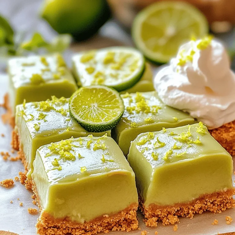 - 1 cup graham cracker crumbs - 1/4 cup granulated sugar - 1/2 cup unsalted butter, melted - 2 large eggs - 1 can (14 oz) sweetened condensed milk - 1/2 cup fresh key lime juice - Zest of 2 key limes - 1/4 teaspoon salt - Optional garnishes (whipped cream, lime slices, and zest) Key lime pie bars need simple ingredients to shine. The graham cracker crumbs form the base and give a sweet crunch. Granulated sugar adds just the right amount of sweetness to the crust and filling. Unsalted butter helps bind it all together. Eggs are key in this recipe. They help the filling set up nicely. Sweetened condensed milk brings a creamy texture and balances the tangy key lime juice. Fresh key lime juice adds that zesty kick we all love. The zest of key limes enhances the flavor, making these bars extra refreshing. A pinch of salt rounds out the flavors. For serving, whipped cream is a delightful touch. Lime slices and zest can add a bright look to your bars. These ingredients come together to create a treat that is both tangy and delightful. First, preheat your oven to 350°F (175°C). This step is key for a great crust. Next, grab a medium bowl. In this bowl, mix 1 cup of graham cracker crumbs, 1/4 cup of granulated sugar, and 1/2 cup of melted unsalted butter. Stir until the mixture looks like wet sand. Now, take your baking dish, which should be 8x8 inches, and line it with parchment paper. Leave some overhang on the sides. This helps you lift the bars out later. Press the crumb mix firmly into the bottom of the dish. Make it even. Bake this crust for about 10 minutes until it turns lightly golden. When done, let it cool for a bit. In a large mixing bowl, whisk together 2 large eggs and 1 can (14 oz) of sweetened condensed milk. Keep whisking until it's smooth and creamy. Now, add 1/2 cup of fresh key lime juice, the zest of 2 key limes, and 1/4 teaspoon of salt. Stir everything together until it is well mixed. Pour the lime filling over the cooled crust. Spread it evenly with a spatula. Bake for another 15-20 minutes. You can check for doneness when the filling is set and does not jiggle. Once it’s done, remove it from the oven. Let the bars cool to room temperature. Then, place them in the fridge for at least 2 hours, or until they are completely chilled and firm. After chilling, lift the bars out of the dish using the parchment overhang. Cut them into squares or rectangles, and they are ready to serve! To make the crust just right, you can adjust the sweetness. If you prefer it less sweet, cut the sugar by a tablespoon. This helps balance the tangy filling. If you want to use something other than graham cracker crumbs, try crushed vanilla wafers or digestive biscuits. They add a nice flavor twist. Choosing the best key limes is key. Look for limes that are small, firm, and heavy for their size. They should feel juicy. To test if your bars are done, gently shake the pan. If the filling jiggles a bit but is mostly set, it’s ready. Take it out to cool. For garnishing, a dollop of whipped cream pairs well. Add a slice of lime on top for color. You can also sprinkle some lime zest for extra flair. When it comes to drinks, iced tea or a refreshing lemonade complements these bars perfectly. Enjoy your delicious treat! {{image_2}} You can add more fun to your key lime pie bars. One great idea is to mix in coconut. Just stir in about a half cup of shredded coconut into the filling. This gives a tropical twist. You can also try different citrus juices. Lemon and orange juices work well. They can change the taste but still keep that zesty feel. If you want a healthier version, consider gluten-free options for the crust. You can use gluten-free graham crackers or almond flour. This way, everyone can enjoy this treat! For those who prefer vegan options, you can replace eggs with flaxseed meal. Mix one tablespoon of flaxseed meal with three tablespoons of water. Let it sit for a few minutes, and it becomes a great egg substitute. Making mini key lime pie bars is a fun twist. Use a mini muffin tin instead of a baking dish. This gives you bite-sized treats that are easy to share. You can also freeze these bars for long-term storage. Just cut them into squares, wrap them in plastic, and store in a freezer-safe bag. They can last for up to three months! To keep your key lime pie bars fresh, store them in the fridge. Place the bars in an airtight container. This helps lock in moisture and flavor. If you have leftover bars, they can last up to five days in the fridge. Always make sure they are completely chilled before storing them. This makes cutting and serving much easier later on. Freezing key lime pie bars is a great option for long-term storage. Start by cutting the bars into squares. Wrap each piece tightly in plastic wrap. Then, place the wrapped bars in a freezer-safe bag. This prevents freezer burn and keeps them fresh. They can stay frozen for up to three months. When you’re ready to enjoy, remove the bars from the freezer. Let them thaw in the fridge overnight. This helps maintain their creamy texture. If you’re in a hurry, you can leave them out at room temperature for about an hour. Enjoy your tangy treat! Yes, you can use regular lime juice. Key limes are smaller and have a unique taste. They offer a sweeter, more fragrant flavor. Regular lime juice works well if you can't find key limes. The taste will be slightly different but still delicious. You will know your bars are done when the filling is set. Gently shake the baking dish. If the filling does not jiggle, it’s ready. The edges might look slightly puffed, while the center stays firm. This balance gives you the perfect texture. Absolutely! These bars chill well in the fridge. You can make them up to two days ahead. Just let them cool and refrigerate. This gives the flavors more time to blend. Serve them cold for the best taste. If you don't have graham cracker crumbs, try these options: - Digestive biscuits - Crushed vanilla cookies - Oatmeal cookies - Almond flour mixed with a bit of sugar Each option gives a unique flavor and texture. Choose what you like best! In this post, we covered how to make delicious key lime pie bars. We explored the key ingredients, from graham cracker crumbs to fresh key lime juice. You learned step-by-step instructions, tips for perfecting your bars, and exciting variations to try. Remember, you can adjust sweetness and even use different citrus for fun twists. Key lime pie bars are easy to store and perfect for any gathering. Enjoy making this tasty treat!