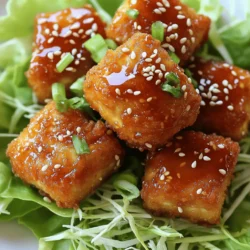 - 1 block (14 oz) firm tofu, pressed and cubed - Oil for frying (vegetable or canola) - 1/2 cup cornstarch - 1/4 cup all-purpose flour - 1 teaspoon garlic powder - 1 teaspoon onion powder - 1/2 teaspoon paprika - 1/4 teaspoon salt - 1/4 teaspoon black pepper - 1/4 cup honey - 3 tablespoons soy sauce - 2 cloves garlic, minced - 1 teaspoon ginger, grated - 1 tablespoon sesame oil - 1 tablespoon rice vinegar - 1 teaspoon cornstarch mixed with 1 tablespoon water (slurry) When making crispy honey garlic tofu nuggets, I always start with the freshest tofu. I prefer firm tofu because it holds its shape well. Pressing the tofu helps remove extra water. This step is key for achieving that perfect crispiness. For the coating, I mix cornstarch and all-purpose flour together. This blend creates a great crunch when fried. I also add garlic powder and onion powder for flavor. A pinch of paprika adds a nice touch of color. Salt and black pepper bring it all together. The honey garlic sauce is my favorite part. It combines sweet and savory flavors. I use honey and soy sauce as the base. Minced garlic and grated ginger add depth. Sesame oil gives it a rich taste, while rice vinegar adds a hint of tang. Finally, I thicken the sauce with a cornstarch slurry. This makes it stick perfectly to the nuggets. These ingredients come together to create a tasty and satisfying snack. You will love how each bite bursts with flavor! To start, you need to press the tofu. This step helps remove extra moisture. Wrap the tofu in a clean kitchen towel. Then, place a heavy object on top for about 30 minutes. Once pressed, cut the tofu into bite-sized cubes. This size helps the tofu cook evenly and makes it easy to eat. Next, you will make the coating. In a mixing bowl, combine the following dry ingredients: - 1/2 cup cornstarch - 1/4 cup all-purpose flour - 1 teaspoon garlic powder - 1 teaspoon onion powder - 1/2 teaspoon paprika - 1/4 teaspoon salt - 1/4 teaspoon black pepper Mix these well until they are combined. This mixture will give your tofu a nice crunch. Now it’s time to fry the tofu. Heat about 1/2 inch of oil in a deep skillet or frying pan over medium heat. The oil should reach about 350°F. Carefully add the coated tofu cubes in batches. Fry them for about 3-4 minutes on each side until they are golden and crispy. Once done, remove the nuggets and place them on a paper towel-lined plate to drain any excess oil. For the sauce, combine the following ingredients in a small saucepan over medium heat: - 1/4 cup honey - 3 tablespoons soy sauce - 2 cloves garlic, minced - 1 teaspoon ginger, grated - 1 tablespoon sesame oil - 1 tablespoon rice vinegar Stir and bring the mixture to a gentle simmer. This will blend all the flavors nicely. Once the sauce is simmering, it’s time to thicken it. Add a cornstarch slurry made from: - 1 teaspoon cornstarch mixed with 1 tablespoon water Whisk constantly until the sauce thickens, which should take about 1-2 minutes. In a large bowl, add the crispy tofu nuggets. Pour the honey garlic sauce over them and toss gently to coat. Make sure each nugget is well covered in the sauce for maximum flavor. For a great presentation, serve the crispy nuggets on a bed of shredded lettuce. You can also garnish with sesame seeds and chopped green onions. This adds a pop of color and makes the dish even more inviting. Enjoy your meal! To get crispy tofu nuggets, pressing is key. Press the tofu to remove moisture. Wrap the tofu in a clean towel. Place something heavy on top, like a cast iron pan. Leave it for about 30 minutes. This helps the tofu get crispy. Next, oil temperature matters. Heat oil to about 350°F. Too cool, and the tofu absorbs oil. Too hot, and it burns quickly. Use a deep skillet for even frying. This ensures every side gets crispy. Want to spice it up? Try adding more flavor! You can mix in different spices. Smoked paprika adds a nice touch. Or, try a pinch of cayenne for heat. For garnishes, consider sesame seeds or green onions. They add color and a fresh taste. You can also drizzle extra honey on top for sweetness. These small touches make a big difference. The right pan is vital for frying. I recommend a heavy frying pan or a cast iron skillet. These retain heat well and cook evenly. For handling, use a slotted spoon or a spider strainer. These tools make it easy to lift the nuggets out of the oil. Plus, they help drain extra oil quickly. This keeps your nuggets crispy and not soggy. {{image_2}} If you want a vegan twist, you can swap out the honey. Consider using maple syrup or agave nectar. Both of these options give a sweet flavor without using honey. They work well in the honey garlic sauce. You can also use brown rice syrup. This syrup has a unique taste that pairs nicely with soy sauce. Want to switch up the flavors? You can add sauces like sriracha or chili paste for heat. A splash of lime juice brings a fresh twist. You can also sprinkle in spices like cumin or curry powder. For a crunchier texture, mix in finely chopped vegetables. Carrots, bell peppers, or broccoli work great in the nuggets. Just chop them small enough to mix well with the tofu. For a gluten-free option, use gluten-free flour instead of all-purpose flour. Almond flour or chickpea flour are good choices. They add a nutty flavor that enhances the dish. You can stick with cornstarch for the coating. It gives that perfect crispy texture. If you want a lighter batter, try using a mix of cornstarch and potato starch. To keep your crispy honey garlic tofu nuggets fresh, store them in an airtight container. Place a paper towel inside to absorb moisture. This helps maintain their crunch. Refrigerate the container for up to three days. Avoid stacking the nuggets to prevent them from becoming soggy. To reheat the nuggets and keep them crispy, use the oven. Preheat it to 375°F. Spread the nuggets on a baking sheet in a single layer. Bake for about 10 minutes. This method revives their crunch without making them greasy. You can also use an air fryer. Set it to 350°F and cook for 5 to 7 minutes. Freezing is a great option for future snacks. Allow the nuggets to cool completely first. Arrange them in a single layer on a baking sheet and freeze for about an hour. Once frozen, place the nuggets in a freezer bag. Remove as much air as possible. They can stay frozen for up to three months. To thaw, place them in the fridge overnight. Reheat as mentioned above for the best texture. No, soft tofu does not work well here. It is too delicate to hold shape. Firm tofu gives you that nice bite and crispiness. It also absorbs the sauce better. Stick to firm tofu for the best results. Add more spices to the coating. Try cayenne pepper or chili powder. You can also mix hot sauce into the honey garlic sauce. Just a little can add great heat. Adjust to your taste level for an extra kick. You can use a variety of sauces. Sweet chili sauce adds a nice contrast. Soy sauce with a bit of lime juice works well too. For a creamy option, try ranch or a yogurt dip. These choices balance the sweetness of the honey garlic sauce. Yes, you can bake them! Preheat your oven to 400°F. Place the coated tofu on a baking sheet lined with parchment. Bake for 25-30 minutes, flipping halfway. This gives you crispy nuggets with less oil. Just make sure to keep an eye on them. These nuggets last about 3-4 days in the fridge. Store them in an airtight container. To keep them crispy, reheat them in an oven or air fryer. This way, they stay delicious and crunchy. In this blog post, we explored the process of making crispy honey garlic tofu nuggets. We covered the main ingredients, step-by-step instructions, and valuable tips. You can achieve perfect crispy nuggets by following our guidelines. Enjoy experimenting with flavors and variations, like vegan options and gluten-free adaptations. With proper storage and reheating, you can savor these nuggets even days later. Dive into this tasty dish and impress your friends and family with your culinary skills!