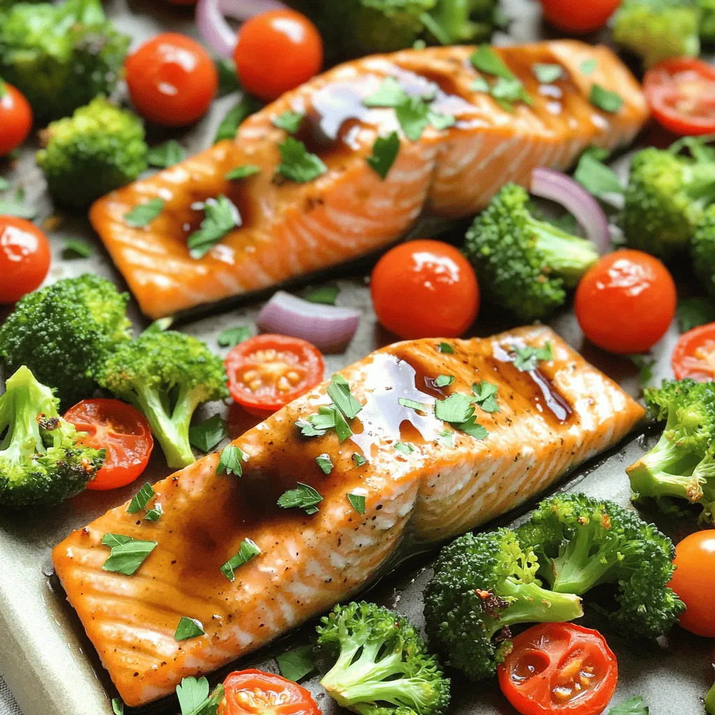 To make Sheet Pan Maple Balsamic Salmon Veggies, you need a mix of fresh ingredients. Here’s what you will gather: - 4 salmon fillets - 2 cups broccoli florets - 1 red bell pepper, sliced - 1 cup cherry tomatoes - 1 small red onion, sliced - 1/4 cup maple syrup - 1/4 cup balsamic vinegar - 3 tablespoons olive oil - 2 cloves garlic, minced - Salt and pepper to taste - Fresh parsley, chopped (for garnish) Each item plays a role in creating a sweet and tangy dish. The salmon gives protein, while the veggies add color and crunch. Maple syrup adds sweetness that balances the tangy balsamic vinegar. Olive oil keeps everything moist. Garlic enhances flavor and brings it all together. When buying ingredients, look for fresh salmon fillets. They should have a bright color and firm texture. Choose vegetables that look vibrant and crisp. Fresh parsley adds a pop of color and freshness as a garnish. With these ingredients, you can create a healthy meal that looks beautiful and tastes amazing. Enjoy cooking! 1. Preheat oven and prepare baking sheet Set your oven to 400°F (200°C). Line a large baking sheet with parchment paper. This helps with easy cleanup later. 2. Make the marinade In a small bowl, whisk together: - 1/4 cup maple syrup - 1/4 cup balsamic vinegar - 3 tablespoons olive oil - 2 cloves garlic, minced - Salt and pepper to taste This mix brings sweet and tangy flavors to the dish. 3. Prepare the vegetables In a large bowl, combine: - 2 cups broccoli florets - 1 red bell pepper, sliced - 1 cup cherry tomatoes - 1 small red onion, sliced Drizzle half of the marinade over the veggies. Toss well to coat them evenly. 1. Arrange vegetables and salmon on the baking sheet Spread the veggies on one side of the baking sheet. Leave space for the salmon fillets on the other side. 2. Brush salmon with marinade Place 4 salmon fillets on the sheet. Brush the remaining marinade over the salmon. Ensure each fillet gets a good coating for flavor. 3. Bake and check for doneness Bake in the oven for about 15-20 minutes. The salmon should flake easily with a fork. The veggies should be tender and slightly caramelized. 1. Garnishing with parsley Once out of the oven, sprinkle freshly chopped parsley on top. This adds a nice touch and fresh flavor. 2. Plating options for serving You can serve directly from the sheet pan for a rustic look. Or, plate individual servings on a bed of roasted veggies. Drizzle extra sauce on top for added flavor. To ensure your salmon and veggies cook evenly, cut the veggies into similar sizes. This helps them roast at the same rate. Also, place the salmon fillets on the sheet pan with space between them. This allows hot air to circulate. For checking salmon doneness, use a fork to gently flake the thickest part of the fillet. If it flakes easily and is opaque, it’s done. The salmon should reach an internal temperature of 145°F (63°C). You can adjust the sweetness and acidity to suit your taste. If you want it sweeter, add more maple syrup. For more tang, increase the balsamic vinegar. Try using other ingredients in your marinade. Soy sauce can add depth. You can also use honey instead of maple syrup for a different flavor. Use a heavy-duty baking sheet for best results. A rimmed sheet pan can catch drips and keep your oven clean. For prep, a good cutting board and sharp knife make a big difference. A whisk is ideal for mixing the marinade well. {{image_2}} You can change the veggies to fit your taste. Here are some ideas: - Zucchini: Slice it thin for a tender bite. - Asparagus: Use fresh spears for a crisp texture. - Carrots: Cut them into thin strips for sweetness. For seasonal options, try these: - Butternut squash in fall. - Green beans in spring. - Brussels sprouts in winter. If you prefer not to use salmon, consider these options: - Chicken breast: Cook for about 20-25 minutes. - Tofu: Bake for 15-18 minutes, ensuring it's firm. - Shrimp: Use for a quick cook of just 8-10 minutes. Adjust cooking times based on thickness. Always check each protein for safe cooking temperatures. To make your dish more exciting, add herbs and spices. Here are some suggestions: - Thyme or rosemary: Fresh herbs boost the flavor. - Paprika or cumin: Add for a warm, earthy taste. If you like heat, create a spicy version: - Crushed red pepper: Sprinkle for a kick. - Chili powder: Mix into the marinade for depth. These tweaks make your meal unique and fun! Store any leftovers in an airtight container. Place the container in the fridge. This keeps the salmon and veggies fresh. You can keep them for up to three days. If you want to save leftovers longer, consider freezing them. Use a freezer-safe container or bag. Make sure to remove as much air as possible. This helps prevent freezer burn. To reheat salmon and veggies, the oven is best. Preheat the oven to 350°F (175°C). Place the salmon and veggies on a baking tray. Cover them with foil to keep moisture in. Heat for about 10-15 minutes. This method ensures even heating. You can also use a microwave. Place the food in a microwave-safe dish. Heat in short bursts, checking often. This prevents overcooking. In the fridge, this dish lasts for about three days. If you freeze it, it can last up to three months. When ready to eat, just thaw in the fridge overnight. Then reheat as mentioned. Enjoy your meal without worry! Can I make this dish ahead of time? Yes, you can prepare everything ahead of time. Just cut the veggies and marinate the salmon. Store them in the fridge for up to 24 hours. When ready, bake them as directed. How do I know when the salmon is fully cooked? Salmon is done when it flakes easily with a fork. It should reach an internal temperature of 145°F (63°C). Use a meat thermometer for best results. What’s the best way to cut the vegetables for baking? Cut the broccoli into small florets for even cooking. Slice the bell pepper and onion into thin strips. The cherry tomatoes can remain whole for a nice burst of flavor. Caloric content per serving Each serving has about 350 calories. This includes salmon and veggies, making it a healthy meal. Nutritional benefits of the ingredients Salmon is rich in omega-3 fatty acids. Broccoli adds fiber and vitamins C and K. Cherry tomatoes are high in antioxidants, and red onions provide anti-inflammatory benefits. This dish is both tasty and healthy. Can I use store-bought marinade? Yes, you can use a store-bought balsamic marinade. Just adjust the amount based on your taste. It saves time and still tastes great. What to serve with Sheet Pan Maple Balsamic Salmon Veggies? This dish pairs well with rice or quinoa. A simple green salad also works nicely. For a heartier meal, try crusty bread to soak up the sauce. This blog post covered how to make Sheet Pan Maple Balsamic Salmon with Vegetables. You learned about the key ingredients, the step-by-step cooking process, and useful tips. I also shared flavor variations and storage methods to keep your dish fresh. Remember, cooking should be fun and adaptable. Feel free to experiment with different veggies and proteins. With practice, you’ll impress your family and friends. Enjoy this easy recipe and make it your own!