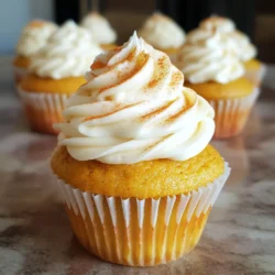 - 1 ½ cups all-purpose flour - 1 teaspoon baking powder - ½ teaspoon baking soda - ½ teaspoon salt - 1 tablespoon pumpkin spice - ½ cup unsalted butter, softened - 1 cup granulated sugar - 2 large eggs - 1 cup canned pumpkin puree - ½ cup brewed coffee, cooled - 1 teaspoon vanilla extract - ½ cup cream cheese, softened - 2 cups powdered sugar - 1 tablespoon milk - Extra pumpkin spice for garnish Pumpkin Spice Latte Cupcakes are a joy to make. You start with dry ingredients. Use all-purpose flour, baking powder, baking soda, salt, and pumpkin spice. Pumpkin spice gives your cupcakes that warm fall flavor. Next, you blend the wet ingredients. Softened butter and sugar make your base rich. Then, add eggs, canned pumpkin puree, brewed coffee, and vanilla extract. The coffee adds a nice depth to the flavor. For the frosting, beat the softened cream cheese until smooth. Gradually mix in powdered sugar and milk. This creates a creamy, spreadable frosting. A sprinkle of extra pumpkin spice on top makes it pretty. These ingredients combine to create a treat that captures the essence of fall in every bite! - Preheat the oven to 350°F (175°C). - Line a cupcake pan with paper liners. - In a medium bowl, mix the dry ingredients. This includes flour, baking powder, baking soda, salt, and pumpkin spice. - In a large bowl, cream together the softened butter and granulated sugar. Beat until light and fluffy. - Add the eggs, one at a time. Mix well after each egg. - Stir in the pumpkin puree, cooled brewed coffee, and vanilla extract until mixed thoroughly. - Gradually fold the dry mix into the wet mixture. Stir until just combined. Be careful not to overmix. - Fill each cupcake liner about two-thirds full with the batter. - Bake for 18-20 minutes. Check for doneness with a toothpick. If it comes out clean, they are done. - Allow the cupcakes to cool in the pan for five minutes. Then, move them to a wire rack to cool completely. - Avoiding overmixing: When you mix the batter, stop as soon as you see no dry flour. Overmixing makes cupcakes dense. You want them light and fluffy. - Ideal oven temperature: Always preheat your oven to 350°F (175°C). This helps cupcakes bake evenly. Use an oven thermometer to check accuracy. - Achieving the right consistency: For the cream cheese frosting, mix until it’s smooth. If it’s too thick, add a bit of milk. If it’s too thin, add more powdered sugar. - Decorating with extra pumpkin spice: After you frost the cupcakes, sprinkle some pumpkin spice on top. It adds flavor and makes them look nice. - Prep time: Take about 20 minutes to prep. This includes mixing ingredients and filling the cupcake liners. - Bake time: Bake the cupcakes for 18-20 minutes. Check them with a toothpick. It should come out clean. - Cool time: Let the cupcakes cool in the pan for 5 minutes, then move them to a wire rack. They need to cool completely before frosting. {{image_2}} You can change the flavor of your Pumpkin Spice Latte Cupcakes. One fun option is adding chocolate chips. The chocolate adds a sweet touch that pairs well with pumpkin. You can use ½ cup of semi-sweet or dark chocolate chips for a rich flavor. Another option is to substitute nuts. Pecans work great in these cupcakes. You can chop them and mix in ½ cup for a nice crunch. Walnuts are also a good choice if you prefer a different nutty flavor. If you need gluten-free options, you can use gluten-free flour. Look for a blend designed for baking. It works well in this recipe. Just replace the all-purpose flour with the gluten-free mix. For vegan substitutions, you can use flax eggs. Combine 1 tablespoon of ground flaxseed with 2.5 tablespoons of water for each egg. You can also use plant-based butter instead of regular butter. These swaps make the cupcakes friendly for vegan diets. When it comes to frosting, you have choices. Cream cheese frosting is rich and tangy. It complements the cupcakes nicely. If you want something sweeter, you can try buttercream frosting. Just whip together butter, powdered sugar, and a splash of milk for a creamy treat. You can also add different flavors to your frosting. Try using maple syrup for a fall twist. Or mix in a little coffee for a stronger flavor. These small changes can make a big impact on your cupcakes! To keep your cupcakes fresh, store them in an airtight container. Place a piece of wax paper or a paper towel between the cupcakes. This keeps them from sticking together. Store at room temperature for up to three days. For longer freshness, refrigerate them. Just make sure to let them sit for a bit before serving. If you want to freeze your cupcakes, wrap each one in plastic wrap. This helps to keep air out. Then, place them in a freezer-safe bag. They can last up to three months in the freezer. To avoid freezer burn, try to remove as much air as possible from the bag. After freezing, let the cupcakes thaw in the fridge overnight. If you want them warm, preheat your oven to 350°F (175°C). Place the cupcakes on a baking sheet for about 10 minutes. This will help them regain their fresh texture. Enjoy them warm for a cozy fall treat! How can I make these cupcakes ahead of time? You can make these cupcakes a day before. Just bake and cool them. Store them in an airtight container at room temperature. Frost them on the day you plan to serve. Can I use fresh pumpkin instead of canned? Yes, you can use fresh pumpkin. Cook and puree the pumpkin until smooth. Make sure to drain extra moisture for the best texture. What is the best way to store leftover cupcakes? Store any leftover cupcakes in an airtight container. Keep them at room temperature for up to three days. If you want to keep them longer, refrigerate or freeze. How can I adjust the recipe for mini cupcakes? To make mini cupcakes, fill the liners halfway. Bake them for about 12 to 15 minutes. Check for doneness with a toothpick. Can I use decaf coffee in the recipe? Absolutely! Decaf coffee works well in this recipe. It keeps the flavor without the caffeine rush. What can I substitute for pumpkin spice? If you don’t have pumpkin spice, mix 2 teaspoons of cinnamon, 1 teaspoon of nutmeg, and 1 teaspoon of ginger. This blend gives a similar flavor. These cupcakes blend simple ingredients into a tasty treat. We covered the dry and wet components, mixing, baking, and frosting tips. Don’t forget flavor variations and storage options. Baking should be fun and rewarding. With some practice and care, you’ll make perfect cupcakes each time. Enjoy sharing these delights with family and friends!