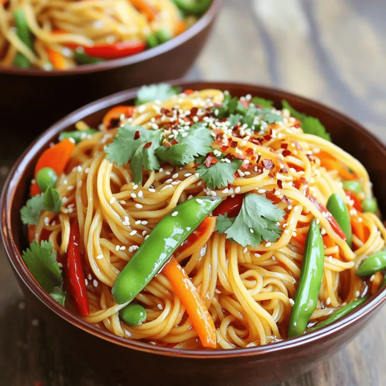 To make your Spicy Szechuan Noodles, you need simple, vibrant ingredients. Here’s what you’ll need: - 8 oz. Szechuan noodles (or your favorite noodle type) - 2 tablespoons vegetable oil - 4 cloves garlic, minced - 1 tablespoon ginger, grated - 1 red bell pepper, thinly sliced - 1 cup snap peas - 2 green onions, chopped - 1 carrot, julienned - 2 tablespoons soy sauce - 1 tablespoon chili garlic sauce - 1 teaspoon Szechuan peppercorns, crushed - 1 tablespoon sesame oil - Salt and pepper to taste - Toasted sesame seeds and fresh cilantro for garnish Feel free to mix things up and use other tasty ingredients. Here are some options: - Broccoli or bok choy for extra greens - Bell peppers of different colors for visual appeal - Peanuts or cashews for crunch - A dash of lime juice for brightness Szechuan cooking shines with bold flavors. To get the best ingredients: - Visit Asian grocery stores for fresh noodles and spices. - Look for Szechuan peppercorns, as they give that numbing spice. - Choose high-quality soy sauce for depth of flavor. - Fresh vegetables should be crisp and colorful for the best taste. When you have the right ingredients, you elevate your dish to new heights! Start by boiling a big pot of salted water. Once it bubbles, add 8 oz. of Szechuan noodles. Cook them as per the package guide until they are al dente. After that, drain them and rinse under cold water. This stops the cooking process and keeps them firm. Set the noodles aside for later. In a small bowl, mix 2 tablespoons of soy sauce, 1 tablespoon of chili garlic sauce, and 1 tablespoon of sesame oil. Whisk these together until they blend well. This sauce will give your noodles that spicy kick. Set it aside to use later. Heat 2 tablespoons of vegetable oil in a large skillet or wok over medium-high heat. Add 4 cloves of minced garlic and 1 tablespoon of grated ginger. Sauté them for 30 seconds until you smell the great aroma. Next, toss in 1 sliced red bell pepper, 1 cup of snap peas, and 1 julienned carrot. Stir-fry these for about 3-4 minutes. You want them tender but still crisp. Now, add the cooked noodles to the skillet. Pour your prepared sauce over the noodles and vegetables. Also, add 1 teaspoon of crushed Szechuan peppercorns. Toss everything together until the noodles are well coated and heated through. Stir in 2 chopped green onions and taste. Add salt and pepper as needed. Let everything cook for another minute. This helps the flavors mix well. Serve your spicy Szechuan noodles in bowls. Garnish with toasted sesame seeds and fresh cilantro for a lovely finish. To make your dish just right, taste as you go. If you love heat, add more chili garlic sauce. Start with a teaspoon, then adjust based on your taste. For less heat, reduce the chili garlic sauce. You can also swap the Szechuan peppercorns for sweet bell peppers. This keeps the flavor without the spice. Garnishes can make a dish pop. Try adding toasted sesame seeds for crunch. Fresh cilantro adds a bright, herbal note. You can also sprinkle some extra chili flakes for those who want more spice. A squeeze of lime juice adds a zesty twist too. These little touches enhance the flavors and make the dish look great. Avoid overcooking your noodles. They should be al dente. Rinse them in cold water to stop cooking. This keeps them firm. Don’t skip the garlic and ginger. They add depth to your sauce. Lastly, don’t forget to taste and adjust. Every ingredient matters. {{image_2}} You can make this dish even more colorful and healthy. Adding extra vegetables boosts nutrition and flavor. Here are some great choices: - Broccoli florets - Baby corn - Zucchini, thinly sliced - Mushrooms, chopped These veggies cook quickly and add crunch. Toss them into the skillet with the other vegetables. Cook until they are tender-crisp, just like the red bell pepper and snap peas. Want to turn your noodles into a filling meal? Adding protein is a great idea. Here are some easy options: - Chicken, sliced or cubed - Shrimp, peeled and deveined - Tofu, cubed and pan-fried Cook the protein in the skillet first. Remove it, and then add your vegetables. Mix them back in before serving to keep all the flavors together. If you need a gluten-free meal, you can still enjoy these spicy noodles. Here’s how to adapt the recipe: - Use gluten-free Szechuan noodles or rice noodles. - Choose tamari instead of soy sauce for a gluten-free option. These swaps ensure everyone can savor the dish without worry. Just follow the same cooking steps for a delightful meal. Store leftover Szechuan noodles in an airtight container. Let them cool first. This keeps them fresh. Place them in the fridge within two hours of cooking. They stay good for up to three days. If you see any signs of spoilage, throw them out. Trust your senses! To reheat your Szechuan noodles, use a skillet. Heat it over medium heat. Add a splash of water or oil to keep them moist. Stir occasionally until hot. This method helps keep the noodles tasty. You can also use a microwave. Place the noodles in a bowl, cover with a damp paper towel, and heat for 1-2 minutes. Check that they are hot all the way through. You can freeze Szechuan noodles for later. Store them in a freezer-safe container. Make sure to leave some space for expansion. Freeze them for up to three months. To thaw, move them to the fridge overnight. When ready to eat, reheat them in a skillet or microwave. Just remember, freezing may change their texture a bit. Enjoy your meal! The best noodles for Szechuan noodles are Szechuan noodles. They have a great texture. You can also use egg noodles or wheat noodles. Rice noodles work too, but they change the taste. Just choose a noodle you like. Cook them according to the package, and you’re set. Yes, you can easily make this dish vegan or vegetarian. Just replace the regular soy sauce with a vegan option. Use vegetable oil instead of any animal fat. All the veggies in this recipe are already plant-based. You can add tofu for protein if you want. It will taste great! To make the sauce milder, reduce the chili garlic sauce. You can start with just half a tablespoon. Taste as you go to find the right level. Adding a bit of sugar can balance the heat, too. Another option is to add more soy sauce to tone it down. In this blog post, I outlined how to make Spicy Szechuan Noodles. You learned about key and optional ingredients, plus how to source authentic ones. I shared step-by-step cooking instructions and helpful tips to adjust spice levels. You can customize the dish with various proteins or veggies. Don't forget the storage options for leftovers and how to reheat them well. Now, you can enjoy this bold dish at home. Dive in and make it your own!