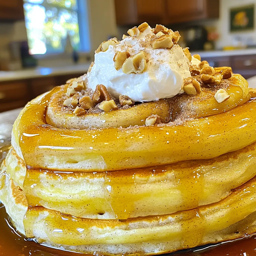 To make this delightful Cinnamon Roll Pancake Bake, you will need the following: - 2 cups pancake mix - 1 ½ cups milk - 2 large eggs - 1 teaspoon vanilla extract - 1/2 cup brown sugar - 2 tablespoons ground cinnamon - 1 cup cream cheese, softened - 1/4 cup powdered sugar - 2 tablespoons maple syrup (for drizzling) These simple items create the base of the dish. They work together to form a sweet, fluffy pancake bake that tastes just like cinnamon rolls. For a little extra flair, consider these optional ingredients: - 1 cup chopped walnuts Adding walnuts gives a nice crunch and flavor. You can skip them if you prefer a smoother texture. If you don’t have something on hand, here are some easy swaps: - Use almond milk or oat milk instead of regular milk for a dairy-free option. - For a gluten-free version, choose a gluten-free pancake mix. - You can replace eggs with 1/4 cup unsweetened applesauce for a vegan option. These substitutions keep the recipe flexible while maintaining the deliciousness of the dish. Enjoy making your Cinnamon Roll Pancake Bake! Start by preheating your oven to 350°F (175°C). Grease a 9x13-inch baking dish with butter or cooking spray. This step helps the pancake bake come out easily after cooking. Make sure to cover the bottom and sides well. In a large bowl, combine 2 cups of pancake mix, 1 ½ cups of milk, 2 large eggs, and 1 teaspoon of vanilla extract. Stir until the mixture is smooth. No lumps, please! This batter will be the base for our cozy pancake bake. Pour half of the pancake batter into the prepared dish. Spread it evenly across the bottom. In a small bowl, mix ½ cup of brown sugar with 2 tablespoons of ground cinnamon. Sprinkle this cinnamon sugar mixture over the batter. If you like, add 1 cup of chopped walnuts for extra crunch. Then, pour the rest of the batter over the top and smooth it out. Bake in the oven for 25-30 minutes. It’s ready when the pancakes puff up and a toothpick comes out clean from the center. While the pancake bake cooks, whip together 1 cup of softened cream cheese and ¼ cup of powdered sugar in a bowl. Mix until the cream cheese is smooth and creamy. Once your pancake bake cools for 5 minutes, drizzle with 2 tablespoons of maple syrup and add dollops of the cream cheese topping. Cut it into squares and serve warm for a sweet treat. For a fluffy texture, mix your batter gently. Overmixing can lead to tough pancakes. Use a spatula to fold the wet and dry ingredients together until just combined. Letting the batter sit for a few minutes allows it to thicken. This extra time can help create a lighter bake. Baking time is key. Watch for the pancakes to puff up. Set your timer for 25 minutes. Check for doneness by inserting a toothpick. It should come out clean. If it’s still wet, add a few more minutes. Let it cool slightly before cutting. This helps the squares hold their shape. Serve warm for the best taste. Drizzle with maple syrup for added sweetness. A dollop of the cream cheese mixture makes it extra special. You can also sprinkle extra cinnamon or nuts on top. Fresh fruit like berries or bananas pairs nicely too. This dish is perfect for sharing with friends or family. {{image_2}} You can change up the flavor of your Cinnamon Roll Pancake Bake. Try adding chocolate chips for a sweet twist. Just mix in a cup of chocolate chips with the batter. It brings a rich flavor that everyone loves. You can also use pumpkin spice for a fall treat. Simply swap out the cinnamon for pumpkin spice. It gives a warm and cozy taste perfect for chilly mornings. Need a gluten-free option? Use a gluten-free pancake mix. Many brands offer great flavors that work well. If you want a dairy-free version, substitute milk with almond or oat milk. You can also replace cream cheese with a dairy-free cream cheese. These swaps will keep the taste delicious while meeting your dietary needs. Toppings can make your pancake bake even better. Try fresh fruit like strawberries or blueberries for a burst of flavor. You can also sprinkle chopped nuts on top for a nice crunch. For drizzles, maple syrup is classic, but you can mix it up. Try a caramel sauce or even a berry compote. These toppings add color and taste to your cozy morning delight. Store any leftover Cinnamon Roll Pancake Bake in an airtight container. This keeps it fresh. Place the container in the fridge. It will stay good for about three days. Make sure it cools down before sealing. To reheat, preheat your oven to 350°F (175°C). Place the pancake bake in an oven-safe dish. Cover it with foil to keep it moist. Heat for about 10-15 minutes or until warm. You can also use the microwave. Heat individual pieces for about 30-45 seconds. You can freeze Cinnamon Roll Pancake Bake for later. Cut it into squares and wrap them well in plastic wrap. Then place the wrapped pieces in a freezer bag. Make sure to remove as much air as possible. This will help prevent freezer burn. It can last up to two months in the freezer. When ready to eat, thaw it in the fridge overnight. Then reheat as mentioned above. Yes, you can make this dish ahead. Prepare the batter and layer it in the baking dish. Cover it and store it in the fridge overnight. In the morning, bake it straight from the fridge. This saves you time and adds convenience. You can serve many things with this bake. Fresh fruit like strawberries or bananas adds color and flavor. Whipped cream or yogurt gives a creamy touch. You might also enjoy a drizzle of extra maple syrup for sweetness. Absolutely! Feel free to use any pancake mix you like. You can even try whole wheat or gluten-free mixes. Just follow the same steps in the recipe for best results. Cinnamon Roll Pancake Bake lasts about three to four days in the fridge. Be sure to cover it well to keep it fresh. You can enjoy it cold or warm it up in the microwave. The Cinnamon Roll Pancake Bake offers a fun twist on breakfast. We explored essential and optional ingredients, plus tasty substitutions. You discovered easy steps for prep, mixing, and baking. I also shared tips for perfect texture and serving ideas. Don’t forget about creative variations and smart storage methods. With these insights, you can enjoy delicious, warm treats anytime. Experiment, have fun, and make this dish your own!