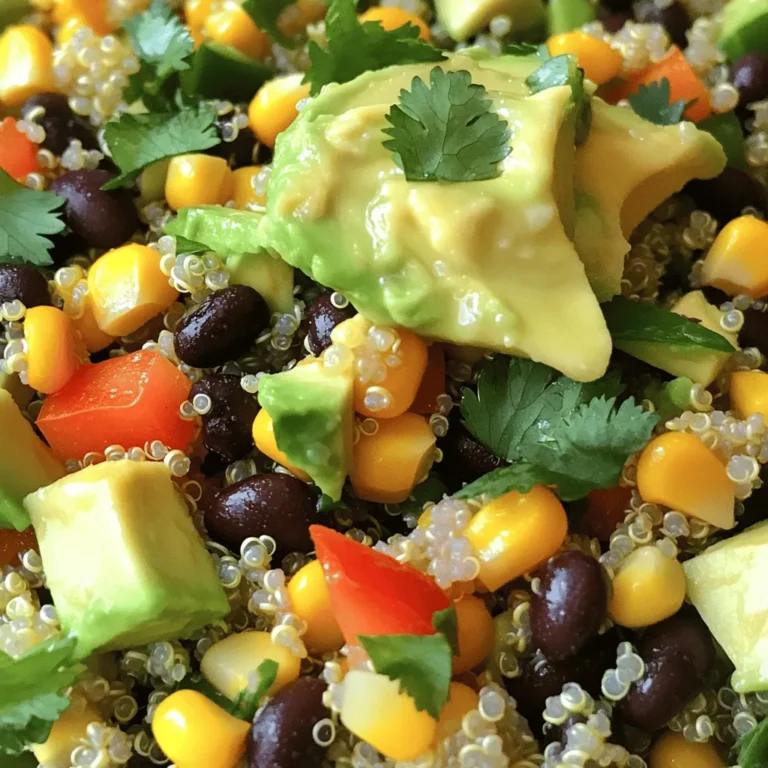 To make the Southwest Black Bean Quinoa Salad, you will need: - 1 cup quinoa, rinsed - 2 cups vegetable broth or water - 1 can (15 oz) black beans, drained and rinsed - 1 cup corn (fresh or frozen) - 1 red bell pepper, diced - 1 small red onion, finely chopped - 1 avocado, diced - 1/4 cup fresh cilantro, chopped - Juice of 2 limes - 2 tablespoons olive oil - 1 teaspoon cumin - 1 teaspoon chili powder - Salt and pepper to taste This salad serves four people and packs a nutritional punch. Each serving contains: - Calories: 290 - Protein: 10g - Carbohydrates: 45g - Dietary Fiber: 12g - Fat: 10g - Sugars: 2g Quinoa adds a great source of protein and fiber. Black beans offer even more fiber and protein. The fresh veggies give vitamins and minerals. This salad is filling and healthy! You can easily swap some ingredients to fit your needs: - For a gluten-free option, ensure your vegetable broth is certified gluten-free. - Use lime juice instead of lemon juice for a different flavor. - If you have a bean allergy, use chickpeas or cooked chicken instead. - Try using any other veggies you enjoy, like cucumber or tomatoes. This salad is versatile and great for different diets! To cook quinoa, start with a medium pot. Bring 2 cups of vegetable broth or water to a boil. Add 1 cup of rinsed quinoa to the pot. Lower the heat to low and cover the pot. Let it simmer for about 15 minutes. You want all the liquid to absorb. After 15 minutes, remove the pot from heat. Let it sit for 5 minutes. Then, fluff the quinoa with a fork. This step makes the quinoa light and airy. While the quinoa cooks, you can make the dressing. Grab a small bowl and whisk together the juice of 2 limes, 2 tablespoons of olive oil, 1 teaspoon of cumin, and 1 teaspoon of chili powder. Add salt and pepper to taste. Whisk until everything blends well. This dressing adds a zesty kick to your salad. Now it’s time to mix everything. In a large bowl, combine 1 can of black beans, 1 cup of corn, 1 diced red bell pepper, and 1 finely chopped red onion. Add the diced avocado for creaminess. Once the quinoa is ready, add it to the bowl. Pour the dressing over the salad and gently toss everything together. This helps coat all the ingredients evenly. Finally, fold in 1/4 cup of chopped fresh cilantro. Adjust the seasoning with more salt and pepper if needed. Enjoy your colorful and tasty Southwest Black Bean Quinoa Salad! To cook quinoa well, start with rinsing it. Rinsing removes bitter saponins. Use a pot and add two cups of vegetable broth or water for every cup of quinoa. Bring the liquid to a boil, then add the rinsed quinoa. Lower the heat and cover the pot. Let it simmer for about 15 minutes. After all the liquid is gone, take it off the heat. Let it sit for five minutes, then fluff with a fork. This method gives you light, fluffy quinoa. To boost the flavor of your salad, use fresh lime juice. It adds a zesty kick. Try adding extra spices like smoked paprika or cayenne for heat. You can also mix in some diced jalapeños. Fresh herbs like cilantro or parsley enhance the taste, too. For a creamier texture, add more avocado. A sprinkle of feta cheese can give a salty bite. Experiment to find what you love! This Southwest Black Bean Quinoa Salad is great for meal prep. You can make a big batch and store it in the fridge. It stays fresh for up to three days. Just keep the dressing separate until you are ready to eat. This keeps everything crunchy. You can also pack it in lunch containers for work or school. It’s a filling and healthy option to grab on the go! {{image_2}} You can add protein to make this salad heartier. Try diced chicken, shrimp, or tofu. Each option adds a unique taste and texture. Grilled chicken brings a smoky flavor. Shrimp adds a sweet touch. Tofu is great for a plant-based option. You can also mix in cooked quinoa for extra protein. Experiment to find your favorite! Feel free to change the veggies based on what you like. Instead of red bell pepper, try yellow or green peppers. You can also add diced cucumbers for crunch or cherry tomatoes for sweetness. Zucchini works well, too. Just chop them up and mix them in. This salad is very flexible! The dressing is key to this salad's flavor. If you want a new twist, try a honey-lime vinaigrette. Just mix honey, lime juice, and olive oil. You could also use a tahini dressing for a creamy texture. For a spicy kick, add some hot sauce or diced jalapeños. These changes keep the salad exciting! Store leftovers in an airtight container. Keep the salad in the fridge. It stays fresh for up to 3 days. The flavors will deepen as it sits. Just stir before serving for the best taste. You can freeze this salad, but it’s best to avoid freezing the avocado. Pack the quinoa and other ingredients in a freezer-safe bag. Remove as much air as possible. This salad can last for up to 3 months in the freezer. Thaw it in the fridge overnight before eating. Reheat the quinoa salad in the microwave for a quick meal. Use a microwave-safe bowl and cover it. Heat on low for 1-2 minutes. Stir halfway through to ensure even heating. If cold, enjoy it as a refreshing salad. Yes, you can make this salad ahead of time. This salad tastes better after it sits. The flavors mix and create a tasty dish. Prepare it a few hours before serving or even the night before. Just keep it in the fridge. If you make it too early, the avocado may brown. To avoid this, add the avocado just before serving. Yes, quinoa is a great source of protein. It is a complete protein, which means it has all nine essential amino acids. This makes it a smart choice for vegans and vegetarians. One cup of cooked quinoa has around 8 grams of protein. It is also high in fiber and other nutrients. This makes quinoa a healthy addition to any meal. You can make this salad spicier in a few ways. First, add more chili powder to the dressing. Start with one more teaspoon and taste it. You can also mix in diced jalapeños or a splash of hot sauce. These additions will give the salad a nice kick. Just remember to add spice slowly. You can always add more, but it’s hard to take it out. Enjoy experimenting with your heat level! This article covered how to make a healthy quinoa salad. We discussed the key ingredients, from grains to dressings. I shared tips for cooking quinoa perfectly and ways to add flavor. You can also mix up the protein and veggies for variety. Lastly, I highlighted how to store leftovers and answered common questions. Now you have all the tools to enjoy this dish often. Dive in and enjoy your tasty, nutritious creation!