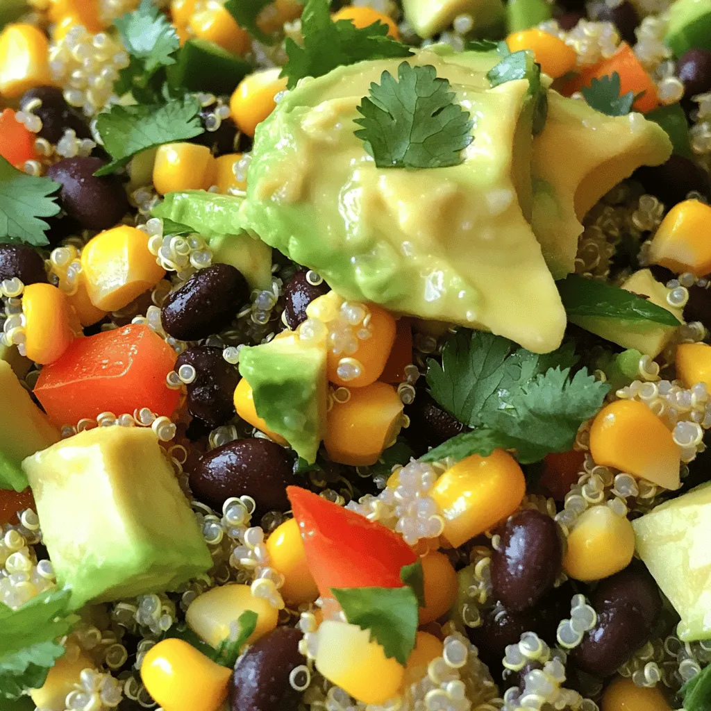 To make the Southwest Black Bean Quinoa Salad, you will need: - 1 cup quinoa, rinsed - 2 cups vegetable broth or water - 1 can (15 oz) black beans, drained and rinsed - 1 cup corn (fresh or frozen) - 1 red bell pepper, diced - 1 small red onion, finely chopped - 1 avocado, diced - 1/4 cup fresh cilantro, chopped - Juice of 2 limes - 2 tablespoons olive oil - 1 teaspoon cumin - 1 teaspoon chili powder - Salt and pepper to taste This salad serves four people and packs a nutritional punch. Each serving contains: - Calories: 290 - Protein: 10g - Carbohydrates: 45g - Dietary Fiber: 12g - Fat: 10g - Sugars: 2g Quinoa adds a great source of protein and fiber. Black beans offer even more fiber and protein. The fresh veggies give vitamins and minerals. This salad is filling and healthy! You can easily swap some ingredients to fit your needs: - For a gluten-free option, ensure your vegetable broth is certified gluten-free. - Use lime juice instead of lemon juice for a different flavor. - If you have a bean allergy, use chickpeas or cooked chicken instead. - Try using any other veggies you enjoy, like cucumber or tomatoes. This salad is versatile and great for different diets! To cook quinoa, start with a medium pot. Bring 2 cups of vegetable broth or water to a boil. Add 1 cup of rinsed quinoa to the pot. Lower the heat to low and cover the pot. Let it simmer for about 15 minutes. You want all the liquid to absorb. After 15 minutes, remove the pot from heat. Let it sit for 5 minutes. Then, fluff the quinoa with a fork. This step makes the quinoa light and airy. While the quinoa cooks, you can make the dressing. Grab a small bowl and whisk together the juice of 2 limes, 2 tablespoons of olive oil, 1 teaspoon of cumin, and 1 teaspoon of chili powder. Add salt and pepper to taste. Whisk until everything blends well. This dressing adds a zesty kick to your salad. Now it’s time to mix everything. In a large bowl, combine 1 can of black beans, 1 cup of corn, 1 diced red bell pepper, and 1 finely chopped red onion. Add the diced avocado for creaminess. Once the quinoa is ready, add it to the bowl. Pour the dressing over the salad and gently toss everything together. This helps coat all the ingredients evenly. Finally, fold in 1/4 cup of chopped fresh cilantro. Adjust the seasoning with more salt and pepper if needed. Enjoy your colorful and tasty Southwest Black Bean Quinoa Salad! To cook quinoa well, start with rinsing it. Rinsing removes bitter saponins. Use a pot and add two cups of vegetable broth or water for every cup of quinoa. Bring the liquid to a boil, then add the rinsed quinoa. Lower the heat and cover the pot. Let it simmer for about 15 minutes. After all the liquid is gone, take it off the heat. Let it sit for five minutes, then fluff with a fork. This method gives you light, fluffy quinoa. To boost the flavor of your salad, use fresh lime juice. It adds a zesty kick. Try adding extra spices like smoked paprika or cayenne for heat. You can also mix in some diced jalapeños. Fresh herbs like cilantro or parsley enhance the taste, too. For a creamier texture, add more avocado. A sprinkle of feta cheese can give a salty bite. Experiment to find what you love! This Southwest Black Bean Quinoa Salad is great for meal prep. You can make a big batch and store it in the fridge. It stays fresh for up to three days. Just keep the dressing separate until you are ready to eat. This keeps everything crunchy. You can also pack it in lunch containers for work or school. It’s a filling and healthy option to grab on the go! {{image_2}} You can add protein to make this salad heartier. Try diced chicken, shrimp, or tofu. Each option adds a unique taste and texture. Grilled chicken brings a smoky flavor. Shrimp adds a sweet touch. Tofu is great for a plant-based option. You can also mix in cooked quinoa for extra protein. Experiment to find your favorite! Feel free to change the veggies based on what you like. Instead of red bell pepper, try yellow or green peppers. You can also add diced cucumbers for crunch or cherry tomatoes for sweetness. Zucchini works well, too. Just chop them up and mix them in. This salad is very flexible! The dressing is key to this salad's flavor. If you want a new twist, try a honey-lime vinaigrette. Just mix honey, lime juice, and olive oil. You could also use a tahini dressing for a creamy texture. For a spicy kick, add some hot sauce or diced jalapeños. These changes keep the salad exciting! Store leftovers in an airtight container. Keep the salad in the fridge. It stays fresh for up to 3 days. The flavors will deepen as it sits. Just stir before serving for the best taste. You can freeze this salad, but it’s best to avoid freezing the avocado. Pack the quinoa and other ingredients in a freezer-safe bag. Remove as much air as possible. This salad can last for up to 3 months in the freezer. Thaw it in the fridge overnight before eating. Reheat the quinoa salad in the microwave for a quick meal. Use a microwave-safe bowl and cover it. Heat on low for 1-2 minutes. Stir halfway through to ensure even heating. If cold, enjoy it as a refreshing salad. Yes, you can make this salad ahead of time. This salad tastes better after it sits. The flavors mix and create a tasty dish. Prepare it a few hours before serving or even the night before. Just keep it in the fridge. If you make it too early, the avocado may brown. To avoid this, add the avocado just before serving. Yes, quinoa is a great source of protein. It is a complete protein, which means it has all nine essential amino acids. This makes it a smart choice for vegans and vegetarians. One cup of cooked quinoa has around 8 grams of protein. It is also high in fiber and other nutrients. This makes quinoa a healthy addition to any meal. You can make this salad spicier in a few ways. First, add more chili powder to the dressing. Start with one more teaspoon and taste it. You can also mix in diced jalapeños or a splash of hot sauce. These additions will give the salad a nice kick. Just remember to add spice slowly. You can always add more, but it’s hard to take it out. Enjoy experimenting with your heat level! This article covered how to make a healthy quinoa salad. We discussed the key ingredients, from grains to dressings. I shared tips for cooking quinoa perfectly and ways to add flavor. You can also mix up the protein and veggies for variety. Lastly, I highlighted how to store leftovers and answered common questions. Now you have all the tools to enjoy this dish often. Dive in and enjoy your tasty, nutritious creation!