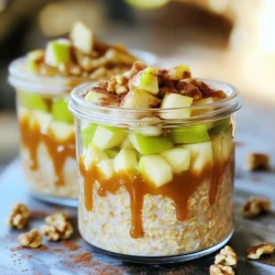 - 1 cup rolled oats - 1 ½ cups almond milk (or any milk of choice) - 1 medium apple, diced (preferably Granny Smith or Honeycrisp) - 2 tablespoons caramel sauce (plus extra for drizzling) - 1 tablespoon chia seeds - 1 teaspoon cinnamon - 1 tablespoon maple syrup (optional) - ½ teaspoon vanilla extract - Pinch of salt These main ingredients create a creamy and sweet base for your overnight oats. Rolled oats soak up the almond milk, making them soft and tasty. The diced apple adds a nice crunch and fresh flavor. Chia seeds provide a boost of fiber and help thicken the oats. - Chopped nuts (e.g., walnuts or pecans) - Extra caramel drizzle - Thin apple slices for garnish I love adding chopped nuts for a crunchy texture. They also give a nice nutty flavor. A drizzle of extra caramel sauce makes the dish feel special. Thin apple slices on top add beauty and freshness to your bowl. Each topping offers a fun way to customize your breakfast. - Combine 1 cup rolled oats, 1 ½ cups almond milk, 1 tablespoon chia seeds, 1 teaspoon cinnamon, 1 tablespoon maple syrup, ½ teaspoon vanilla extract, and a pinch of salt. - Stir well until all ingredients blend together. - Fold in 1 diced apple and 2 tablespoons caramel sauce. Mix gently to keep apple pieces intact. - Transfer the mixture into airtight jars, making sure each jar has apple bits. - Seal the jars tightly to keep the oats fresh. - Refrigerate overnight or for at least 5 hours. This allows the oats to soak up the liquid and soften. - The next morning, stir the oats before serving. - If the oats seem too thick, add a splash of almond milk. - Top with chopped nuts and a drizzle of caramel sauce. Enjoy your tasty breakfast! To get the perfect texture, measure your oats and liquids carefully. Use 1 cup of rolled oats to 1 ½ cups of almond milk. Mix them in a bowl. Stir until they blend well. Soak your oats overnight. This gives them time to soften. I recommend at least 5 hours for soaking. The longer the oats soak, the creamier they become. For added flavor, try a pinch of nutmeg or ginger. These spices mix well with apples and caramel. You can also adjust the sweetness by adding more or less maple syrup. Start with 1 tablespoon and taste as you go. This way, you can find the right sweetness for your taste. Serving in clear jars makes your oats look lovely. You can see the layers of apples and oats. For garnishes, add thin apple slices on top. Sprinkle some chopped nuts for crunch. A drizzle of caramel sauce makes it even more tempting. This not only enhances the look but also the taste! {{image_2}} You can switch up the fruit in your caramel apple overnight oats. Try bananas, berries, or pears. Each fruit brings its own taste and texture. Bananas add creaminess, while berries give a tart kick. In fall, use sliced peaches or figs for a nice twist. In winter, consider adding dried fruits like cranberries or dates. If you need gluten-free options, look for certified gluten-free oats. They work just as well in this recipe. For a vegan version, use plant-based milk and maple syrup instead of honey. You can also skip the caramel or use a vegan version to keep it plant-based. Want to take your oats to the next level? Add a spoonful of chocolate spread or peanut butter. These choices add rich flavors and creamy textures. For a warm taste, sprinkle in nutmeg or ginger. They pair perfectly with the sweetness of apple and caramel. To keep your caramel apple overnight oats fresh, use clean glass jars or airtight containers. Glass jars show off your lovely layers. Make sure to leave some space at the top. This allows the oats to expand as they soak. Seal the jars tightly to lock in the flavor and keep out air. You can keep your overnight oats in the fridge for up to five days. After that, the texture may change, and they might not taste as good. Freezing is not the best option for overnight oats. They may become mushy when thawed. If you want to store them longer, eat them within five days. If you have leftovers, eat them cold straight from the fridge. If you prefer warm oats, microwave them for about 30 seconds. Stir and check if it's warm enough. If they seem dry, add a splash of almond milk. To refresh older servings, add extra toppings like nuts or a drizzle of caramel sauce. This adds flavor and makes them feel new again. To make your oats thicker, you can adjust the oat-to-liquid ratio. Use more oats and less liquid. Aim for 1 cup of oats to 1 ¼ cups of milk for a creamier mix. You can also try using less almond milk or add a bit more chia seeds. Chia seeds soak up liquid, making the oats thicker. Yes, you can skip chia seeds if you want. They add a nice texture and nutrition, but you can use ground flaxseed instead. This will help keep some thickness. Without any seeds, your oats may be a bit runnier, but still tasty. Yes, you can eat overnight oats later. They last in the fridge for up to five days. Just make sure to keep them in airtight jars. If you notice any odd smell or change in color, it’s best to toss them. Always trust your senses! In this post, we explored how to make delicious overnight oats. We covered the main ingredients, step-by-step preparation, tips for the best texture, and fun variations. With options for toppings and storage advice, you can enjoy this meal for days. Remember, make it your own with different fruits or flavors. Overnight oats are easy, fun, and fit any diet. Dive in and customize your recipe for a tasty start to your day. The next time you wake up, a nutritious breakfast will be waiting!