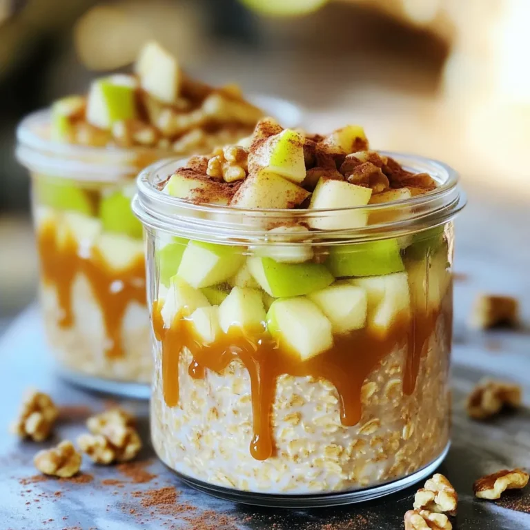 - 1 cup rolled oats - 1 ½ cups almond milk (or any milk of choice) - 1 medium apple, diced (preferably Granny Smith or Honeycrisp) - 2 tablespoons caramel sauce (plus extra for drizzling) - 1 tablespoon chia seeds - 1 teaspoon cinnamon - 1 tablespoon maple syrup (optional) - ½ teaspoon vanilla extract - Pinch of salt These main ingredients create a creamy and sweet base for your overnight oats. Rolled oats soak up the almond milk, making them soft and tasty. The diced apple adds a nice crunch and fresh flavor. Chia seeds provide a boost of fiber and help thicken the oats. - Chopped nuts (e.g., walnuts or pecans) - Extra caramel drizzle - Thin apple slices for garnish I love adding chopped nuts for a crunchy texture. They also give a nice nutty flavor. A drizzle of extra caramel sauce makes the dish feel special. Thin apple slices on top add beauty and freshness to your bowl. Each topping offers a fun way to customize your breakfast. - Combine 1 cup rolled oats, 1 ½ cups almond milk, 1 tablespoon chia seeds, 1 teaspoon cinnamon, 1 tablespoon maple syrup, ½ teaspoon vanilla extract, and a pinch of salt. - Stir well until all ingredients blend together. - Fold in 1 diced apple and 2 tablespoons caramel sauce. Mix gently to keep apple pieces intact. - Transfer the mixture into airtight jars, making sure each jar has apple bits. - Seal the jars tightly to keep the oats fresh. - Refrigerate overnight or for at least 5 hours. This allows the oats to soak up the liquid and soften. - The next morning, stir the oats before serving. - If the oats seem too thick, add a splash of almond milk. - Top with chopped nuts and a drizzle of caramel sauce. Enjoy your tasty breakfast! To get the perfect texture, measure your oats and liquids carefully. Use 1 cup of rolled oats to 1 ½ cups of almond milk. Mix them in a bowl. Stir until they blend well. Soak your oats overnight. This gives them time to soften. I recommend at least 5 hours for soaking. The longer the oats soak, the creamier they become. For added flavor, try a pinch of nutmeg or ginger. These spices mix well with apples and caramel. You can also adjust the sweetness by adding more or less maple syrup. Start with 1 tablespoon and taste as you go. This way, you can find the right sweetness for your taste. Serving in clear jars makes your oats look lovely. You can see the layers of apples and oats. For garnishes, add thin apple slices on top. Sprinkle some chopped nuts for crunch. A drizzle of caramel sauce makes it even more tempting. This not only enhances the look but also the taste! {{image_2}} You can switch up the fruit in your caramel apple overnight oats. Try bananas, berries, or pears. Each fruit brings its own taste and texture. Bananas add creaminess, while berries give a tart kick. In fall, use sliced peaches or figs for a nice twist. In winter, consider adding dried fruits like cranberries or dates. If you need gluten-free options, look for certified gluten-free oats. They work just as well in this recipe. For a vegan version, use plant-based milk and maple syrup instead of honey. You can also skip the caramel or use a vegan version to keep it plant-based. Want to take your oats to the next level? Add a spoonful of chocolate spread or peanut butter. These choices add rich flavors and creamy textures. For a warm taste, sprinkle in nutmeg or ginger. They pair perfectly with the sweetness of apple and caramel. To keep your caramel apple overnight oats fresh, use clean glass jars or airtight containers. Glass jars show off your lovely layers. Make sure to leave some space at the top. This allows the oats to expand as they soak. Seal the jars tightly to lock in the flavor and keep out air. You can keep your overnight oats in the fridge for up to five days. After that, the texture may change, and they might not taste as good. Freezing is not the best option for overnight oats. They may become mushy when thawed. If you want to store them longer, eat them within five days. If you have leftovers, eat them cold straight from the fridge. If you prefer warm oats, microwave them for about 30 seconds. Stir and check if it's warm enough. If they seem dry, add a splash of almond milk. To refresh older servings, add extra toppings like nuts or a drizzle of caramel sauce. This adds flavor and makes them feel new again. To make your oats thicker, you can adjust the oat-to-liquid ratio. Use more oats and less liquid. Aim for 1 cup of oats to 1 ¼ cups of milk for a creamier mix. You can also try using less almond milk or add a bit more chia seeds. Chia seeds soak up liquid, making the oats thicker. Yes, you can skip chia seeds if you want. They add a nice texture and nutrition, but you can use ground flaxseed instead. This will help keep some thickness. Without any seeds, your oats may be a bit runnier, but still tasty. Yes, you can eat overnight oats later. They last in the fridge for up to five days. Just make sure to keep them in airtight jars. If you notice any odd smell or change in color, it’s best to toss them. Always trust your senses! In this post, we explored how to make delicious overnight oats. We covered the main ingredients, step-by-step preparation, tips for the best texture, and fun variations. With options for toppings and storage advice, you can enjoy this meal for days. Remember, make it your own with different fruits or flavors. Overnight oats are easy, fun, and fit any diet. Dive in and customize your recipe for a tasty start to your day. The next time you wake up, a nutritious breakfast will be waiting!