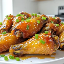 - 2 pounds chicken wings - 1/3 cup honey - 1/4 cup soy sauce (low sodium, if preferred) - 4 cloves garlic, minced - 1 teaspoon grated ginger - 1 tablespoon rice vinegar - 1 teaspoon sesame oil - 1/2 teaspoon black pepper - 1/4 teaspoon red pepper flakes (optional, for heat) - 2 green onions, chopped (for garnish) - Sesame seeds (for garnish) To make Air Fryer Honey Garlic Wings, gather these ingredients. You need two pounds of chicken wings for a hearty meal. Honey gives the wings a sweet touch. Use a quarter cup of soy sauce for flavor. Minced garlic adds a strong aroma. A teaspoon of grated ginger brings a fresh taste. Rice vinegar adds a nice tang. Sesame oil gives depth to the sauce. Black pepper adds a hint of spice. Red pepper flakes are optional for those who like heat. Finally, green onions and sesame seeds are perfect for garnishing. This simple list covers everything you need. Each item plays a role in making the wings tasty and fun to eat. Enjoy preparing this dish with these fresh ingredients! To start, gather your ingredients for the sauce. In a medium bowl, mix the following: - 1/3 cup honey - 1/4 cup soy sauce - 4 cloves garlic, minced - 1 teaspoon grated ginger - 1 tablespoon rice vinegar - 1 teaspoon sesame oil - 1/2 teaspoon black pepper - 1/4 teaspoon red pepper flakes (optional) Whisk these ingredients together until smooth. This blend gives a sweet and savory kick. Set aside about 1/4 cup of this sauce for basting the wings later. Now, it’s time to marinate the chicken wings. Place 2 pounds of chicken wings in a large bowl or a zip-lock bag. Pour the honey garlic sauce over the wings. Make sure each wing is well coated. This step adds deep flavor to each bite. For best results, let the wings marinate for at least 30 minutes. You can also marinate them overnight in the fridge for a more intense flavor. Next, preheat your air fryer to 375°F (190°C). Let it warm up for about 5 minutes. This helps the wings cook evenly and become crispy. Arrange the marinated wings in a single layer in the air fryer basket. Cook the wings for 25 to 30 minutes. Remember to flip them halfway through. This ensures they cook evenly on both sides. During the last 5 minutes, use the reserved sauce to baste the wings. This adds a lovely glaze and extra flavor. Once done, check the wings for a golden brown color and crispiness. If you want them extra crispy, air fry them for 5 more minutes. Enjoy the delicious aroma as they cook! To get wings that are crispy, start with dry wings. Pat them with a paper towel before marinating. This helps remove extra moisture. When you cook, place the wings in a single layer in the air fryer. Avoid stacking them; this allows hot air to flow around each wing. Flipping the wings is key. Halfway through cooking, use tongs to turn them over. This ensures even cooking and crispiness. If you want them extra crispy, add five more minutes at the end. You can boost flavor with extra seasonings. Try adding garlic powder or onion powder to the marinade. For a tangy twist, add a splash of lime juice. If you like heat, toss in more red pepper flakes or try some hot sauce. Adjusting heat levels is easy. For mild wings, skip the red pepper flakes. For spicy wings, use fresh jalapeños or a spicy hot sauce in the marinade. This gives you control over how hot you want your wings. Pair your honey garlic wings with sides like celery sticks or carrot sticks. These add crunch and freshness. Crispy fries or potato wedges also work well. They balance out the sweet flavor of the wings. Dipping sauces make a great addition. Ranch or blue cheese dressings are popular choices. For a kick, serve with a spicy mayo or sriracha sauce. This variety makes your meal exciting and fun. {{image_2}} You can spice up your honey garlic wings. Try adding different peppers like jalapeños or cayenne. These peppers add heat and flavor. You can also adjust the sweetness. If you want more heat, use less honey. For a sweeter taste, add more honey. This balance keeps your wings tasty. This twist uses mustard in the marinade. Mix in a few tablespoons of yellow or Dijon mustard. The mustard gives a nice tang. It pairs well with the sweet honey and garlic. You’ll get a bold flavor that stands out. If you need a gluten-free option, use tamari instead of soy sauce. Tamari has a similar taste but is gluten-free. This way, everyone can enjoy the dish. Always check labels to ensure all ingredients are gluten-free. This small change keeps your wings delicious and safe for all diets. To safely store your leftover wings, let them cool first. Place the wings in an airtight container. They can stay fresh in the fridge for up to three days. If you want to keep them longer, consider freezing. Always label the container with the date. For freezing, arrange the wings in a single layer on a baking sheet. Freeze them for about two hours until solid. Then, move them to a freezer bag. Remove as much air as possible. They can last in the freezer for up to three months. When ready to eat, defrost them in the fridge overnight. To reheat and keep the wings crispy, use your air fryer. Heat it to 375°F (190°C) and cook the wings for about 5 to 7 minutes. Check them to make sure they get hot all the way through. You can also use an oven at 350°F (175°C). Bake for about 10-15 minutes, flipping halfway. Enjoy your wings just like they were fresh! Yes, you can use frozen wings. Just remember to adjust the cooking time. If using frozen wings, cook them for about 30-35 minutes at 375°F (190°C). Make sure to flip them halfway through. Thawing them first will help them cook evenly and get crispier. For the best flavor, marinate the wings for at least 30 minutes. If you have time, marinate them overnight in the fridge. This longer marinating time lets the flavors soak in more. Use a zip-lock bag for easy mixing and coating. Yes, you can make the sauce ahead of time. Mix all the sauce ingredients, then store it in the fridge for up to a week. This makes meal prep easy. Just remember to set aside some sauce for basting while cooking. You now have a great recipe for tasty chicken wings. We explored key ingredients, from chicken to seasonings. I shared clear steps for making the sauce, marinating, and cooking in the air fryer. With tips for extra crispiness and flavor, you can elevate your wings. Don’t forget the variations: spicy, honey mustard, or gluten-free options. Proper storage also ensures your wings stay great. Enjoy your cooking and impress your guests with these delicious flavors.