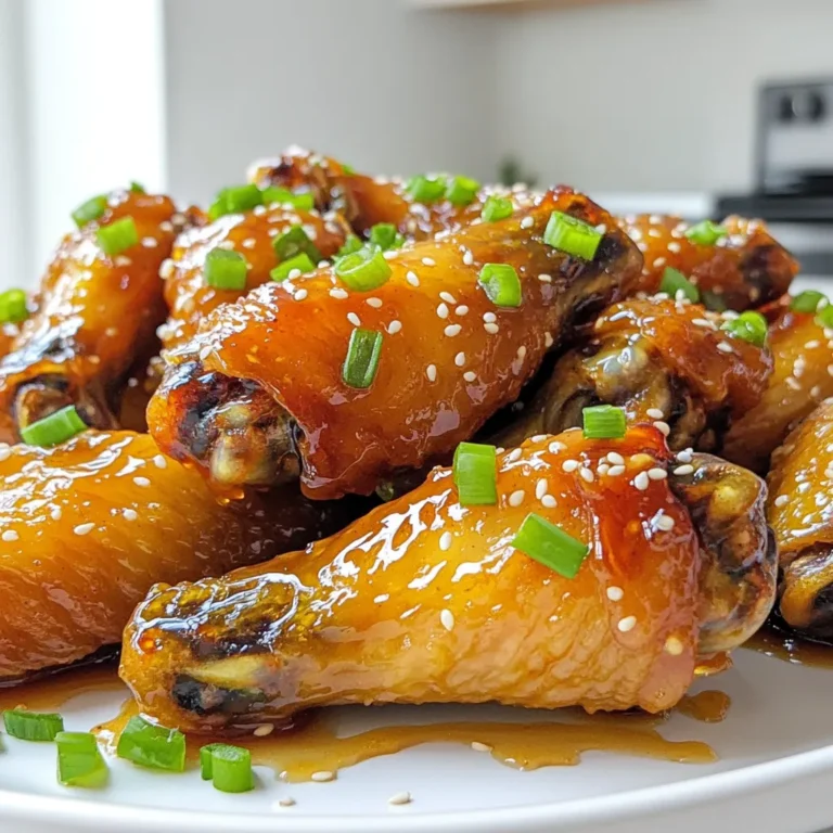 - 2 pounds chicken wings - 1/3 cup honey - 1/4 cup soy sauce (low sodium, if preferred) - 4 cloves garlic, minced - 1 teaspoon grated ginger - 1 tablespoon rice vinegar - 1 teaspoon sesame oil - 1/2 teaspoon black pepper - 1/4 teaspoon red pepper flakes (optional, for heat) - 2 green onions, chopped (for garnish) - Sesame seeds (for garnish) To make Air Fryer Honey Garlic Wings, gather these ingredients. You need two pounds of chicken wings for a hearty meal. Honey gives the wings a sweet touch. Use a quarter cup of soy sauce for flavor. Minced garlic adds a strong aroma. A teaspoon of grated ginger brings a fresh taste. Rice vinegar adds a nice tang. Sesame oil gives depth to the sauce. Black pepper adds a hint of spice. Red pepper flakes are optional for those who like heat. Finally, green onions and sesame seeds are perfect for garnishing. This simple list covers everything you need. Each item plays a role in making the wings tasty and fun to eat. Enjoy preparing this dish with these fresh ingredients! To start, gather your ingredients for the sauce. In a medium bowl, mix the following: - 1/3 cup honey - 1/4 cup soy sauce - 4 cloves garlic, minced - 1 teaspoon grated ginger - 1 tablespoon rice vinegar - 1 teaspoon sesame oil - 1/2 teaspoon black pepper - 1/4 teaspoon red pepper flakes (optional) Whisk these ingredients together until smooth. This blend gives a sweet and savory kick. Set aside about 1/4 cup of this sauce for basting the wings later. Now, it’s time to marinate the chicken wings. Place 2 pounds of chicken wings in a large bowl or a zip-lock bag. Pour the honey garlic sauce over the wings. Make sure each wing is well coated. This step adds deep flavor to each bite. For best results, let the wings marinate for at least 30 minutes. You can also marinate them overnight in the fridge for a more intense flavor. Next, preheat your air fryer to 375°F (190°C). Let it warm up for about 5 minutes. This helps the wings cook evenly and become crispy. Arrange the marinated wings in a single layer in the air fryer basket. Cook the wings for 25 to 30 minutes. Remember to flip them halfway through. This ensures they cook evenly on both sides. During the last 5 minutes, use the reserved sauce to baste the wings. This adds a lovely glaze and extra flavor. Once done, check the wings for a golden brown color and crispiness. If you want them extra crispy, air fry them for 5 more minutes. Enjoy the delicious aroma as they cook! To get wings that are crispy, start with dry wings. Pat them with a paper towel before marinating. This helps remove extra moisture. When you cook, place the wings in a single layer in the air fryer. Avoid stacking them; this allows hot air to flow around each wing. Flipping the wings is key. Halfway through cooking, use tongs to turn them over. This ensures even cooking and crispiness. If you want them extra crispy, add five more minutes at the end. You can boost flavor with extra seasonings. Try adding garlic powder or onion powder to the marinade. For a tangy twist, add a splash of lime juice. If you like heat, toss in more red pepper flakes or try some hot sauce. Adjusting heat levels is easy. For mild wings, skip the red pepper flakes. For spicy wings, use fresh jalapeños or a spicy hot sauce in the marinade. This gives you control over how hot you want your wings. Pair your honey garlic wings with sides like celery sticks or carrot sticks. These add crunch and freshness. Crispy fries or potato wedges also work well. They balance out the sweet flavor of the wings. Dipping sauces make a great addition. Ranch or blue cheese dressings are popular choices. For a kick, serve with a spicy mayo or sriracha sauce. This variety makes your meal exciting and fun. {{image_2}} You can spice up your honey garlic wings. Try adding different peppers like jalapeños or cayenne. These peppers add heat and flavor. You can also adjust the sweetness. If you want more heat, use less honey. For a sweeter taste, add more honey. This balance keeps your wings tasty. This twist uses mustard in the marinade. Mix in a few tablespoons of yellow or Dijon mustard. The mustard gives a nice tang. It pairs well with the sweet honey and garlic. You’ll get a bold flavor that stands out. If you need a gluten-free option, use tamari instead of soy sauce. Tamari has a similar taste but is gluten-free. This way, everyone can enjoy the dish. Always check labels to ensure all ingredients are gluten-free. This small change keeps your wings delicious and safe for all diets. To safely store your leftover wings, let them cool first. Place the wings in an airtight container. They can stay fresh in the fridge for up to three days. If you want to keep them longer, consider freezing. Always label the container with the date. For freezing, arrange the wings in a single layer on a baking sheet. Freeze them for about two hours until solid. Then, move them to a freezer bag. Remove as much air as possible. They can last in the freezer for up to three months. When ready to eat, defrost them in the fridge overnight. To reheat and keep the wings crispy, use your air fryer. Heat it to 375°F (190°C) and cook the wings for about 5 to 7 minutes. Check them to make sure they get hot all the way through. You can also use an oven at 350°F (175°C). Bake for about 10-15 minutes, flipping halfway. Enjoy your wings just like they were fresh! Yes, you can use frozen wings. Just remember to adjust the cooking time. If using frozen wings, cook them for about 30-35 minutes at 375°F (190°C). Make sure to flip them halfway through. Thawing them first will help them cook evenly and get crispier. For the best flavor, marinate the wings for at least 30 minutes. If you have time, marinate them overnight in the fridge. This longer marinating time lets the flavors soak in more. Use a zip-lock bag for easy mixing and coating. Yes, you can make the sauce ahead of time. Mix all the sauce ingredients, then store it in the fridge for up to a week. This makes meal prep easy. Just remember to set aside some sauce for basting while cooking. You now have a great recipe for tasty chicken wings. We explored key ingredients, from chicken to seasonings. I shared clear steps for making the sauce, marinating, and cooking in the air fryer. With tips for extra crispiness and flavor, you can elevate your wings. Don’t forget the variations: spicy, honey mustard, or gluten-free options. Proper storage also ensures your wings stay great. Enjoy your cooking and impress your guests with these delicious flavors.