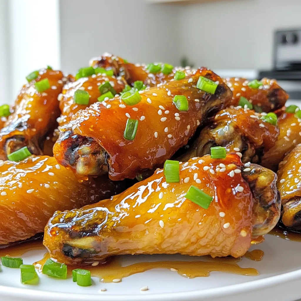 - 2 pounds chicken wings - 1/3 cup honey - 1/4 cup soy sauce (low sodium, if preferred) - 4 cloves garlic, minced - 1 teaspoon grated ginger - 1 tablespoon rice vinegar - 1 teaspoon sesame oil - 1/2 teaspoon black pepper - 1/4 teaspoon red pepper flakes (optional, for heat) - 2 green onions, chopped (for garnish) - Sesame seeds (for garnish) To make Air Fryer Honey Garlic Wings, gather these ingredients. You need two pounds of chicken wings for a hearty meal. Honey gives the wings a sweet touch. Use a quarter cup of soy sauce for flavor. Minced garlic adds a strong aroma. A teaspoon of grated ginger brings a fresh taste. Rice vinegar adds a nice tang. Sesame oil gives depth to the sauce. Black pepper adds a hint of spice. Red pepper flakes are optional for those who like heat. Finally, green onions and sesame seeds are perfect for garnishing. This simple list covers everything you need. Each item plays a role in making the wings tasty and fun to eat. Enjoy preparing this dish with these fresh ingredients! To start, gather your ingredients for the sauce. In a medium bowl, mix the following: - 1/3 cup honey - 1/4 cup soy sauce - 4 cloves garlic, minced - 1 teaspoon grated ginger - 1 tablespoon rice vinegar - 1 teaspoon sesame oil - 1/2 teaspoon black pepper - 1/4 teaspoon red pepper flakes (optional) Whisk these ingredients together until smooth. This blend gives a sweet and savory kick. Set aside about 1/4 cup of this sauce for basting the wings later. Now, it’s time to marinate the chicken wings. Place 2 pounds of chicken wings in a large bowl or a zip-lock bag. Pour the honey garlic sauce over the wings. Make sure each wing is well coated. This step adds deep flavor to each bite. For best results, let the wings marinate for at least 30 minutes. You can also marinate them overnight in the fridge for a more intense flavor. Next, preheat your air fryer to 375°F (190°C). Let it warm up for about 5 minutes. This helps the wings cook evenly and become crispy. Arrange the marinated wings in a single layer in the air fryer basket. Cook the wings for 25 to 30 minutes. Remember to flip them halfway through. This ensures they cook evenly on both sides. During the last 5 minutes, use the reserved sauce to baste the wings. This adds a lovely glaze and extra flavor. Once done, check the wings for a golden brown color and crispiness. If you want them extra crispy, air fry them for 5 more minutes. Enjoy the delicious aroma as they cook! To get wings that are crispy, start with dry wings. Pat them with a paper towel before marinating. This helps remove extra moisture. When you cook, place the wings in a single layer in the air fryer. Avoid stacking them; this allows hot air to flow around each wing. Flipping the wings is key. Halfway through cooking, use tongs to turn them over. This ensures even cooking and crispiness. If you want them extra crispy, add five more minutes at the end. You can boost flavor with extra seasonings. Try adding garlic powder or onion powder to the marinade. For a tangy twist, add a splash of lime juice. If you like heat, toss in more red pepper flakes or try some hot sauce. Adjusting heat levels is easy. For mild wings, skip the red pepper flakes. For spicy wings, use fresh jalapeños or a spicy hot sauce in the marinade. This gives you control over how hot you want your wings. Pair your honey garlic wings with sides like celery sticks or carrot sticks. These add crunch and freshness. Crispy fries or potato wedges also work well. They balance out the sweet flavor of the wings. Dipping sauces make a great addition. Ranch or blue cheese dressings are popular choices. For a kick, serve with a spicy mayo or sriracha sauce. This variety makes your meal exciting and fun. {{image_2}} You can spice up your honey garlic wings. Try adding different peppers like jalapeños or cayenne. These peppers add heat and flavor. You can also adjust the sweetness. If you want more heat, use less honey. For a sweeter taste, add more honey. This balance keeps your wings tasty. This twist uses mustard in the marinade. Mix in a few tablespoons of yellow or Dijon mustard. The mustard gives a nice tang. It pairs well with the sweet honey and garlic. You’ll get a bold flavor that stands out. If you need a gluten-free option, use tamari instead of soy sauce. Tamari has a similar taste but is gluten-free. This way, everyone can enjoy the dish. Always check labels to ensure all ingredients are gluten-free. This small change keeps your wings delicious and safe for all diets. To safely store your leftover wings, let them cool first. Place the wings in an airtight container. They can stay fresh in the fridge for up to three days. If you want to keep them longer, consider freezing. Always label the container with the date. For freezing, arrange the wings in a single layer on a baking sheet. Freeze them for about two hours until solid. Then, move them to a freezer bag. Remove as much air as possible. They can last in the freezer for up to three months. When ready to eat, defrost them in the fridge overnight. To reheat and keep the wings crispy, use your air fryer. Heat it to 375°F (190°C) and cook the wings for about 5 to 7 minutes. Check them to make sure they get hot all the way through. You can also use an oven at 350°F (175°C). Bake for about 10-15 minutes, flipping halfway. Enjoy your wings just like they were fresh! Yes, you can use frozen wings. Just remember to adjust the cooking time. If using frozen wings, cook them for about 30-35 minutes at 375°F (190°C). Make sure to flip them halfway through. Thawing them first will help them cook evenly and get crispier. For the best flavor, marinate the wings for at least 30 minutes. If you have time, marinate them overnight in the fridge. This longer marinating time lets the flavors soak in more. Use a zip-lock bag for easy mixing and coating. Yes, you can make the sauce ahead of time. Mix all the sauce ingredients, then store it in the fridge for up to a week. This makes meal prep easy. Just remember to set aside some sauce for basting while cooking. You now have a great recipe for tasty chicken wings. We explored key ingredients, from chicken to seasonings. I shared clear steps for making the sauce, marinating, and cooking in the air fryer. With tips for extra crispiness and flavor, you can elevate your wings. Don’t forget the variations: spicy, honey mustard, or gluten-free options. Proper storage also ensures your wings stay great. Enjoy your cooking and impress your guests with these delicious flavors.
