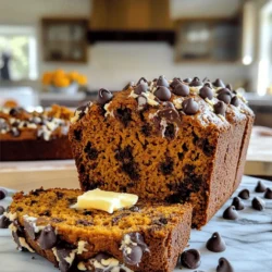 - 1¾ cups all-purpose flour - 1 teaspoon baking soda - ½ teaspoon baking powder - ½ teaspoon salt - 1 teaspoon ground cinnamon - ½ teaspoon ground nutmeg - ½ teaspoon ground ginger - 1 cup pure pumpkin puree - ½ cup brown sugar - ½ cup granulated sugar - ½ cup vegetable oil - 2 large eggs - 1 teaspoon vanilla extract - 1 cup semi-sweet chocolate chips - ½ cup chopped walnuts (optional) This recipe needs simple, common ingredients. You can find them at any store. First, the flour makes the bread hold together. Baking soda and baking powder give it lift. Salt enhances the flavors. The warm spices like cinnamon, nutmeg, and ginger add cozy flavors that remind us of fall. Pumpkin puree brings moisture and a rich taste. Brown sugar adds depth, while granulated sugar gives sweetness. Vegetable oil keeps the bread tender, and eggs help it rise and bind. Vanilla extract adds a lovely aroma. Semi-sweet chocolate chips bring sweetness and a fun texture. If you want extra crunch, add chopped walnuts. Gather these ingredients before you start. It makes the process smooth and fun! - Preheat and Prepare Start by preheating your oven to 350°F (175°C). Grease a 9x5-inch loaf pan and set it aside. This step helps the bread bake evenly. - Mix Dry Ingredients In a medium bowl, whisk together: - 1¾ cups all-purpose flour - 1 teaspoon baking soda - ½ teaspoon baking powder - ½ teaspoon salt - 1 teaspoon ground cinnamon - ½ teaspoon ground nutmeg - ½ teaspoon ground ginger Mix until all dry ingredients are well combined. - Combine Wet Ingredients In a large bowl, mix together: - 1 cup pure pumpkin puree - ½ cup brown sugar - ½ cup granulated sugar - ½ cup vegetable oil - 2 large eggs - 1 teaspoon vanilla extract Stir until the mixture is smooth and creamy. - Gradually Add Dry to Wet Slowly add the dry mix to the wet mix. Stir gently until just combined. Be careful not to overmix, as it can change the texture. - Fold in Chocolate Chips and Nuts Gently fold in: - 1 cup semi-sweet chocolate chips - ½ cup chopped walnuts (optional) Make sure they are evenly spread throughout the batter. - Pour Batter and Bake Pour the batter into your prepared loaf pan. Smooth the top with a spatula. Place it in the oven. - Check for Doneness Bake for 55-65 minutes. To check, insert a toothpick into the center. If it comes out clean, the bread is done. - Cooling Instructions Once baked, remove the loaf from the oven. Let it cool in the pan for 10 minutes. Then transfer it to a wire rack to cool completely. - Avoid Overmixing for Texture: When you mix the wet and dry ingredients, do it gently. Overmixing makes the bread tough. You want it soft and fluffy. Stir until just combined. - Smoothing the Batter: After pouring the batter into the pan, use a spatula to smooth the top. This helps it bake evenly. A smooth top gives a nice finish. - Adding Spices: If you want more flavor, add extra spices. A pinch of cloves or allspice adds warmth. You can also mix in some vanilla for sweetness. - Using Different Sugars: Swap granulated sugar for coconut sugar for a deeper taste. You can also try maple sugar for a hint of maple flavor. - Slicing Techniques: Use a serrated knife for clean slices. Cut the bread when it’s cool to avoid crumbling. Aim for thick slices for a hearty bite. - Serving Suggestions: Serve warm with butter or cream cheese. For a fun twist, top with a scoop of ice cream. Adding extra chocolate chips on top makes it look special. {{image_2}} Gluten-Free Options You can swap regular flour for gluten-free flour. Use a blend that works well in baking. This keeps the bread light and tasty. Dairy-Free Alternatives To make this recipe dairy-free, replace eggs with flax eggs. You can also use almond milk or coconut milk instead of regular milk. These options work well and still taste great. Add-ins like Dried Fruits Want more flavor? Add dried fruits like cranberries or raisins. They add a sweet bite and extra texture. Mix in about half a cup for a nice touch. Chocolate Chip Substitutes If you want a twist, try white chocolate chips or dark chocolate. These options bring a different taste to your bread. You can even use butterscotch chips for a fun change. Holiday Spices Add extra spices like cloves or allspice for a holiday vibe. Just a pinch can make a big difference. These spices bring warmth and richness to your bread. Using Other Seasonal Squashes You can also use butternut squash or acorn squash. They give a different flavor but still keep it moist. Just make sure to puree them like pumpkin for best results. Room Temperature Store your chocolate chip pumpkin bread at room temperature. Wrap it tightly in plastic wrap. This keeps it fresh for about three days. Place it in a cool, dry spot. Avoid areas with sunlight or moisture. Refrigeration Options If you want it to last longer, refrigerate it. Wrap the bread in plastic and then in aluminum foil. This method helps it stay fresh for up to a week. Just remember, it may lose some moisture in the fridge. How to Freeze Properly To freeze your bread, wait until it cools completely. Slice it, if you like. Wrap each slice tightly in plastic wrap. Then place the wrapped slices in a freezer bag. You can freeze it for up to three months. Thawing Instructions To thaw, take a slice out of the freezer. Leave it at room temperature for about an hour. For quicker thawing, you can use the microwave. Heat it for 15 to 20 seconds. This way, it stays soft and tasty. How Long It Lasts Chocolate chip pumpkin bread lasts three days at room temperature. In the fridge, it lasts up to a week. If you freeze it, it can last up to three months. Signs of Spoilage Check for mold or an off smell. If the bread feels dry or hard, it’s time to toss it. Always trust your senses. When in doubt, throw it out for safety. Can I use fresh pumpkin instead of canned? Yes, you can use fresh pumpkin. Just cook and puree it until smooth. Canned pumpkin is often easier and saves time. Both will give you great flavor. How can I make it more moist? To make the bread moist, add an extra egg or a bit more oil. You can also add yogurt or applesauce for extra moisture. Make sure not to overmix the batter, as that can dry it out. Can I use a different type of flour? Yes, you can use whole wheat flour or gluten-free flour. Keep in mind that different flours can change the texture. If using gluten-free flour, look for a blend that works well for baking. What can I serve with it? This bread pairs well with butter or cream cheese. You can also enjoy it with a cup of coffee or tea. For a fun twist, try serving it with a scoop of ice cream. How do I know when it's done? To check if the bread is done, insert a toothpick into the center. If it comes out clean or with a few crumbs, it's ready. If it has wet batter on it, bake a little longer. Is it suitable for vegan diets? To make it vegan, replace eggs with flax eggs or applesauce. Use plant-based oil and ensure that the chocolate chips are dairy-free. This way, you keep all the yummy flavors. How can I make a sugar-free version? For a sugar-free version, replace the sugars with a sugar substitute. Options like stevia or erythritol work well. However, keep in mind that sweetness levels may vary, so adjust as needed. In this blog post, we explored the key ingredients for a delicious pumpkin treat. You learned step-by-step methods to mix and bake the perfect loaf, plus tips for texture and flavor. We also discussed ways to adjust the recipe for dietary needs and seasonal tastes. Remember, with a few simple tweaks, you can make this dish your own. Enjoy your tasty creation and share it with friends or family. Happy baking!