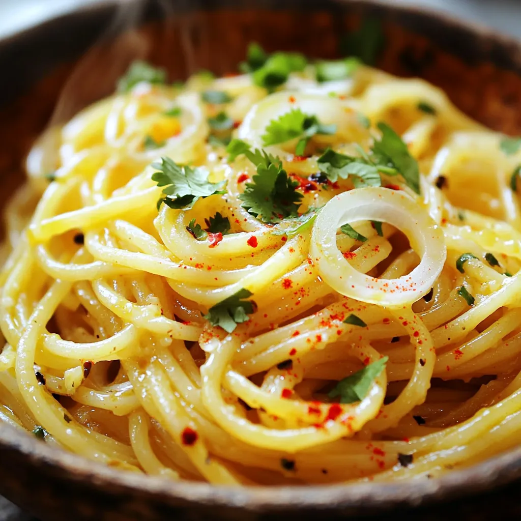 - 8 oz (225g) spaghetti or noodles - 4 tablespoons unsalted butter - 6 cloves minced garlic - 1 tablespoon fresh cilantro - Additional toppings Substitutions for butter and noodles If you want to cut back on dairy, you can use olive oil. This will still give you a rich flavor. For noodles, any pasta type works. Try whole wheat or gluten-free options if needed. Notes on adjusting spice levels To make it less spicy, reduce the red pepper flakes. You can use just a pinch or leave them out. If you want more heat, add more flakes or a splash of hot sauce at the end. To start, fill a large pot with water. Add salt to the water to enhance the noodle flavor. Use about 1-2 tablespoons of salt for every gallon of water. Bring the water to a rolling boil. Add 8 oz of spaghetti or your favorite noodles to the pot. Cook them according to the package instructions until they are al dente. This usually takes about 8-10 minutes. Stir the noodles occasionally to prevent sticking. Once cooked, drain the noodles in a colander. Remember to save about 1/2 cup of pasta water. This water helps keep the dish moist later. Next, grab a large skillet. Place it over medium heat. Add 4 tablespoons of unsalted butter to the skillet. Let it melt completely, but do not let it brown. Now, add 6 cloves of minced garlic and 1 teaspoon of red pepper flakes. Stir gently. Cook for about 1-2 minutes. The garlic should smell great but not burn. If it browns, start over. Burnt garlic tastes bitter. Time to bring it all together! Add the drained noodles to the skillet with the garlic butter. Use tongs to toss the noodles gently. This helps coat them evenly in the butter and garlic. Next, pour in 2 tablespoons of soy sauce and 1 tablespoon of sesame oil. Mix well. If the noodles seem dry, add some of the reserved pasta water. Add it slowly until you reach your desired sauce consistency. Finally, taste your dish and season with salt and pepper as needed. Add sliced green onions and cilantro for a fresh touch. To get the best noodles, check for doneness. You want them al dente, which means they should be firm but not hard. A simple test is to bite into one. If it has a slight chew, it's ready! Be sure to rinse the noodles after draining. This step removes excess starch and keeps them from sticking together. To make your dish even tastier, consider adding more spices. A pinch of garlic powder or some black pepper can give it an extra kick. Fresh herbs are also a great addition. Chopped basil or parsley can brighten the dish and add color. Even a squeeze of lemon can really enhance the flavors! Prep your ingredients before cooking. Measure out everything in advance to save time. This way, you can focus on cooking without scrambling. Try a one-pan approach for easy cleanup. Cook the noodles and sauce in the same pan. This saves time and reduces dishes, making your cooking experience smoother. {{image_2}} You can make these noodles even better by adding protein. Chicken, shrimp, or tofu work well. - Chicken: Cook bite-sized pieces in the skillet for 5-7 minutes. Make sure they reach 165°F. - Shrimp: Add shrimp to the skillet and cook for 3-4 minutes until pink and curled. - Tofu: Use firm tofu, cubed. Sauté for 5-6 minutes until golden brown. Adding protein not only boosts flavor but also makes your meal filling. Adding vegetables can make the dish colorful and healthy. Here are some ideas: - Bell Peppers: Slice and add them for sweetness. Sauté for 2-3 minutes. - Broccoli: Steam small florets for about 4 minutes before adding. - Spinach: Toss in fresh spinach at the end. It wilts quickly in the heat. These veggies not only add nutrients but also create a tasty contrast to the garlic butter. You can change the sauces to suit your taste. Here are a few options: - Chili Oil: Drizzle some chili oil for more heat. - Peanut Sauce: Stir in a few tablespoons for a nutty flavor. - Balsamic Vinegar: Add a splash for a tangy twist. Try different oils too. Olive oil or avocado oil can bring a fresh taste to the dish. When you have leftover Minute Spicy Garlic Butter Noodles, store them in an airtight container. This will keep the noodles fresh and tasty. Make sure to refrigerate them within two hours of cooking. Leftovers will last up to three days in the fridge. If you want to keep them longer, freezing is a great option. To reheat the noodles, you can use a skillet or microwave. If using a skillet, add a splash of water or broth. This helps to keep the noodles moist. Heat over low to medium heat, stirring gently. In the microwave, cover the container with a lid or a paper towel. Heat in short bursts, stirring in between to avoid hot spots. This way, you can keep the noodles from getting soggy. If you want to freeze the noodles, let them cool first. Then, place them in a freezer-safe container or a resealable bag. Remove as much air as possible to prevent freezer burn. The noodles can be frozen for up to three months. When you’re ready to eat, thaw them in the fridge overnight. Reheat them as mentioned above for the best taste. To make your noodles less spicy, you can adjust the red pepper flakes. Start with less than a teaspoon. You can also leave them out completely for a milder taste. If you want a different flavor without heat, try using a bit of lemon zest or herbs like basil. Yes, you can use many types of noodles! I suggest rice noodles, udon, or soba. Just remember, cooking times may vary. Check the package for the best cooking time. Follow the same steps, and your dish will still be great. These noodles are tasty on their own, but you can add some sides. A simple green salad pairs well. You might also enjoy steamed broccoli or roasted veggies. For drinks, try iced tea or a light beer. They complement the flavors nicely. This article covered how to make Minute Spicy Garlic Butter Noodles. We went through needed ingredients, easy steps, and helpful tips for the perfect dish. You can also explore fun variations and storage tricks. With the right techniques, you can impress yourself and others with this tasty recipe. Keep experimenting with flavors and ingredients to find what you love. Enjoy your cooking journey!