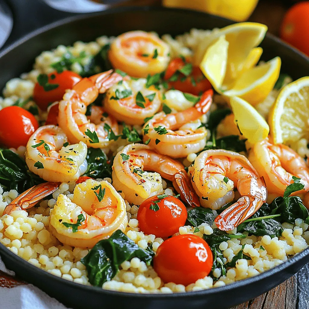 - 1 pound large shrimp, peeled and deveined - 1 cup couscous - 2 tablespoons unsalted butter - 4 cloves garlic, minced - 1/2 teaspoon red pepper flakes (optional) - Salt and pepper to taste - 1 cup cherry tomatoes, halved - 1 cup baby spinach - Fresh parsley, chopped, for garnish - Lemon wedges, for serving To create my Minute Garlic Butter Shrimp Couscous Skillet, you need fresh and simple ingredients. First, large shrimp is the star of the dish. They bring a sweet and briny flavor. Next, we use couscous, which cooks quickly and adds a delightful texture. Unsalted butter provides a rich base for our dish. Seasonings add depth. Garlic is a must for that amazing aroma and taste. Red pepper flakes add heat, but you can skip them if you prefer milder flavors. Don’t forget salt and pepper for seasoning; they enhance all the flavors. Now for the veggies! Cherry tomatoes add a burst of sweetness. Baby spinach brings in some color and nutrients. Finally, fresh parsley and lemon wedges elevate the dish, adding freshness and brightness. This mix of ingredients creates a lovely, balanced meal that you can make in just minutes. 1. Start by boiling 1 cup of vegetable broth or water in a medium pot. Use high heat to bring it to a full boil. 2. Once the liquid is boiling, add 1 cup of couscous. Stir it gently, then cover the pot and remove it from heat. 3. Let the couscous sit for 5 minutes. It will soak up all the liquid during this time. 4. After 5 minutes, use a fork to fluff the couscous. This step makes it light and fluffy. Set it aside for later. 1. In a large skillet, melt 2 tablespoons of unsalted butter over medium heat. Watch it carefully so it doesn’t burn. 2. Add 4 minced garlic cloves to the melted butter. If you like heat, add 1/2 teaspoon of red pepper flakes too. Stir for about 1 minute until it smells amazing. 3. Place 1 pound of peeled and deveined shrimp into the skillet. Season them with salt and pepper. Cook for 2-3 minutes on each side. 4. The shrimp are done when they turn pink and opaque. Remove them from the heat. 1. Add 1 cup of halved cherry tomatoes and 1 cup of baby spinach to the skillet with the shrimp. Stir them in well. 2. Cook for another 1-2 minutes. The spinach should wilt, and the tomatoes will soften just a bit. 3. Now, gently fold the cooked couscous into the skillet. Mix everything together until it’s heated through. 4. Taste and adjust the seasoning if needed. To ensure your shrimp are perfectly cooked, focus on timing. Cook them for just 2-3 minutes on each side. They should turn pink and opaque. If you overcook shrimp, they can become rubbery. For seasoning to taste, start with salt and pepper. You can add red pepper flakes for heat. Taste as you cook, and adjust the seasoning as needed. A squeeze of lemon juice at the end brightens the dish. For presentation ideas, serve the dish in shallow bowls. Add a sprinkle of fresh parsley and a lemon wedge on the side. This adds color and freshness to your meal. Drizzling some olive oil on top can enhance both flavor and look. Pair this dish with a simple green salad or steamed veggies. A light white wine, like Sauvignon Blanc, works well too. It complements the flavors of the shrimp and garlic butter. Prep ingredients in advance to save time. Chop the garlic and halve the tomatoes ahead of time. This way, you can cook without delays. Using frozen shrimp can speed up your meal prep. Just thaw them in cold water for about 15 minutes. This makes cooking quick and easy, while still delivering a delicious dish. {{image_2}} You can change up the protein in this dish easily. If you prefer chicken, just cut it into small pieces. Cook it the same way as the shrimp. It will taste great! For a vegetarian option, use tofu. Press and cube the tofu first. Sauté it until golden before adding garlic. This adds a nice texture and flavor. Want to boost the flavor? Try adding fresh herbs like basil or thyme. These herbs can bring new life to the dish. You can also add citrus zest. A bit of lemon or lime zest gives it a fresh zing. Just sprinkle it in at the end for a bright finish. If you want a different base, try quinoa or rice. Both work well and add unique textures. Quinoa is a great choice if you want more protein. For gluten-free options, use rice. It will fit perfectly and still taste amazing. Remember, you can mix and match grains to suit your needs! To keep your Minute Garlic Butter Shrimp Couscous Skillet fresh, store it in an airtight container. This helps prevent moisture and keeps it tasty. You can refrigerate it for up to three days. Just make sure it cools down a bit before sealing it up. If you want to save some for later, you can freeze leftover servings. Portion them into small containers or freezer bags. They will last about two months in the freezer. When you're ready to eat, thaw it in the fridge overnight. To reheat, warm it in a skillet over low heat. You can also use the microwave, stirring often. Prepping this dish for the week can save you time. Cook a big batch and divide it into portions. Store them in the fridge for easy meals. You can take one out each day or heat up two if you're hungry. This way, you can enjoy a healthy meal without spending too much time in the kitchen. You can use many grains instead of couscous. Here are some great options: - Quinoa - Orzo - Rice - Bulgur - Farro These grains offer different textures and flavors. Quinoa gives a nutty taste and is gluten-free. Orzo is pasta shaped like rice and cooks quickly. Rice is a classic option, but it may need more liquid. Bulgur cooks fast and has a chewy texture. Farro is hearty and adds a nice bite. Cooking shrimp is quick and easy. The time varies based on size: - Large shrimp: 2-3 minutes per side. - Medium shrimp: 1-2 minutes per side. - Small shrimp: 1 minute per side. You know shrimp is done when it turns pink and opaque. Don’t overcook them. They can become tough and rubbery. Yes, you can use frozen shrimp! Here are tips for using them: - Thaw shrimp overnight in the fridge. - For a quick thaw, place them in cold water for 15-20 minutes. - Pat them dry before cooking to avoid excess water. Frozen shrimp can save time and still taste great. Just ensure they are fully cooked and reach a safe temperature. This blog post covered a flavorful shrimp dish, starting with key ingredients like couscous and fresh veggies. I shared step-by-step cooking instructions to ensure your shrimp are perfect. You learned helpful tips for seasoning and serving, plus variations to suit your taste. Finally, I provided smart storage options to keep your meal fresh. Cooking can be simple and fun. Don’t hesitate to try new twists on this recipe. Enjoy your culinary journey!