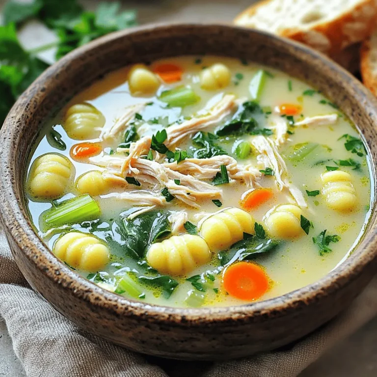 To make Slow Cooker Chicken Gnocchi Soup, you need simple and fresh ingredients. Here’s what you’ll need: - 1 pound boneless, skinless chicken breasts - 4 cups chicken broth - 1 cup carrots, diced - 1 cup celery, diced - 1 small onion, chopped - 3 cloves garlic, minced - 1 teaspoon dried thyme - 1 teaspoon dried oregano - 1 bay leaf - 2 cups baby spinach - 1 package (16 oz) gnocchi - 1 cup heavy cream - Salt and pepper to taste - Fresh parsley for garnish Each ingredient plays an important role in this cozy soup. The chicken provides protein, while the broth adds depth. Carrots and celery give it crunch. Onion and garlic bring out flavor. Thyme and oregano add warmth. Spinach makes it healthy, and the gnocchi makes it filling. Heavy cream gives a rich texture. For serving, sprinkle fresh parsley on top. It adds color and a fresh taste. You can serve the soup with crusty bread for dipping, too. Enjoy the comfort of this delightful soup! Start by layering the ingredients in your slow cooker. First, place one pound of boneless, skinless chicken breasts at the bottom. Next, add four cups of chicken broth for a rich base. Then, toss in one cup of diced carrots, one cup of diced celery, and one small chopped onion. Don’t forget the three cloves of minced garlic! For flavor, sprinkle in one teaspoon each of dried thyme and oregano, plus one bay leaf. Finish with salt and pepper to taste. Now, cover the slow cooker. You can cook on low for 6-7 hours or on high for 3-4 hours. The chicken should be fully cooked and tender when done. Once the cooking time is up, carefully remove the chicken from the slow cooker. Use two forks to shred the chicken into bite-sized pieces. Return the shredded chicken back into the slow cooker. Next, it's time to add the gnocchi. Pour in one package (16 oz) of gnocchi and two cups of baby spinach. Stir everything together gently. This is where the soup begins to take shape! Now, pour in one cup of heavy cream for that creamy finish. Stir until everything mixes well and cook on high for an additional 30 minutes. This will ensure the gnocchi gets tender and the flavors meld beautifully. When serving, ladle the soup into bowls. A sprinkle of chopped fresh parsley adds a lovely touch. For an extra treat, serve some crusty bread on the side. This soup is not just a meal; it’s a warm hug in a bowl. Enjoy every comforting sip! To make this soup shine, balance the seasonings well. Start with salt and pepper. Taste often and adjust. You can add more thyme or oregano for depth. A squeeze of lemon juice brightens the flavors too. To enhance the broth flavor, use good-quality chicken broth. Homemade broth packs more flavor than store-bought. You can also add a splash of white wine for an extra kick. Achieving the right consistency is key. You want a creamy soup, not too thick or thin. The heavy cream adds richness, so stir it in at the end. To avoid mushy gnocchi, add them in the last 30 minutes of cooking. They cook quickly, and this keeps them tender. If you add them too early, they might fall apart. One common mistake is overcooking the chicken. If you cook it too long, it can become dry. Cook just until tender, then shred it. Also, remember that slow cookers vary. If yours runs hot, check the soup sooner. Each slow cooker has different heat levels, so adjust as needed. {{image_2}} You can change the proteins in this soup. Instead of chicken, try turkey or tofu. Turkey gives a nice flavor, while tofu makes it vegan. Both options keep your soup tasty and filling. For vegetables, switch things up based on what you like. You can add peas for sweetness or bell peppers for crunch. Zucchini and corn also add great texture. Feel free to mix and match! If you want to skip dairy, you have options. Instead of heavy cream, use coconut milk. It gives a rich flavor without the dairy. Almond milk is another good choice. It keeps your soup light and tasty. To make a lighter version, reduce the cream. You can also add more broth or use a thicker vegetable puree. This way, you still get a creamy feel without all the calories. Using seasonal veggies makes this soup even better. In spring, toss in fresh asparagus or peas. In summer, add diced tomatoes or squash for a pop of color. In fall, consider sweet potatoes or kale, which add great flavor. Don’t forget to adjust your herbs! In winter, use hearty spices like rosemary. In spring and summer, fresh basil or dill can brighten your soup. These little changes make each bowl unique and full of flavor! To store your leftover soup, let it cool first. Once cooled, transfer it to an airtight container. This keeps the soup fresh and tasty. The soup lasts about three to four days in the fridge. Remember to label the container with the date you made the soup. This helps you track how long it’s been stored. You can freeze chicken gnocchi soup for longer storage. First, let the soup cool completely. Then, pour it into freezer-safe bags or containers. Remove as much air as you can to prevent freezer burn. This soup can last up to three months in the freezer. When you’re ready to eat it, thaw the soup overnight in the fridge. To reheat, pour the soup into a pot on the stove. Heat it over medium-low heat, stirring often. You can also microwave it in a bowl, but be sure to cover it. Heat it in short bursts to avoid hot spots. If the soup seems thick after freezing, add a bit of broth or water to bring it back to life. Enjoy your cozy bowl of soup any time! It takes about 15 minutes to prep the soup. After that, you cook it for 6-7 hours on low or 3-4 hours on high. The total time from start to finish is around 7 hours and 30 minutes. This includes cooking and prep time. The slow cooker does most of the work for you! Yes, you can make this soup in advance! It stores well in the fridge. Simply let it cool before placing it in an airtight container. It can last for 3-4 days. If you want to keep it longer, consider freezing it. Just remember to leave out the gnocchi when freezing. You can add it fresh when you reheat the soup. This soup is rich and filling. It pairs well with crusty bread for dipping. A simple side salad with greens also works great. You can add a little lemon juice for extra flavor. Cheese bread or garlic bread complements the soup nicely too! This blog post covers the essential steps to make a delicious slow cooker chicken gnocchi soup. We discussed key ingredients, cooking methods, and storage tips. Remember, you can adjust flavors and textures to suit your taste. Try using different proteins or seasonal vegetables for unique variations. With these tips, your soup will be perfect every time. Enjoy this simple yet satisfying dish that warms the heart. Happy cooking!