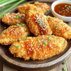 - 1 pound chicken tenders - 1/2 cup all-purpose flour - 1/2 teaspoon salt - 1 teaspoon garlic powder - 1/2 teaspoon black pepper - 1 large egg, beaten - 1 cup panko breadcrumbs - 1/4 cup sweet chili sauce - 1 tablespoon soy sauce - 1 teaspoon sesame oil - Green onions and sesame seeds for garnish For this recipe, you need simple yet flavorful ingredients. The chicken tenders form the base, providing a juicy and tender bite. The flour mix, made with salt, garlic powder, and black pepper, adds a savory layer that enhances the chicken's taste. When it comes to breading, the beaten egg acts as glue, helping the panko breadcrumbs stick. Panko is key here. It gives that extra crunch that makes these tenders shine. Next, the sauce brings everything together. Sweet chili sauce adds a sweet and spicy kick. The soy sauce and sesame oil deepen the flavor, making it rich and savory. Finally, garnish with green onions and sesame seeds for a touch of color and crunch. Make sure to gather these ingredients before you start cooking. Each plays a vital role in creating a tasty dish that you and your family will love. - Step 1: Coat with Flour Mix Start by mixing flour, garlic powder, salt, and black pepper in a big bowl. This mix gives flavor. Toss the chicken tenders in this mix until they are well coated. - Step 2: Set up Breading Station Now, create your breading station. Place a bowl with the beaten egg and another with panko breadcrumbs. This setup makes breading easy and fun. - Step 3: Coat with Egg and Breadcrumbs Take each floured chicken tender and dip it in the egg. Let the extra egg drip off. Next, roll it in the panko breadcrumbs, pressing lightly to make sure they stick. Repeat this with all the chicken tenders. - Step 4: Preheat Air Fryer Preheat your air fryer to 400°F (200°C). This step takes about 5 minutes. A hot air fryer gives the chicken a nice crisp. - Step 5: Arrange Chicken in Air Fryer Lightly spray the air fryer basket with cooking spray. Place the breaded chicken tenders in a single layer. Do not let them touch. This helps each tender cook evenly and stay crispy. - Step 6: Air Frying Process Cook the chicken for 10 minutes. At the halfway mark, flip the tenders. This step ensures they turn golden brown and cook all the way through. - Step 7: Mix Sauce Ingredients For the sauce, combine sweet chili sauce, soy sauce, and sesame oil in a small bowl. This mix adds the sweet and spicy flavor we love. - Step 8: Toss the Cooked Chicken Tenders Once the chicken is done, take it out of the air fryer. Toss the hot chicken tenders in the sauce until they are fully coated. - Step 9: Garnish and Serve Finally, sprinkle sesame seeds and chopped green onions over the chicken. Serve it on a platter with more sweet chili sauce on the side for dipping. Enjoy your flavor bomb! For the best flavor, marinate your chicken tenders for at least 30 minutes. This time allows the chicken to soak up the sweet chili sauce and spices. If you have more time, marinating for a few hours can deepen the flavor even more. Just remember to keep it in the fridge! To ensure even cooking and crispiness, do not overcrowd the air fryer basket. Arrange the chicken tenders in a single layer. This allows hot air to circulate around each piece, giving them that perfect golden crunch. Flip the tenders halfway through cooking. This step guarantees that both sides cook evenly. If you want to adjust the sweetness, add more sweet chili sauce. For a spicier kick, mix in a little hot sauce or red pepper flakes. You can also add a splash of lime juice for a tangy twist. Play around with the sauce until it fits your taste! {{image_2}} You can make your chicken tenders even more tasty. Try adding spices or herbs to the flour mix. Think about using paprika for heat or oregano for a fresh taste. You could mix in onion powder for sweetness, too. A dash of cayenne can add some zing. These small tweaks create a flavor bomb with every bite. Don’t feel limited to panko breadcrumbs. You can use other breadcrumb types to change the texture. Regular breadcrumbs give a fine crunch. Crushed cornflakes add a fun crunch, while crushed nuts can give a unique taste. Try each option to find your favorite. Each coating brings its own charm to the dish. You can make your own sweet chili sauce at home. Just mix equal parts sugar and vinegar, then add chili flakes for heat. Cook it on low heat until it thickens slightly. This sauce can give your tenders a fresh twist. You can also add garlic or ginger for extra flavor. Experimenting with sauces will keep your meals exciting. To keep your chicken tenders fresh, store them in an airtight container. Make sure they cool down to room temperature first. This prevents moisture from building up. Place them in the fridge. They will stay good for up to three days. If you want to keep them longer, consider freezing. For the best taste, reheat the tenders in the air fryer. Set the air fryer to 350°F (175°C). Place the chicken in the basket in a single layer. Heat for about 5 to 7 minutes. This keeps them crispy and warm. You can also use an oven. Just bake at 350°F for about 10 minutes. To freeze, first, let the chicken tenders cool completely. Wrap each tender in plastic wrap. Then, place them in a freezer bag. Remove as much air as possible. They will keep well for up to three months. When ready to eat, thaw in the fridge overnight. Reheat as mentioned above for the best results. Yes, you can use chicken breasts. Just cut them into strips. This helps them cook evenly. Make sure the strips are about the same size as tenders. This way, they fry nicely. You may need to adjust cooking time. Thicker pieces may take longer to cook. For chicken tenders, cook them for 10 minutes at 400°F (200°C). If your tenders are thicker, check them at 12 minutes. Flip the tenders halfway through cooking for even browning. Always check that the internal temperature reaches 165°F (75°C) for safe eating. You can serve these tenders with many sides. Here are some great options: - Steamed rice - Crispy fries - Fresh salad - Veggie sticks with dip - Sweet chili sauce for extra flavor These sides will make your meal complete and fun! In this post, we explored how to make tasty sweet chili chicken tenders. You learned about the main ingredients, from chicken to panko breadcrumbs. I shared steps to prepare, bread, and cook the chicken perfectly. We also discussed tips for marinating and cooking. Lastly, I provided storage and reheating advice. With these details, you can create a delicious meal. Enjoy experimenting with flavors and find what you love!