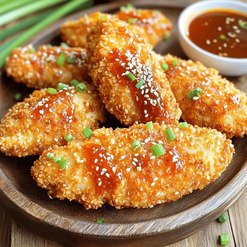 - 1 pound chicken tenders - 1/2 cup all-purpose flour - 1/2 teaspoon salt - 1 teaspoon garlic powder - 1/2 teaspoon black pepper - 1 large egg, beaten - 1 cup panko breadcrumbs - 1/4 cup sweet chili sauce - 1 tablespoon soy sauce - 1 teaspoon sesame oil - Green onions and sesame seeds for garnish For this recipe, you need simple yet flavorful ingredients. The chicken tenders form the base, providing a juicy and tender bite. The flour mix, made with salt, garlic powder, and black pepper, adds a savory layer that enhances the chicken's taste. When it comes to breading, the beaten egg acts as glue, helping the panko breadcrumbs stick. Panko is key here. It gives that extra crunch that makes these tenders shine. Next, the sauce brings everything together. Sweet chili sauce adds a sweet and spicy kick. The soy sauce and sesame oil deepen the flavor, making it rich and savory. Finally, garnish with green onions and sesame seeds for a touch of color and crunch. Make sure to gather these ingredients before you start cooking. Each plays a vital role in creating a tasty dish that you and your family will love. - Step 1: Coat with Flour Mix Start by mixing flour, garlic powder, salt, and black pepper in a big bowl. This mix gives flavor. Toss the chicken tenders in this mix until they are well coated. - Step 2: Set up Breading Station Now, create your breading station. Place a bowl with the beaten egg and another with panko breadcrumbs. This setup makes breading easy and fun. - Step 3: Coat with Egg and Breadcrumbs Take each floured chicken tender and dip it in the egg. Let the extra egg drip off. Next, roll it in the panko breadcrumbs, pressing lightly to make sure they stick. Repeat this with all the chicken tenders. - Step 4: Preheat Air Fryer Preheat your air fryer to 400°F (200°C). This step takes about 5 minutes. A hot air fryer gives the chicken a nice crisp. - Step 5: Arrange Chicken in Air Fryer Lightly spray the air fryer basket with cooking spray. Place the breaded chicken tenders in a single layer. Do not let them touch. This helps each tender cook evenly and stay crispy. - Step 6: Air Frying Process Cook the chicken for 10 minutes. At the halfway mark, flip the tenders. This step ensures they turn golden brown and cook all the way through. - Step 7: Mix Sauce Ingredients For the sauce, combine sweet chili sauce, soy sauce, and sesame oil in a small bowl. This mix adds the sweet and spicy flavor we love. - Step 8: Toss the Cooked Chicken Tenders Once the chicken is done, take it out of the air fryer. Toss the hot chicken tenders in the sauce until they are fully coated. - Step 9: Garnish and Serve Finally, sprinkle sesame seeds and chopped green onions over the chicken. Serve it on a platter with more sweet chili sauce on the side for dipping. Enjoy your flavor bomb! For the best flavor, marinate your chicken tenders for at least 30 minutes. This time allows the chicken to soak up the sweet chili sauce and spices. If you have more time, marinating for a few hours can deepen the flavor even more. Just remember to keep it in the fridge! To ensure even cooking and crispiness, do not overcrowd the air fryer basket. Arrange the chicken tenders in a single layer. This allows hot air to circulate around each piece, giving them that perfect golden crunch. Flip the tenders halfway through cooking. This step guarantees that both sides cook evenly. If you want to adjust the sweetness, add more sweet chili sauce. For a spicier kick, mix in a little hot sauce or red pepper flakes. You can also add a splash of lime juice for a tangy twist. Play around with the sauce until it fits your taste! {{image_2}} You can make your chicken tenders even more tasty. Try adding spices or herbs to the flour mix. Think about using paprika for heat or oregano for a fresh taste. You could mix in onion powder for sweetness, too. A dash of cayenne can add some zing. These small tweaks create a flavor bomb with every bite. Don’t feel limited to panko breadcrumbs. You can use other breadcrumb types to change the texture. Regular breadcrumbs give a fine crunch. Crushed cornflakes add a fun crunch, while crushed nuts can give a unique taste. Try each option to find your favorite. Each coating brings its own charm to the dish. You can make your own sweet chili sauce at home. Just mix equal parts sugar and vinegar, then add chili flakes for heat. Cook it on low heat until it thickens slightly. This sauce can give your tenders a fresh twist. You can also add garlic or ginger for extra flavor. Experimenting with sauces will keep your meals exciting. To keep your chicken tenders fresh, store them in an airtight container. Make sure they cool down to room temperature first. This prevents moisture from building up. Place them in the fridge. They will stay good for up to three days. If you want to keep them longer, consider freezing. For the best taste, reheat the tenders in the air fryer. Set the air fryer to 350°F (175°C). Place the chicken in the basket in a single layer. Heat for about 5 to 7 minutes. This keeps them crispy and warm. You can also use an oven. Just bake at 350°F for about 10 minutes. To freeze, first, let the chicken tenders cool completely. Wrap each tender in plastic wrap. Then, place them in a freezer bag. Remove as much air as possible. They will keep well for up to three months. When ready to eat, thaw in the fridge overnight. Reheat as mentioned above for the best results. Yes, you can use chicken breasts. Just cut them into strips. This helps them cook evenly. Make sure the strips are about the same size as tenders. This way, they fry nicely. You may need to adjust cooking time. Thicker pieces may take longer to cook. For chicken tenders, cook them for 10 minutes at 400°F (200°C). If your tenders are thicker, check them at 12 minutes. Flip the tenders halfway through cooking for even browning. Always check that the internal temperature reaches 165°F (75°C) for safe eating. You can serve these tenders with many sides. Here are some great options: - Steamed rice - Crispy fries - Fresh salad - Veggie sticks with dip - Sweet chili sauce for extra flavor These sides will make your meal complete and fun! In this post, we explored how to make tasty sweet chili chicken tenders. You learned about the main ingredients, from chicken to panko breadcrumbs. I shared steps to prepare, bread, and cook the chicken perfectly. We also discussed tips for marinating and cooking. Lastly, I provided storage and reheating advice. With these details, you can create a delicious meal. Enjoy experimenting with flavors and find what you love!