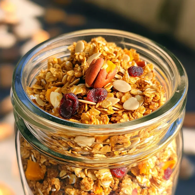 To make pumpkin spice granola, you will need the following simple ingredients: - 2 cups rolled oats - 1 cup pumpkin puree - 1/2 cup honey or maple syrup - 1/2 cup chopped almonds - 1/2 cup chopped pecans - 1/4 cup sunflower seeds - 1/4 cup flaxseeds - 2 teaspoons pumpkin pie spice - 1 teaspoon vanilla extract - 1/2 teaspoon salt - 1/2 cup raisins or cranberries (optional) These ingredients come together to create a warm and cozy flavor. The oats provide a hearty base. Pumpkin puree adds moisture and a rich taste. Honey or maple syrup gives sweetness. Nuts and seeds add crunch and nutrition. Pumpkin pie spice brings the essence of fall, while vanilla enhances flavor. You can customize your granola by adding dried fruits or different nuts. This recipe is flexible. Enjoy making it your own! - Preheat your oven to 350°F (175°C). Line a baking sheet with parchment paper. - In a large mixing bowl, combine: - 2 cups rolled oats - 1/2 cup chopped almonds - 1/2 cup chopped pecans - 1/4 cup sunflower seeds - 1/4 cup flaxseeds - 2 teaspoons pumpkin pie spice - 1/2 teaspoon salt. Stir until everything is mixed well. - In another bowl, mix together: - 1 cup pumpkin puree - 1/2 cup honey or maple syrup - 1 teaspoon vanilla extract. Whisk until smooth. - Pour the pumpkin mix into the dry ingredients. Stir until all the oats and nuts are well coated. - Spread the granola mixture evenly on the prepared baking sheet. - Bake for 25-30 minutes. Stir halfway through for even baking. Look for a golden color and a nice smell. - After baking, remove the sheet from the oven. Let the granola cool completely on the baking sheet. This cooling step helps it become crunchy. - Once cooled, feel free to add in 1/2 cup raisins or cranberries if you like. Mix well. - Transfer the granola to an airtight container for storage. Enjoy your tasty treat! To get that perfect crunch, here are a few tips. First, make sure to spread the granola in a thin layer. This helps it bake evenly. Stir the granola halfway through baking to ensure it browns nicely. Keep an eye on it, as ovens can vary. You want it golden, not burnt! Cooling time is key. Once you take it out of the oven, do not rush to move it. Let it cool on the baking sheet. This helps it harden and become crunchy. If you break it apart too soon, it may stay soft. You can change the nuts if you like. Try walnuts or pecans instead of almonds. You can also swap honey for agave syrup or maple syrup. These changes can give your granola a new flavor. Want to boost nutrition? Add spices like cinnamon or nutmeg for extra warmth. You can also mix in superfoods like chia seeds or pumpkin seeds. These additions make your granola even healthier and more fun! {{image_2}} You can make your pumpkin spice granola even more fun by adding seasonal flavors. Dried fruits like apples or apricots bring a sweet touch. They also add chewy texture, which is nice against the crunch of the nuts. Just chop them into small pieces and mix them in before baking. You can also play with spices. Nutmeg or cinnamon adds warmth. Just a pinch can change the taste. Mix these spices in with the pumpkin pie spice. This way, you create a blend that feels cozy and festive. If you need to follow a special diet, there are easy ways to adapt this recipe. For gluten-free granola, use certified gluten-free rolled oats. This small change keeps the taste while making it safe for gluten-sensitive eaters. For a vegan option, switch honey with maple syrup. You can also use agave syrup if you want. These swaps keep the granola sweet and delicious without using animal products. Enjoy your breakfast knowing it fits your diet! To keep your pumpkin spice granola fresh, use airtight containers. Glass jars or plastic bins work well. Avoid containers that let air in. This helps keep the granola crunchy and tasty. Store the granola in a cool, dry place away from sunlight. When stored at room temperature, your granola lasts about two weeks. If you put it in the fridge, it can last up to a month. Look for signs of spoilage. If it smells off or tastes stale, it’s time to toss it. Always trust your senses to keep your breakfast treat safe and delicious. How to make pumpkin spice granola vegan? To make pumpkin spice granola vegan, swap honey for maple syrup. This keeps the sweetness without using animal products. You can also ensure all nuts and seeds are raw. Can I use rolled quinoa instead of oats? Yes, you can use rolled quinoa instead of oats. Quinoa adds a nice crunch and is gluten-free. Just remember to adjust the liquid slightly since quinoa absorbs more moisture than oats. What are the health benefits of pumpkin spice ingredients? Pumpkin spice ingredients offer many health benefits. Pumpkin is rich in vitamins A and C. It also has fiber which aids digestion. Nuts provide healthy fats and protein, while flaxseeds are high in omega-3s. Is it possible to bake this granola in a dehydrator? Yes, you can use a dehydrator to make this granola. Spread the mixture evenly on dehydrator trays. Set the temperature to 115°F (46°C) for 6-8 hours. This keeps it raw and retains nutrients. Can I freeze pumpkin spice granola? You can freeze pumpkin spice granola. Place it in an airtight container or freezer bag. It can last up to three months in the freezer. Thaw it in the fridge before enjoying. You now have a complete guide to making delicious pumpkin spice granola. We covered the key ingredients, easy steps to make it, and tips for the perfect crunch. You can customize your granola with different nuts and spices to fit your taste. Plus, we discussed how to store it for long-lasting freshness. Enjoy it as a snack or breakfast, knowing it’s both tasty and healthy. Dive into this fun cooking project and enjoy the rewards of your efforts!