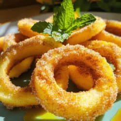 - 2 large apples (Fuji or Honeycrisp recommended) - 1 cup all-purpose flour - 1 teaspoon baking powder - 1 teaspoon cinnamon - ½ teaspoon salt - 1 large egg, beaten - ½ cup milk (dairy or non-dairy) - ½ cup granulated sugar (for coating) - 2 teaspoons cinnamon (for coating) - Cooking spray You need the right apples for this recipe. I love using Fuji or Honeycrisp apples. They are sweet and crisp, perfect for frying. Next, gather the flour, baking powder, and cinnamon. The flour gives a nice coating, while baking powder helps with the crispness. Don’t forget the salt; it makes all the flavors pop. Now, grab an egg and some milk. The egg helps bind everything together, and the milk keeps the batter moist. For the sweet coating, you’ll mix sugar with more cinnamon. This gives each apple ring that tasty, sweet crunch. - Honey or maple syrup - Fresh mint leaves Garnishes add flair to your dish. Drizzling honey or maple syrup makes it sweeter. Add fresh mint leaves for a nice touch of green. These garnishes enhance the look and taste. - Fuji - Honeycrisp Fuji and Honeycrisp are my favorites. They balance sweetness and crunch. You can choose other apples, but these two work best for air frying. They hold their shape well and cook evenly. - Preheat air fryer to 350°F (175°C) - Wash and core the apples, slicing them into rings Start by preheating your air fryer to 350°F. This step is key for that crispy texture. Next, wash your apples well. I like using Fuji or Honeycrisp for their sweet and tart balance. Core the apples and slice them into rings, about ½ inch thick. You can keep the skin on for more flavor and nutrients. - Combine dry ingredients in a medium bowl - Whisk together wet ingredients in another bowl In a medium bowl, combine the flour, baking powder, 1 teaspoon of cinnamon, and salt. Mix well with a spoon. In another bowl, whisk the beaten egg and milk until they blend smoothly. This will help the batter stick to the apple rings. - Dip rings in the wet mixture and coat with the dry mix - Arrange the coated rings in the air fryer basket Now, take each apple ring and dip it into the wet mixture. Let any extra batter drip off. Then, coat the ring with the dry flour mix. Ensure each ring is evenly covered. Place the coated rings in a single layer in the air fryer basket. Avoid overlapping to ensure even cooking. A light spray of cooking spray helps them turn golden brown. - Air fry for 10 minutes, flipping halfway through - Check for golden brown and crisp texture Air fry the apple rings for 10 minutes. Flip them halfway through for even cooking. Keep an eye out for a golden brown color and a crisp texture. This is when they are ready to come out and be tossed in the cinnamon sugar mix. Enjoy the sweet smell that fills your kitchen! To make your apple rings crispy, use cooking spray. A light coat helps them brown well. It also keeps them from sticking to the air fryer basket. Layer the apple rings evenly in the basket. Overlapping can lead to soggy spots. A single layer lets hot air flow and gives you that perfect crunch. Want to take your flavor to the next level? Try adding ground nutmeg or a splash of vanilla extract to your batter. These small changes can make a big difference in taste. You can also experiment with different types of sugar. For a twist, use brown sugar or coconut sugar instead of granulated sugar. Each choice adds its own unique flavor. Think about toppings when you serve your apple rings. Drizzle honey or maple syrup over them for added sweetness. Fresh mint leaves can add a nice touch to the plate. You might also present them on a colorful plate for that wow factor. Get creative with how you show off your delicious cinnamon sugar apple rings! {{image_2}} You can switch up the fruit in this recipe. Here are two great options: - Pear rings: Pears have a soft texture and sweet taste. They work well with cinnamon sugar. - Pineapple rings: Pineapple adds a tropical flavor. Their juicy sweetness makes for a tasty treat. Using these fruits can give you a new twist on the classic recipe. Each fruit brings its own flavor, making it fun to explore! If you need a gluten-free option, it's easy to adapt. Here’s how: - Almond flour: This nut-based flour adds a nice taste and is gluten-free. - Gluten-free flour blends: Many store-bought blends work great. Check labels to ensure they are gluten-free. These options keep the crunch and flavor of your apple rings while meeting dietary needs. You might want a lighter treat. Here are two ways to make your apple rings healthier: - Reduce sugar: Use less granulated sugar, or try natural sweeteners like honey or maple syrup. - Air frying without batter: Skip the flour coating. Just slice the apples, toss them in cinnamon, and air fry. These methods help lower calories while still tasting great. You can enjoy the cinnamon flavor without the extra guilt! To keep your apple rings crispy, first let them cool completely. Place them in an airtight container. A single layer works best. If you stack them, add parchment paper between layers. This helps prevent them from getting soggy. You can also use a wire rack for cooling before storage. The best way to reheat apple rings is in the air fryer. Set it to 350°F (175°C). Place the rings in a single layer in the basket. Heat for about 3-5 minutes. This keeps them crispy and warm. Avoid reheating in the microwave, as it can make them soft. Stored properly, these apple rings last for about 3 days in the fridge. For longer storage, you can freeze them. They can stay in the freezer for up to 2 months. Just make sure to use an airtight bag or container. When ready to eat, just reheat in the air fryer! Yes, you can use other apple types. Some great choices include Granny Smith, Gala, or Braeburn. These apples also hold up well when cooked. They add a nice balance of sweetness and tartness. Fuji and Honeycrisp are my top picks for a reason. They are juicy and crisp, perfect for frying. To keep your apple rings crispy, store them in an airtight container. Place a paper towel inside to absorb moisture. If you plan to eat them later, avoid stacking them. This helps maintain their texture. You can reheat them in the air fryer for a few minutes to restore crispness. Absolutely! You can bake them in a regular oven. Preheat your oven to 375°F (190°C). Arrange the apple rings on a baking sheet lined with parchment paper. Bake for about 15-20 minutes, flipping halfway. Keep an eye on them to ensure they don’t burn. You can also pan-fry them in a skillet over medium heat, flipping until golden brown. This blog post showed you how to make crispy apple rings using an air fryer. You learned about the ingredients, step-by-step instructions, and tips for the best results. Making these rings is easy and fun. You can also try different fruits or cooking methods. Enjoy your tasty snack with fun toppings, and remember to store leftovers correctly. With these tips, you can create a delightful treat anytime. Keep experimenting and enjoy your cooking adventure!