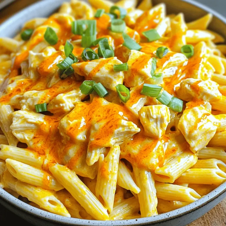 - 2 cups cooked pasta (penne or rigatoni) - 1 lb boneless, skinless chicken breasts, diced - 1 cup buffalo sauce - 1 cup cream cheese, softened - 1 cup shredded sharp cheddar cheese - 1/2 cup ranch dressing - 1/4 cup green onions, chopped (for garnish) - 2 tablespoons olive oil - Salt and pepper to taste To make Cheesy Buffalo Chicken Pasta, you need simple ingredients that pack a punch. Start with two cups of cooked pasta. I prefer penne or rigatoni because they hold sauce well. Next, take a pound of boneless, skinless chicken breasts. Dice them into small pieces for even cooking. Buffalo sauce adds the heat and flavor. Use one cup, but feel free to adjust this based on how spicy you like your food. For creaminess, use one cup of softened cream cheese. This will help bind the sauce and pasta together. Don't forget the cheese! You need one cup of shredded sharp cheddar cheese. This gives the dish a rich, cheesy flavor. For a cool touch, add half a cup of ranch dressing. To finish, you'll want a quarter cup of chopped green onions for garnish. They add a nice crunch and freshness. Don’t skip the two tablespoons of olive oil for cooking the chicken. Lastly, season with salt and pepper to taste. Gathering these ingredients makes the process easy and fun! First, grab a large pot. Fill it with water and add a pinch of salt. Bring the water to a boil over high heat. Once it boils, add 2 cups of your favorite pasta like penne or rigatoni. Cook the pasta according to the package directions until it is al dente, usually around 8 to 10 minutes. After that, drain the pasta in a colander and set it aside for later. While the pasta cooks, take a large skillet and heat 2 tablespoons of olive oil over medium heat. Once the oil is hot, add 1 pound of diced chicken breasts. Season the chicken with salt and pepper to taste. Cook the chicken for about 6 to 8 minutes. You want it to be browned and fully cooked. Keep stirring it to make sure it cooks evenly. Now it's time to bring everything together. Pour in 1 cup of buffalo sauce over the chicken. Stir it well and let it cook for another 2 to 3 minutes. The chicken should be well-coated in the sauce. Next, lower the heat. Add 1 cup of softened cream cheese to the skillet. Stir it continuously until it melts and blends well with the chicken and sauce. Once it’s creamy, mix in 1 cup of shredded sharp cheddar cheese and 1/2 cup of ranch dressing. Stir until the cheese melts completely. Finally, fold in the drained pasta. Make sure every piece of pasta gets coated in that tasty buffalo sauce. Taste it and adjust the seasoning if you need to. To make your Cheesy Buffalo Chicken Pasta just right, tweak the buffalo sauce. If you like it spicy, use more sauce. For a milder taste, reduce the amount. You can even mix hot and mild sauces for a balanced heat. To boost flavor, add garlic powder and onion powder. A pinch of smoked paprika gives a nice twist. Fresh herbs like parsley or cilantro can also brighten the dish. To ensure perfect pasta, cook it until it’s al dente. This means it should be firm, not mushy. Follow the package instructions closely. After cooking, drain the pasta and set it aside. When melting cream cheese, cut it into small chunks. This helps it blend smoothly. Stir it in slowly over low heat. Keep stirring until it melts and mixes well with the buffalo sauce. Serve your Cheesy Buffalo Chicken Pasta in a large bowl for family style. For individual plates, drizzle extra buffalo sauce on top. This adds a pop of color and flavor. Garnish with chopped green onions for a fresh look. You can also add a sprinkle of shredded cheese on top. For a crunchy side, serve with celery sticks. They add a nice crunch and contrast to the creamy pasta. {{image_2}} You can change the protein in this dish. Instead of chicken, use rotisserie chicken for a quick fix. You can also try tofu if you want a vegetarian option. Both will blend well with the buffalo sauce. For cheese, swap in mozzarella or gouda for a different taste. You can also mix in some pepper jack for an extra kick. Each choice brings a new flavor twist to your pasta. If you want a vegetarian meal, simply use tofu or chickpeas instead of chicken. For a vegan option, choose dairy-free cream cheese and cheese. This makes it easy to enjoy without meat or dairy. If gluten is a concern, use gluten-free pasta. Quinoa or brown rice pasta works well. These options keep the dish tasty while meeting dietary needs. You can make this meal in an Instant Pot for a faster meal. Just sauté the chicken first, then add your other ingredients. Cook on high for about 10 minutes. For a slow cooker, add raw chicken and all other ingredients. Cook on low for 4-6 hours. This gives you a rich, deep flavor. If you want a cheesy casserole, bake it. After mixing everything, place it in a baking dish. Top with extra cheese and bake at 350°F for 20 minutes. This makes a gooey and bubbly dish that everyone will love. To keep your delicious Cheesy Buffalo Chicken Pasta fresh, use an airtight container. Let the pasta cool before sealing it. Store it in the fridge for up to three days. This will help keep the flavors intact. When you are ready to enjoy leftovers, reheat them in a skillet over low heat. Add a splash of milk or water to keep it creamy. Stir often to avoid burning. You can also use the microwave. Heat in short bursts, stirring in between, until warm. If you want to freeze the dish, use a freezer-safe container. Let it cool completely before sealing. It can last for up to three months in the freezer. To thaw, move it to the fridge overnight. For reheating, use the skillet method. Add a bit of liquid to revive the creamy texture. For Cheesy Buffalo Chicken Pasta, I recommend using penne or rigatoni. These pasta types hold the sauce well, giving you a tasty bite every time. You want pasta that can catch all that cheesy goodness. Other options like fusilli also work, but stick to short shapes for best results. Yes, you can make this dish ahead of time! Cook the pasta and chicken, then mix them with the sauce. Store it in the fridge for up to two days. When you're ready to eat, just reheat it on the stove. Add a splash of buffalo sauce if needed to freshen it up. To make Cheesy Buffalo Chicken Pasta less spicy, use less buffalo sauce. You can also mix in some cream cheese or ranch dressing to tone down the heat. Another option is to choose a milder buffalo sauce. This way, you can enjoy the flavor without the burn! This blog post detailed how to make tasty Cheesy Buffalo Chicken Pasta. We covered key ingredients, step-by-step cooking instructions, and smart tips to enhance flavor. You learned about ingredient swaps and dietary adjustments to fit your needs. Lastly, I shared how to store and reheat leftovers effectively. Now, you’re ready to create a delicious meal that everyone will enjoy. Don't hesitate to try new variations. Your kitchen adventures start now!