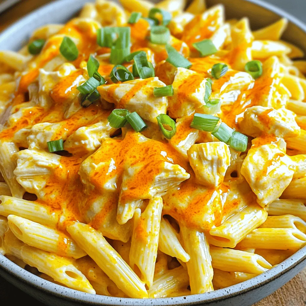 - 2 cups cooked pasta (penne or rigatoni) - 1 lb boneless, skinless chicken breasts, diced - 1 cup buffalo sauce - 1 cup cream cheese, softened - 1 cup shredded sharp cheddar cheese - 1/2 cup ranch dressing - 1/4 cup green onions, chopped (for garnish) - 2 tablespoons olive oil - Salt and pepper to taste To make Cheesy Buffalo Chicken Pasta, you need simple ingredients that pack a punch. Start with two cups of cooked pasta. I prefer penne or rigatoni because they hold sauce well. Next, take a pound of boneless, skinless chicken breasts. Dice them into small pieces for even cooking. Buffalo sauce adds the heat and flavor. Use one cup, but feel free to adjust this based on how spicy you like your food. For creaminess, use one cup of softened cream cheese. This will help bind the sauce and pasta together. Don't forget the cheese! You need one cup of shredded sharp cheddar cheese. This gives the dish a rich, cheesy flavor. For a cool touch, add half a cup of ranch dressing. To finish, you'll want a quarter cup of chopped green onions for garnish. They add a nice crunch and freshness. Don’t skip the two tablespoons of olive oil for cooking the chicken. Lastly, season with salt and pepper to taste. Gathering these ingredients makes the process easy and fun! First, grab a large pot. Fill it with water and add a pinch of salt. Bring the water to a boil over high heat. Once it boils, add 2 cups of your favorite pasta like penne or rigatoni. Cook the pasta according to the package directions until it is al dente, usually around 8 to 10 minutes. After that, drain the pasta in a colander and set it aside for later. While the pasta cooks, take a large skillet and heat 2 tablespoons of olive oil over medium heat. Once the oil is hot, add 1 pound of diced chicken breasts. Season the chicken with salt and pepper to taste. Cook the chicken for about 6 to 8 minutes. You want it to be browned and fully cooked. Keep stirring it to make sure it cooks evenly. Now it's time to bring everything together. Pour in 1 cup of buffalo sauce over the chicken. Stir it well and let it cook for another 2 to 3 minutes. The chicken should be well-coated in the sauce. Next, lower the heat. Add 1 cup of softened cream cheese to the skillet. Stir it continuously until it melts and blends well with the chicken and sauce. Once it’s creamy, mix in 1 cup of shredded sharp cheddar cheese and 1/2 cup of ranch dressing. Stir until the cheese melts completely. Finally, fold in the drained pasta. Make sure every piece of pasta gets coated in that tasty buffalo sauce. Taste it and adjust the seasoning if you need to. To make your Cheesy Buffalo Chicken Pasta just right, tweak the buffalo sauce. If you like it spicy, use more sauce. For a milder taste, reduce the amount. You can even mix hot and mild sauces for a balanced heat. To boost flavor, add garlic powder and onion powder. A pinch of smoked paprika gives a nice twist. Fresh herbs like parsley or cilantro can also brighten the dish. To ensure perfect pasta, cook it until it’s al dente. This means it should be firm, not mushy. Follow the package instructions closely. After cooking, drain the pasta and set it aside. When melting cream cheese, cut it into small chunks. This helps it blend smoothly. Stir it in slowly over low heat. Keep stirring until it melts and mixes well with the buffalo sauce. Serve your Cheesy Buffalo Chicken Pasta in a large bowl for family style. For individual plates, drizzle extra buffalo sauce on top. This adds a pop of color and flavor. Garnish with chopped green onions for a fresh look. You can also add a sprinkle of shredded cheese on top. For a crunchy side, serve with celery sticks. They add a nice crunch and contrast to the creamy pasta. {{image_2}} You can change the protein in this dish. Instead of chicken, use rotisserie chicken for a quick fix. You can also try tofu if you want a vegetarian option. Both will blend well with the buffalo sauce. For cheese, swap in mozzarella or gouda for a different taste. You can also mix in some pepper jack for an extra kick. Each choice brings a new flavor twist to your pasta. If you want a vegetarian meal, simply use tofu or chickpeas instead of chicken. For a vegan option, choose dairy-free cream cheese and cheese. This makes it easy to enjoy without meat or dairy. If gluten is a concern, use gluten-free pasta. Quinoa or brown rice pasta works well. These options keep the dish tasty while meeting dietary needs. You can make this meal in an Instant Pot for a faster meal. Just sauté the chicken first, then add your other ingredients. Cook on high for about 10 minutes. For a slow cooker, add raw chicken and all other ingredients. Cook on low for 4-6 hours. This gives you a rich, deep flavor. If you want a cheesy casserole, bake it. After mixing everything, place it in a baking dish. Top with extra cheese and bake at 350°F for 20 minutes. This makes a gooey and bubbly dish that everyone will love. To keep your delicious Cheesy Buffalo Chicken Pasta fresh, use an airtight container. Let the pasta cool before sealing it. Store it in the fridge for up to three days. This will help keep the flavors intact. When you are ready to enjoy leftovers, reheat them in a skillet over low heat. Add a splash of milk or water to keep it creamy. Stir often to avoid burning. You can also use the microwave. Heat in short bursts, stirring in between, until warm. If you want to freeze the dish, use a freezer-safe container. Let it cool completely before sealing. It can last for up to three months in the freezer. To thaw, move it to the fridge overnight. For reheating, use the skillet method. Add a bit of liquid to revive the creamy texture. For Cheesy Buffalo Chicken Pasta, I recommend using penne or rigatoni. These pasta types hold the sauce well, giving you a tasty bite every time. You want pasta that can catch all that cheesy goodness. Other options like fusilli also work, but stick to short shapes for best results. Yes, you can make this dish ahead of time! Cook the pasta and chicken, then mix them with the sauce. Store it in the fridge for up to two days. When you're ready to eat, just reheat it on the stove. Add a splash of buffalo sauce if needed to freshen it up. To make Cheesy Buffalo Chicken Pasta less spicy, use less buffalo sauce. You can also mix in some cream cheese or ranch dressing to tone down the heat. Another option is to choose a milder buffalo sauce. This way, you can enjoy the flavor without the burn! This blog post detailed how to make tasty Cheesy Buffalo Chicken Pasta. We covered key ingredients, step-by-step cooking instructions, and smart tips to enhance flavor. You learned about ingredient swaps and dietary adjustments to fit your needs. Lastly, I shared how to store and reheat leftovers effectively. Now, you’re ready to create a delicious meal that everyone will enjoy. Don't hesitate to try new variations. Your kitchen adventures start now!