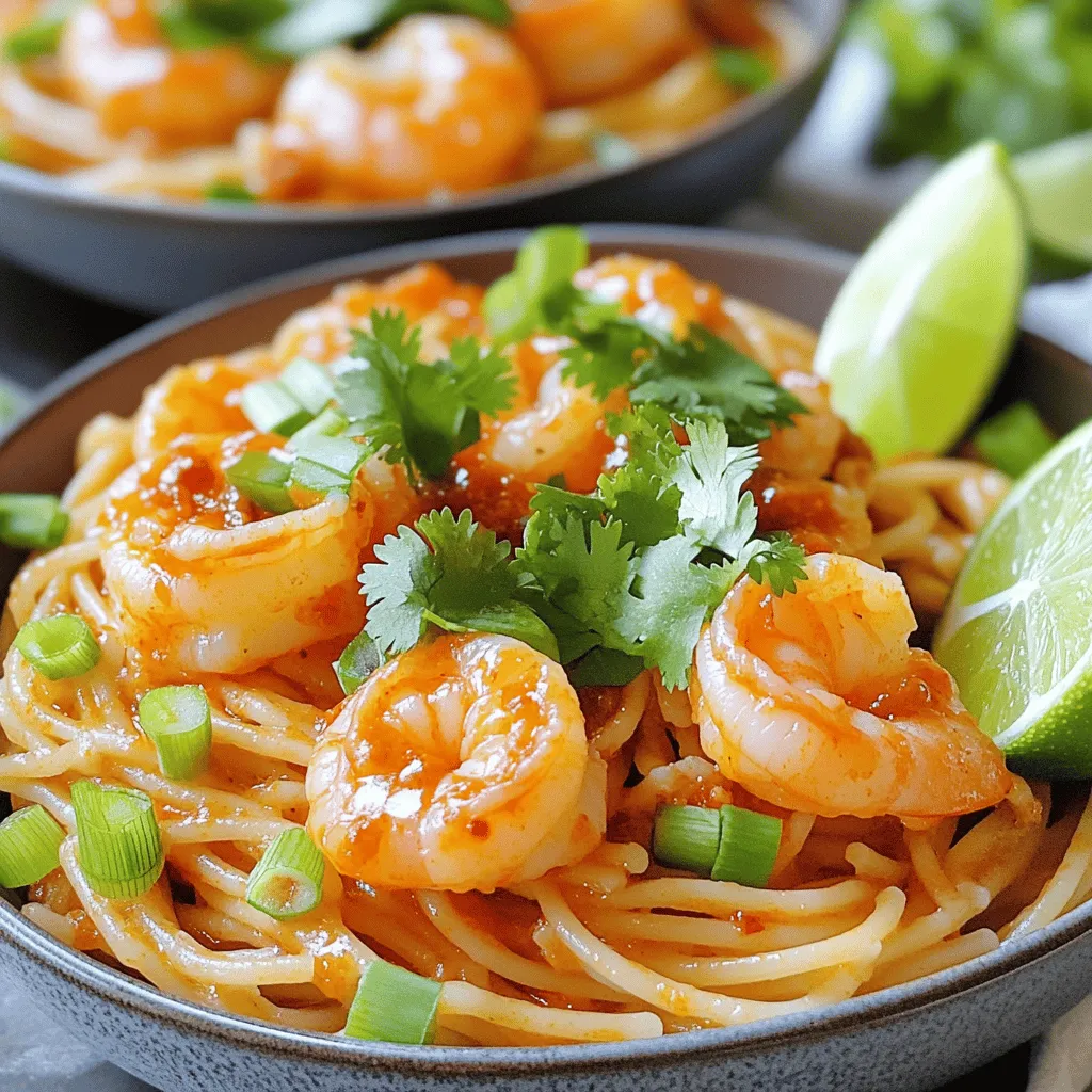 For this Sweet Chili Garlic Shrimp Pasta, you will need the following main ingredients: - 8 oz spaghetti or linguine - 1 lb large shrimp, peeled and deveined - 3 tablespoons olive oil - 4 cloves garlic, minced - ½ cup sweet chili sauce - 2 tablespoons soy sauce - 1 tablespoon fresh lime juice - Salt and pepper to taste These components create a flavorful base. The shrimp bring protein, while the pasta serves as the perfect canvas for the sauces. You might want to jazz up your dish with these optional ingredients: - 2 green onions, sliced (for garnish) - Fresh cilantro (for garnish) - Red pepper flakes for heat Adding red pepper flakes gives the dish a spicy kick. Green onions and cilantro add a fresh touch and color. Here’s what you can expect per serving: - Calories: Approximately 400 - Protein: About 25 grams - Fat: Roughly 15 grams This dish is a good balance of protein and carbs, making it a satisfying meal. It fits well into a wholesome diet. Start by filling a large pot with water. Add a good amount of salt to the water. Bring the water to a boil. Once boiling, add 8 ounces of spaghetti or linguine. Cook according to the package directions until it's al dente. This usually takes about 8 to 10 minutes. Stir the pasta a few times to keep it from sticking. When done, drain the pasta but save ½ cup of pasta water. Set the pasta aside while you prepare the shrimp. Next, take a large skillet and place it over medium-high heat. Pour in 3 tablespoons of olive oil. Allow the oil to warm up for a moment. Add 4 cloves of minced garlic to the skillet. Sauté the garlic for about 30 seconds until it smells nice. Now, add 1 pound of peeled and deveined shrimp. Season the shrimp with salt, pepper, and optional red pepper flakes for some heat. Cook the shrimp for 2 to 3 minutes on each side. They should turn pink and opaque when done. Once the shrimp are cooked, lower the heat. Stir in ½ cup of sweet chili sauce, 2 tablespoons of soy sauce, and 1 tablespoon of fresh lime juice. Mix well until the shrimp are fully coated in the sauce. Now, add the cooked pasta to the skillet. Toss everything together. If the sauce seems thick, add a splash of the reserved pasta water to loosen it. Cook for one more minute to heat everything through. Finally, take the skillet off the heat and garnish with sliced green onions and fresh cilantro. To adjust sweetness, add more or less sweet chili sauce. If you want it spicier, sprinkle in red pepper flakes. Taste as you go. This dish shines with balance. A splash of lime juice adds zest. Don’t be afraid to tweak flavors to make it yours. For perfectly cooked shrimp, heat your skillet before adding them. Cook shrimp for 2-3 minutes on each side. They should turn pink and opaque. For al dente pasta, follow package directions closely. Drain it but save some pasta water. This water helps mix the sauce later. Serve your pasta in shallow bowls for a nice look. Top it with extra cilantro and lime wedges. Add green onions for color. A sprinkle of red pepper flakes adds flair too. Use a fork to twirl the pasta, making it look inviting. Enjoy the beauty of your dish! {{image_2}} You can swap shrimp for other proteins to suit your taste. Chicken works great here. Just cut it into small pieces and cook it until it's no longer pink. Tofu is another good option. Use firm tofu, press it to remove water, and cube it. Sauté it until golden brown. Both options keep the dish tasty while fitting different diets. If you need a gluten-free option, use rice noodles instead of spaghetti. They cook quickly and soak up flavors well. For a low-carb meal, try zucchini noodles or spaghetti squash. They add a fresh twist and cut down on carbs. When using these alternatives, adjust the cooking time as needed for the best texture. Want to change up the taste? Add veggies like bell peppers, snap peas, or broccoli. Sauté them with garlic. They bring color and crunch to the dish. You can also try spices like ginger or curry powder for a unique flavor. Red pepper flakes can add heat, too. Just sprinkle them on top before serving for a spicy kick! You can store leftover Sweet Chili Garlic Shrimp Pasta in the fridge. Use an airtight container to keep it fresh. Make sure the pasta cools down to room temperature before sealing it. If you want to keep it longer, you can freeze it. Just place the pasta in a freezer-safe bag or container. Remove as much air as you can to prevent freezer burn. To reheat the pasta, use a skillet on low heat. Add a splash of water or oil to help the pasta warm up evenly. Stir gently until it's hot. You can also use the microwave. Place the pasta in a bowl with a damp paper towel on top. Heat for one minute, then check and stir. Repeat until warm. In the fridge, Sweet Chili Garlic Shrimp Pasta stays fresh for about three days. If frozen, it can last for up to three months. Just remember to label your containers with the date. This way, you can enjoy it later without worry. Yes, you can use frozen shrimp. Start by thawing them safely. Place the shrimp in a bowl of cold water for about 15-20 minutes. This method is quick and keeps the shrimp fresh. After thawing, drain the water and pat the shrimp dry with a paper towel. This helps the shrimp cook evenly and prevents them from being watery. Shrimp cook quickly. They change color from gray to pink as they cook. Look for them to curl into a C shape. If they curl tightly, they might be overcooked. Perfectly cooked shrimp should feel firm but not rubbery. Usually, they take about 2-3 minutes on each side. To enhance your meal, serve a fresh garden salad. The crisp veggies balance the sweet and spicy pasta. Garlic bread is another great option; it's perfect for soaking up extra sauce. For a light touch, consider steamed vegetables like broccoli or asparagus. They add color and nutrients to your plate. This recipe for Sweet Chili Garlic Shrimp Pasta offers simple steps and tasty choices. You learned about key ingredients, cooking techniques, and flavor tips to make your dish shine. I hope you feel confident to try your own spin with different proteins and flavors. With the right storage methods and reheating tips, your leftovers will taste great too. Enjoy your cooking journey and impress everyone with your skills!